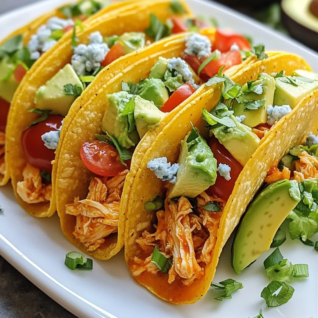 To make Buffalo Chicken Tacos, gather these ingredients: - 1 lb chicken breast, thoroughly cooked and shredded - 1/2 cup spicy buffalo sauce - 8 small corn tortillas - 1 cup finely shredded lettuce - 1/2 cup crumbled creamy blue cheese - 1/2 cup fresh diced tomatoes - 1/4 cup green onions, finely chopped - 1 ripe avocado, sliced into wedges - 1 tablespoon extra virgin olive oil - Salt and freshly cracked black pepper to taste - 1/4 cup ranch dressing (optional for drizzling) For the best flavor, I suggest using Frank's RedHot sauce for the buffalo sauce. It's spicy and perfect for tacos. For the cheese, look for Maytag blue cheese. It has a rich and creamy taste that pairs well with the spice. You can switch chicken with shredded rotisserie chicken for a quicker meal. If you want a vegetarian option, use crispy cauliflower or mushrooms instead of chicken. For a milder flavor, use a mild buffalo sauce or mix it with some ranch dressing. {{ingredient_image_2}} Start by cooking the chicken breast. You can boil, bake, or grill it. Once it’s fully cooked, shred the chicken into small pieces. Place the shredded chicken in a medium-sized mixing bowl. Pour in the spicy buffalo sauce. Toss the chicken well. Make sure every piece gets coated. This step is key for flavor. Next, heat one tablespoon of extra virgin olive oil in a skillet over medium heat. When the oil is hot, add the buffalo chicken mixture to the skillet. Sauté the chicken for about 3 to 5 minutes. You want it heated through and fragrant. Taste the mixture and add salt and freshly cracked black pepper to your liking. While the chicken cooks, warm the small corn tortillas. You can do this in a separate skillet or in the microwave for about 30 seconds. Once warm, place a generous scoop of buffalo chicken in the center of each tortilla. Pile it high for maximum flavor! Now, add the toppings. Start with shredded lettuce, then crumbled blue cheese, diced tomatoes, chopped green onions, and avocado slices. Each layer adds color and taste. If you want, drizzle some ranch dressing for a creamy touch. Finally, fold each tortilla over, encasing all that deliciousness. Enjoy your tasty buffalo chicken tacos! To coat the chicken well, use a large bowl. Add the shredded chicken first. Pour in the buffalo sauce next. Mix it gently but thoroughly. You want each piece to soak up that spicy flavor. If you like it hot, add more buffalo sauce. For a milder taste, use less. Always taste before you serve. Adjust the salt and pepper to your liking. This step is key for tasty tacos. Warm tortillas make for better tacos. You can use a skillet or microwave. In a skillet, set the heat to low. Place tortillas one by one, warming each for about 30 seconds. They should be soft and easy to fold. In the microwave, stack them and cover with a damp paper towel. Heat for about 30 seconds. Either way works well. Warm tortillas keep the fillings from falling out. When serving, presentation matters. Use a big platter for your tacos. Arrange toppings in small bowls. This lets everyone customize their tacos. Add fresh lime wedges for a zesty touch. They bring a bright flavor that pairs well with buffalo sauce. You can also drizzle ranch dressing on top for creaminess. Fresh ingredients like diced tomatoes and chopped green onions add color and crunch. These small touches make a big difference in taste and look. Pro Tips Use Homemade Buffalo Sauce: For an extra layer of flavor, consider making your own buffalo sauce using hot sauce, butter, and a splash of vinegar. This allows you to customize the heat level to your liking. Rest the Chicken: After cooking and shredding the chicken, let it rest for a few minutes before mixing it with the buffalo sauce. This helps the chicken retain moisture and enhances the overall texture. Warm Tortillas Properly: To avoid tearing, warm your corn tortillas in a dry skillet rather than a microwave. This helps maintain their structure and adds a slight toasty flavor. Garnish Creatively: Elevate your tacos by adding unique garnishes such as pickled red onions or jalapeños for an extra kick. These add both flavor and visual appeal to your dish! {{image_4}} You can choose between spicy and mild buffalo sauce for your tacos. If you love heat, go for a hot sauce. It adds a fiery kick. For those who prefer less spice, opt for a mild buffalo sauce. This way, you still enjoy the flavors without overwhelming heat. You can also mix both sauces for a balanced taste. This creates a unique flavor that pleases everyone. You don’t need chicken to enjoy buffalo tacos. Try using cauliflower or mushrooms instead. Cauliflower gives you a great texture when roasted. Simply toss the florets in buffalo sauce, then roast until crispy. Mushrooms can absorb flavors well, making them perfect for a savory taco. Just sauté them with buffalo sauce for a quick option. Both choices are tasty and filling. Toppings can elevate your buffalo chicken tacos. Consider adding jalapeños for an extra spice boost. Fresh cilantro adds a nice herbal note to the dish. You can also add sour cream for creaminess. Feel free to explore your favorite toppings, like diced red onions or shredded cheese. Each addition adds new flavors and textures to your meal. Experiment to find your perfect combination! To keep leftover buffalo chicken tasty, place it in an airtight container. Make sure it cools down first. Store it in the fridge for up to three days. Use it for tacos, salads, or sandwiches. If you notice any off smell, it’s best to toss it. You can freeze cooked tacos for future meals. Wrap each taco tightly in plastic wrap. Then, place them in a freezer-safe bag. They can last for about three months in the freezer. When you are ready to eat, let them thaw overnight in the fridge. For the best flavor when reheating, avoid the microwave if possible. Instead, use a skillet over medium heat. Heat the tacos for about 5-7 minutes until warm. This keeps the tortillas crispy. If you must use a microwave, heat them in 30-second bursts to prevent sogginess. Yes, you can prepare buffalo chicken tacos in advance. Cook the chicken and mix it with the buffalo sauce. Place the chicken in the fridge for up to two days. When ready to serve, warm the chicken in a skillet. Heat your tortillas, and assemble the tacos right before eating. This way, you keep the flavors fresh and vibrant. Buffalo chicken tacos go great with many side dishes. Here are some tasty options: - Corn on the cob: Sweet and crunchy, it balances the flavors. - Mexican rice: Fluffy and flavorful, it complements the spices. - Black bean salad: A fresh, protein-rich option that adds color. - Chips and salsa: A fun, crunchy side that everyone loves. - Guacamole: Creamy, smooth, and adds a rich taste. You can easily change the spice level in buffalo chicken tacos. To make them milder, use a less spicy buffalo sauce or mix in some ranch dressing. If you prefer more heat, add fresh jalapeños or a hotter sauce. Taste the chicken after cooking, and adjust as needed. This way, everyone can enjoy their tacos just the way they like! Buffalo chicken tacos are fun and tasty. We explored key ingredients, easy steps, and great tips. You can use different sauces, try veggie options, and even store leftovers with care. Remember, making food is all about joy and creativity. Don’t be afraid to mix flavors and find what you love. Dive in and savor every bite!