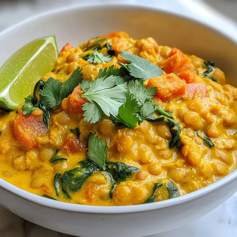 To make a tasty vegan coconut lentil curry, you will need the following: - 1 cup red lentils, well-rinsed - 1 can (13.5 oz) creamy coconut milk - 2 cups vegetable broth - 1 medium onion, finely chopped - 3 cloves garlic, minced - 1 inch fresh ginger, peeled and grated - 1 medium carrot, diced into small cubes - 1 bell pepper (your choice of color), diced - 2 cups fresh spinach leaves, washed - 1 tablespoon curry powder - 1 teaspoon ground cumin - 1 teaspoon ground turmeric - 1 tablespoon extra virgin olive oil - Salt and freshly cracked pepper to taste These ingredients create a rich, creamy flavor. The lentils provide protein and fiber. The coconut milk adds creaminess, while the spices bring warmth and depth. To elevate your dish, consider these garnishes: - Fresh cilantro leaves for a burst of freshness - Lime wedges to add zest and balance the flavors Serving suggestions include fluffy basmati rice or crusty bread. Both options soak up the curry well and enhance the meal. You can swap some ingredients if needed: - Use green or brown lentils instead of red lentils. - Substitute coconut milk with almond or oat milk for a lighter dish. - For a spicier kick, add chili powder or fresh chili peppers. Feel free to mix and match based on what you have. These swaps help personalize the curry to your taste. {{ingredient_image_2}} Start by rinsing 1 cup of red lentils until the water runs clear. This step removes dust and debris. Next, chop 1 medium onion finely. Mince 3 cloves of garlic and grate 1 inch of fresh ginger. Dice 1 medium carrot and 1 bell pepper into small cubes. These veggies add color and taste to your curry. In a large pot, heat 1 tablespoon of extra virgin olive oil over medium heat. Once the oil shimmers, add the chopped onion. Sauté for about 5 minutes, or until the onion is soft and translucent. Then, add the minced garlic and grated ginger. Cook for 1 more minute. The smell will be amazing! Now, it's time to add the diced carrot and bell pepper to the pot. Cook these for 3 to 4 minutes, until they begin to soften. Next, sprinkle in 1 tablespoon of curry powder, 1 teaspoon of ground cumin, and 1 teaspoon of ground turmeric. Stir the spices well into the vegetables. This step is key, as it helps the spices release their flavors. Pour in the rinsed lentils, 1 can of creamy coconut milk, and 2 cups of vegetable broth. Stir everything together until well mixed. Bring the mixture to a gentle boil. After it boils, reduce the heat to low and cover the pot. Let it simmer for 20 to 25 minutes. Stir occasionally to keep the lentils from sticking. Once the lentils are tender, fold in 2 cups of fresh spinach leaves. Stir until the spinach wilts slightly. This adds a nice green touch and extra nutrients. Season your curry with salt and freshly cracked pepper to taste. Serve the curry hot in deep bowls. Garnish with fresh cilantro leaves. Add lime wedges on the side for a zesty kick. For a complete meal, pair it with fluffy basmati rice or crusty bread. Enjoy this flavorful and simple vegan coconut lentil curry! To boost the flavor of your curry, start with fresh ingredients. Use ripe vegetables and herbs. Fresh ginger and garlic add a strong taste. You can also add a pinch of salt while cooking. This helps the flavors meld together. For extra depth, try a splash of lime juice. This adds brightness and balances the richness of coconut milk. You can also play with spices. Adding a bit more curry powder or cumin can change the flavor profile. Cooking lentils right is key for a great curry. Rinse your lentils well before cooking. This removes any dust or impurities. When you add them to the pot, make sure they are submerged in liquid. This helps them cook evenly. Keep the heat low once it simmers. Stir occasionally to prevent sticking. Cook until they are tender but not mushy. This usually takes about 20 to 25 minutes. For a beautiful presentation, serve the curry in deep bowls. Ladle the creamy curry generously. Add a bright sprinkle of fresh cilantro on top. You can also place a wedge of lime beside it. This adds color and invites people to squeeze it over their dish. For a complete meal, serve with fluffy basmati rice or warm bread. This gives a nice contrast to the creamy curry. An appealing dish makes every bite more enjoyable! Pro Tips Soak Lentils: For extra creaminess and quicker cooking, soak the red lentils for about 30 minutes before rinsing and adding them to the pot. Adjust Spice Levels: If you prefer a spicier curry, consider adding a pinch of cayenne pepper or some chopped fresh chili along with the other spices. Flavor Enhancement: For a deeper flavor, add a splash of soy sauce or tamari during the simmering stage. Storage Tips: This curry can be stored in an airtight container in the fridge for up to 4 days, and it freezes well for up to 3 months. {{image_4}} To make your coconut lentil curry spicy, add some heat. You can use red chili flakes or fresh chili peppers. Start with a small amount. Taste and adjust until it’s just right for you. Spice can enhance flavors and make each bite exciting. I also like to add fresh jalapeños for a zesty kick. You can boost the nutrition of your curry by adding more veggies. Think about adding zucchini, sweet potatoes, or peas. These veggies add color and texture. They also provide vitamins and minerals. Just chop them into small pieces for even cooking. Add them when you sauté the onions. This way, they will cook perfectly and blend well with the lentils. If you want more protein, consider adding tofu or tempeh. Cut them into cubes and sauté them before adding the lentils. You can also use chickpeas for a delicious twist. They add a nice texture and complement the curry well. These options make the meal more filling and satisfying. After you enjoy your Vegan Coconut Lentil Curry, save any leftovers. Let the curry cool first. Use an airtight container to keep it fresh. Store it in the fridge for up to four days. Make sure to label the container with the date. This way, you know when you made it! When you are ready to eat the leftovers, reheating is key. Pour the curry into a pot over low heat. Stir often to prevent sticking. You may need to add a splash of water or broth. This helps get the right consistency again. If you use the microwave, cover it with a lid. Heat in short bursts, stirring in between. This keeps the flavor rich and creamy. Freezing is great for meal prep. To freeze, let the curry cool completely. Then, pour it into freezer-safe bags or containers. Be sure to leave some space for expansion. Label the bags with the date and type of dish. You can freeze it for up to three months. When ready to enjoy, thaw it in the fridge overnight. Reheat as mentioned before for the best taste. Lentils are very good for you. They are high in protein and fiber. This helps keep you full and satisfied. Lentils also have many vitamins and minerals. They contain iron, which boosts energy. Folate in lentils is great for your heart. Eating lentils can help with digestion too. Plus, they are low in fat, making them a healthy choice. Yes, you can make this curry ahead of time. It tastes even better the next day. Just let it cool down before you store it. Place it in an airtight container in the fridge. It will stay fresh for up to four days. When you're ready to eat, just reheat it on the stove or in the microwave. Coconut milk adds creaminess and flavor to the curry. While you can use other milk, coconut milk gives a unique taste. If you don’t have it, almond or soy milk can work. However, the texture may change. For best results, stick with coconut milk. To change the spice level, you can add or reduce spices. If you like it hot, add more curry powder or some chili flakes. For a milder curry, cut back on these spices. You can also add a touch of sugar. This helps balance the heat and makes the dish tasty. This blog post covered how to make a tasty vegan coconut lentil curry. We explored essential ingredients, step-by-step cooking instructions, and useful tips. I shared ways to add flavor, enhance nutrition, and present your dish beautifully. You also learned how to store leftovers and answered common questions about the recipe. I hope you feel ready to create this delightful dish. Enjoy cooking and savor every bite!