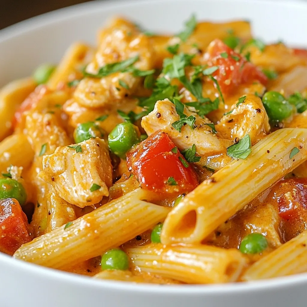 - 12 oz pasta (penne or fettuccine) - 1 cup diced tomatoes (fresh or canned) - 1 cup heavy cream - 2 cups vegetable broth To make this dish, you need a few key items. Start with 12 oz of your favorite pasta. Penne or fettuccine works best. Choose 1 cup of either fresh or canned diced tomatoes to add flavor. You also need 1 cup of heavy cream for that rich texture. Finally, grab 2 cups of vegetable broth to cook the pasta and give it extra taste. - 2 teaspoons Cajun seasoning - 1 teaspoon smoked paprika - Salt and black pepper to taste Spices make this dish pop! You will use 2 teaspoons of Cajun seasoning for that classic kick. Add 1 teaspoon of smoked paprika for depth. Don’t forget to season with salt and black pepper to taste. Adjust these to match your flavor preference. - 1 cup cooked chicken, diced - 1 cup frozen peas - Fresh parsley for garnish Want to make it heartier? Add 1 cup of cooked diced chicken. It adds protein and flavor. Frozen peas are a great choice too; just toss in 1 cup for some color and texture. Lastly, use fresh parsley to garnish your dish. It makes it look nice and adds a fresh taste. {{ingredient_image_2}} Heat one tablespoon of olive oil in a large pot over medium heat. Add one diced onion. Sauté it for about 2-3 minutes until it softens and turns translucent. Then, stir in two minced garlic cloves and one diced bell pepper. Cook for another 2 minutes. The garlic will become fragrant, and the flavors will blend nicely. Now, it’s time to add the fun stuff. Toss in 12 ounces of your choice of pasta, one cup of diced tomatoes, one cup of heavy cream, and two cups of vegetable broth. Sprinkle in two teaspoons of Cajun seasoning, one teaspoon of smoked paprika, half a teaspoon of salt, and half a teaspoon of black pepper. Stir everything to combine well. Raise the heat until your mixture reaches a gentle boil. Lower the heat to simmer. Cover your pot with a lid and let it cook for 12-15 minutes. Make sure to stir occasionally. This helps your pasta cook evenly and keeps it from sticking. With about 3 minutes left to cook, mix in one cup of cooked chicken, diced (if you’re using it), and one cup of frozen peas. Stir gently to incorporate them. This warms them through without overcooking the pasta. Once the pasta is tender and the sauce is creamy, take the pot off the heat. Stir in 1/4 cup of grated Parmesan cheese. This will add a rich, creamy texture to your dish. Make sure it melts in smoothly. Before serving, taste your creamy Cajun pasta. Adjust the seasoning as needed by adding more salt or pepper. This step ensures that every bite is just right. To make your One-Pot Creamy Cajun Pasta great, follow a few simple tips. First, stir the pasta often while it cooks. This helps avoid any sticking. Keep the heat low as it simmers. This way, the pasta cooks evenly. If you notice the pasta sticking, add a splash of broth or water. This keeps it creamy and smooth. Presentation matters when serving your dish. Use shallow bowls to serve the pasta. This makes it look nice and inviting. Drizzle a bit of olive oil on top for extra flavor and shine. For a colorful touch, add a slice of lemon or a sprinkle of red chili flakes. This adds both color and a bit of heat. Want to kick up the flavor? Here are some ideas. For more heat, add diced jalapeños or a dash of hot sauce. If you like a zesty twist, try squeezing fresh lemon juice on top. You can also mix in some fresh herbs, like basil or cilantro. These will brighten up the dish and add more layers of flavor. Pro Tips Choose Your Pasta Wisely: Opt for pasta shapes that hold sauce well, like penne or fettuccine, to maximize flavor in every bite. Enhance Flavor Depth: Consider adding a splash of white wine along with the vegetable broth for an extra layer of flavor that complements the Cajun spices. Perfect Creaminess: For an even creamier sauce, use half-and-half instead of heavy cream, or mix in a bit of cream cheese while stirring in the Parmesan. Fresh Herbs Matter: Use fresh parsley as a garnish, as it brightens the dish and adds a fresh burst of flavor that dried herbs can't replicate. {{image_4}} If you want a meat-free dish, you can easily switch things up. Just substitute the chicken with tasty mushrooms or add more peas. Mushrooms bring a nice umami flavor, while peas add a sweet crunch. You can use 1 cup of diced mushrooms or 1 ½ cups of peas. This change keeps it hearty and satisfying. For a creamy dish without dairy, use coconut milk or cashew cream. Coconut milk gives a rich taste and a hint of sweetness. Cashew cream adds a nutty flavor and smooth texture. Simply replace the heavy cream with 1 cup of either option. This makes the dish light yet creamy. Do you love heat? You can spice up your creamy Cajun pasta by adding diced jalapeños or a splash of hot sauce. Start with one diced jalapeño and adjust to your taste. If you prefer hot sauce, add it a little at a time until it reaches your desired heat level. This twist adds a kick that will warm you up! You can store leftovers in the fridge for up to 3 days. Make sure to put them in an airtight container. This helps keep the pasta fresh and tasty. If you plan to eat them later, let them cool first before sealing. When reheating, do it slowly. Put the pasta in a pot on low heat. Add a splash of water or broth to keep it moist. Stir often. This method helps prevent overcooking and keeps the creamy sauce smooth. To freeze, let the pasta cool completely. Then, put it in a freezer-safe container. It can last up to 2 months in the freezer. When you want to eat it, thaw in the fridge overnight. Reheat gently on the stove, adding a bit of liquid to restore creaminess. Yes, you can use other pasta types! Some great options include rotini, farfalle, or even spaghetti. Just keep in mind that cooking times may vary. Always check the package instructions for the best results. To make this dish gluten-free, choose gluten-free pasta. Many brands offer good options made from rice, quinoa, or chickpeas. Adjust the cooking time as needed, since gluten-free pasta can cook faster. If you want more heat, try adding red pepper flakes or diced jalapeños. You can also increase the Cajun seasoning. For a smoky flavor, add more smoked paprika. Always taste as you go to find the perfect balance. Absolutely! To double the recipe, simply double all the ingredients. Make sure you have a large enough pot. Keep an eye on the cooking time, as it may take a few extra minutes to cook the pasta. This recipe teaches you how to make a creamy pasta dish. You start with basic pasta and add fresh ingredients and spices. Optional add-ins like chicken and peas boost flavor and nutrition. Remember to adjust seasonings for your taste. You can also change the dish to fit your needs with variations and storage tips. Try this dish for a comforting meal any day. Enjoy creating your own version!