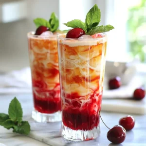 To make Iced Cherry Chai, you need the following items: - 2 cups water - 2 tablespoons loose black tea or 2 black tea bags - 1 tablespoon chai spice blend (cinnamon, cardamom, ginger, cloves) - 1 cup fresh or frozen cherries, pitted - 1/4 cup honey or maple syrup (adjust to taste) - 1 cup milk (dairy or non-dairy like almond or oat milk) - Ice cubes - Fresh mint leaves, for garnish You can swap some ingredients if needed: - Use green tea instead of black tea for a lighter taste. - Substitute agave syrup for honey or maple syrup for a vegan option. - Try coconut milk for a tropical twist. - If you don&rsquo;t have cherries, use raspberries or strawberries as a fun alternative. Choosing quality ingredients makes a big difference: - Pick fresh cherries when in season for the best flavor. - Select a good quality black tea for a rich base. - For spices, use whole spices when possible. They provide a stronger taste. - Always choose organic or local products when you can. This supports sustainability and adds great flavor. {{ingredient_image_2}} Start by boiling 2 cups of water in a medium saucepan. Once it boils, add 2 tablespoons of loose black tea or 2 black tea bags. Then, mix in 1 tablespoon of chai spice blend. Let this steep for 5 to 7 minutes. It should smell great! This step gives your chai a rich flavor. In a separate small saucepan, pit your cherries. Use 1 cup of fresh or frozen cherries. Add them to the saucepan with a quarter cup of honey or maple syrup. Pour in a splash of water to help. Heat this gently on medium heat for about 5 to 7 minutes. Stir it occasionally. The cherries will soften and create a lovely sauce. After steeping, strain the chai into a pitcher. Allow it to cool for about 10 to 15 minutes. Once it&rsquo;s cool, mix the cherry sauce into the chai, stirring well. Adjust the sweetness if needed. To serve, take a tall glass and fill it with ice cubes. Pour the cherry chai mixture over the ice, filling it about three-quarters full. Top it off with your choice of milk. Stir lightly to blend. For a nice finish, garnish with fresh mint leaves. Enjoy your refreshing Iced Cherry Chai! When making iced cherry chai, avoid these common mistakes: - Oversteeping the Tea: Steep your tea for only 5-7 minutes. Longer brewing can make it bitter. - Ignoring Sweetness: Taste your drink before serving. Adjust the sweetness to your liking. - Missing Ice: Don&rsquo;t forget to add enough ice. It keeps your drink cold and refreshing. To make your iced cherry chai even better, try these tips: - Add Citrus: A splash of lemon or lime juice brightens the flavors. - Spice It Up: Add a pinch of nutmeg or star anise to your chai spice blend for extra warmth. - Use Different Sweeteners: Experiment with agave nectar or brown sugar instead of honey. For a stunning iced cherry chai, follow these steps: - Use Clear Glasses: Show off the lovely colors and layers of your drink. - Garnish with Fresh Mint: Place mint leaves on top. They add a pop of color and fresh aroma. - Top with a Cherry: Add a cherry on top for a fun and vibrant touch. These tips will help you create a delicious and visually appealing iced cherry chai that everyone will love! Pro Tips Use High-Quality Tea: Opt for loose leaf black tea for a richer flavor compared to tea bags. Adjust Sweetness to Taste: Start with less sweetener and gradually add more until you achieve your desired taste. Experiment with Spices: Feel free to adjust the chai spice blend to suit your preferences, adding more cinnamon or cardamom as desired. Chill the Tea Properly: Ensure the brewed tea cools completely before mixing with the cherry sauce for the best flavor integration. {{image_4}} You can choose different milks for your Iced Cherry Chai. Dairy milk gives a rich flavor. Almond milk adds a nutty twist. Oat milk is creamy and slightly sweet. Coconut milk makes it tropical. Soy milk is a great choice for a protein boost. Each option changes the drink's taste and texture. Try them all to find your favorite! Fruits can brighten up your Iced Cherry Chai. In summer, use fresh raspberries or peaches. They add a burst of flavor and color. In fall, think about using apples. They pair well with chai spices. In winter, pomegranate seeds offer a tart kick. These seasonal fruits keep the drink exciting all year round! Adding herbs and spices can enhance your Iced Cherry Chai. Fresh mint leaves give a cool touch. Basil adds a sweet, aromatic flavor. For a spicy twist, try a pinch of cayenne or black pepper. You can also add a little vanilla or almond extract for depth. These additions create a unique drink that surprises the taste buds. After making your cherry sauce, let it cool. Place it in an airtight container. You can store it in the fridge for up to one week. For longer storage, freeze it in small portions. This way, you can use it in other recipes or drinks later. If you have leftover brewed tea, cool it to room temperature first. Pour it into a clean, airtight container. Keep it in the fridge for up to three days. When ready to use, check the flavor and smell. If it seems off, it's best to make a fresh batch. Once you make your Iced Cherry Chai, it's best to drink it fresh. If you have leftovers, store them in the fridge. Use a sealed bottle or jar to keep it cold. Enjoy within two days for the best taste. When ready to drink, add a few fresh ice cubes. This helps keep it nice and cool. Iced Cherry Chai is a refreshing drink made from black tea and cherries. It combines the warm flavors of chai spices with sweet cherries. The drink is served cold, making it perfect for hot days. You brew black tea, add chai spices, and mix it with a cherry sauce. Finally, you pour it over ice and add milk. You can customize your Iced Cherry Chai in many ways. Here are some ideas: - Sweeteners: Use honey, maple syrup, or even agave for sweetness. - Milk Options: Choose dairy, almond, oat, or coconut milk based on your taste. - Spices: Try adding nutmeg or vanilla for a unique flavor twist. - Fruits: Replace cherries with strawberries, raspberries, or peaches for different tastes. - Herbs: Add fresh basil or rosemary for a herbal touch. Iced Cherry Chai offers several health benefits: - Antioxidants: Black tea is rich in antioxidants, which help fight free radicals in your body. - Cherries: They are full of vitamins and can reduce inflammation. - Spices: Chai spices like ginger and cinnamon can aid digestion and boost metabolism. - Hydration: This drink keeps you hydrated, especially during warm weather. You can find Cherry Chai ingredients in many places: - Grocery Stores: Most supermarkets carry black tea, chai spices, and cherries. - Health Food Stores: Look for organic cherries and specialty spices here. - Online: Websites like Amazon or local delivery services offer all these items. - Farmers&rsquo; Markets: Fresh, seasonal cherries and local honey can often be found here. You now have all the tools to create a delicious Iced Cherry Chai. We covered the best ingredients, tips for brewing, and ways to enhance flavor. I shared common mistakes to avoid and fun variations to try. Finally, I included storage tips so you enjoy every drop. Remember, experimenting will help you find your perfect blend. Enjoy your drink, and share it with friends!