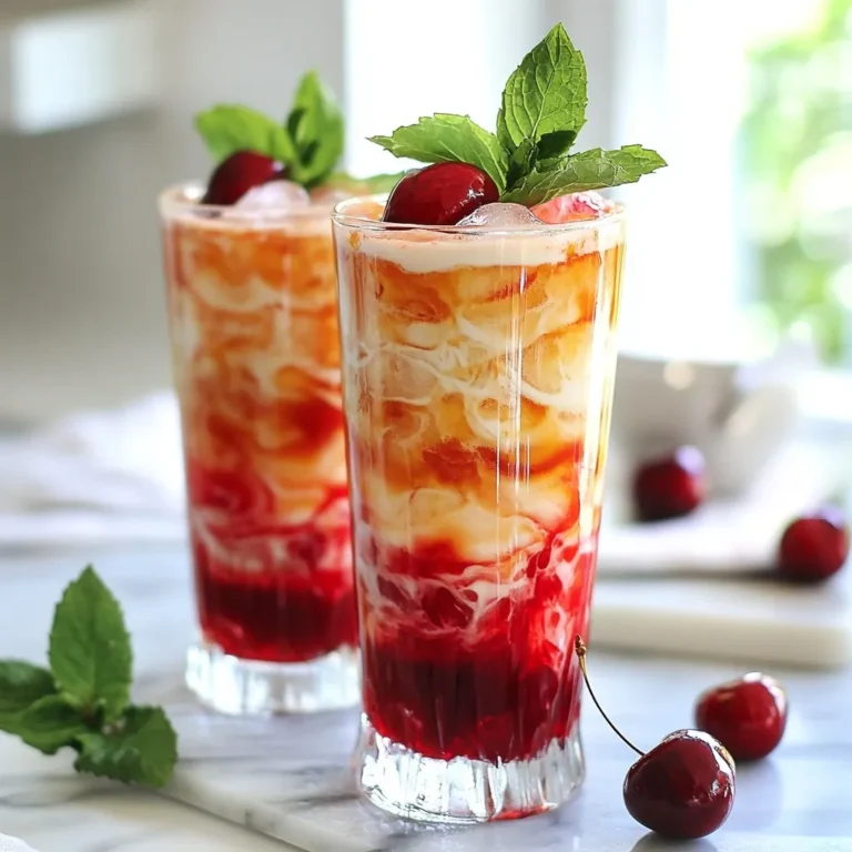 To make Iced Cherry Chai, you need the following items: - 2 cups water - 2 tablespoons loose black tea or 2 black tea bags - 1 tablespoon chai spice blend (cinnamon, cardamom, ginger, cloves) - 1 cup fresh or frozen cherries, pitted - 1/4 cup honey or maple syrup (adjust to taste) - 1 cup milk (dairy or non-dairy like almond or oat milk) - Ice cubes - Fresh mint leaves, for garnish You can swap some ingredients if needed: - Use green tea instead of black tea for a lighter taste. - Substitute agave syrup for honey or maple syrup for a vegan option. - Try coconut milk for a tropical twist. - If you don’t have cherries, use raspberries or strawberries as a fun alternative. Choosing quality ingredients makes a big difference: - Pick fresh cherries when in season for the best flavor. - Select a good quality black tea for a rich base. - For spices, use whole spices when possible. They provide a stronger taste. - Always choose organic or local products when you can. This supports sustainability and adds great flavor. {{ingredient_image_2}} Start by boiling 2 cups of water in a medium saucepan. Once it boils, add 2 tablespoons of loose black tea or 2 black tea bags. Then, mix in 1 tablespoon of chai spice blend. Let this steep for 5 to 7 minutes. It should smell great! This step gives your chai a rich flavor. In a separate small saucepan, pit your cherries. Use 1 cup of fresh or frozen cherries. Add them to the saucepan with a quarter cup of honey or maple syrup. Pour in a splash of water to help. Heat this gently on medium heat for about 5 to 7 minutes. Stir it occasionally. The cherries will soften and create a lovely sauce. After steeping, strain the chai into a pitcher. Allow it to cool for about 10 to 15 minutes. Once it’s cool, mix the cherry sauce into the chai, stirring well. Adjust the sweetness if needed. To serve, take a tall glass and fill it with ice cubes. Pour the cherry chai mixture over the ice, filling it about three-quarters full. Top it off with your choice of milk. Stir lightly to blend. For a nice finish, garnish with fresh mint leaves. Enjoy your refreshing Iced Cherry Chai! When making iced cherry chai, avoid these common mistakes: - Oversteeping the Tea: Steep your tea for only 5-7 minutes. Longer brewing can make it bitter. - Ignoring Sweetness: Taste your drink before serving. Adjust the sweetness to your liking. - Missing Ice: Don’t forget to add enough ice. It keeps your drink cold and refreshing. To make your iced cherry chai even better, try these tips: - Add Citrus: A splash of lemon or lime juice brightens the flavors. - Spice It Up: Add a pinch of nutmeg or star anise to your chai spice blend for extra warmth. - Use Different Sweeteners: Experiment with agave nectar or brown sugar instead of honey. For a stunning iced cherry chai, follow these steps: - Use Clear Glasses: Show off the lovely colors and layers of your drink. - Garnish with Fresh Mint: Place mint leaves on top. They add a pop of color and fresh aroma. - Top with a Cherry: Add a cherry on top for a fun and vibrant touch. These tips will help you create a delicious and visually appealing iced cherry chai that everyone will love! Pro Tips Use High-Quality Tea: Opt for loose leaf black tea for a richer flavor compared to tea bags. Adjust Sweetness to Taste: Start with less sweetener and gradually add more until you achieve your desired taste. Experiment with Spices: Feel free to adjust the chai spice blend to suit your preferences, adding more cinnamon or cardamom as desired. Chill the Tea Properly: Ensure the brewed tea cools completely before mixing with the cherry sauce for the best flavor integration. {{image_4}} You can choose different milks for your Iced Cherry Chai. Dairy milk gives a rich flavor. Almond milk adds a nutty twist. Oat milk is creamy and slightly sweet. Coconut milk makes it tropical. Soy milk is a great choice for a protein boost. Each option changes the drink's taste and texture. Try them all to find your favorite! Fruits can brighten up your Iced Cherry Chai. In summer, use fresh raspberries or peaches. They add a burst of flavor and color. In fall, think about using apples. They pair well with chai spices. In winter, pomegranate seeds offer a tart kick. These seasonal fruits keep the drink exciting all year round! Adding herbs and spices can enhance your Iced Cherry Chai. Fresh mint leaves give a cool touch. Basil adds a sweet, aromatic flavor. For a spicy twist, try a pinch of cayenne or black pepper. You can also add a little vanilla or almond extract for depth. These additions create a unique drink that surprises the taste buds. After making your cherry sauce, let it cool. Place it in an airtight container. You can store it in the fridge for up to one week. For longer storage, freeze it in small portions. This way, you can use it in other recipes or drinks later. If you have leftover brewed tea, cool it to room temperature first. Pour it into a clean, airtight container. Keep it in the fridge for up to three days. When ready to use, check the flavor and smell. If it seems off, it's best to make a fresh batch. Once you make your Iced Cherry Chai, it's best to drink it fresh. If you have leftovers, store them in the fridge. Use a sealed bottle or jar to keep it cold. Enjoy within two days for the best taste. When ready to drink, add a few fresh ice cubes. This helps keep it nice and cool. Iced Cherry Chai is a refreshing drink made from black tea and cherries. It combines the warm flavors of chai spices with sweet cherries. The drink is served cold, making it perfect for hot days. You brew black tea, add chai spices, and mix it with a cherry sauce. Finally, you pour it over ice and add milk. You can customize your Iced Cherry Chai in many ways. Here are some ideas: - Sweeteners: Use honey, maple syrup, or even agave for sweetness. - Milk Options: Choose dairy, almond, oat, or coconut milk based on your taste. - Spices: Try adding nutmeg or vanilla for a unique flavor twist. - Fruits: Replace cherries with strawberries, raspberries, or peaches for different tastes. - Herbs: Add fresh basil or rosemary for a herbal touch. Iced Cherry Chai offers several health benefits: - Antioxidants: Black tea is rich in antioxidants, which help fight free radicals in your body. - Cherries: They are full of vitamins and can reduce inflammation. - Spices: Chai spices like ginger and cinnamon can aid digestion and boost metabolism. - Hydration: This drink keeps you hydrated, especially during warm weather. You can find Cherry Chai ingredients in many places: - Grocery Stores: Most supermarkets carry black tea, chai spices, and cherries. - Health Food Stores: Look for organic cherries and specialty spices here. - Online: Websites like Amazon or local delivery services offer all these items. - Farmers’ Markets: Fresh, seasonal cherries and local honey can often be found here. You now have all the tools to create a delicious Iced Cherry Chai. We covered the best ingredients, tips for brewing, and ways to enhance flavor. I shared common mistakes to avoid and fun variations to try. Finally, I included storage tips so you enjoy every drop. Remember, experimenting will help you find your perfect blend. Enjoy your drink, and share it with friends!