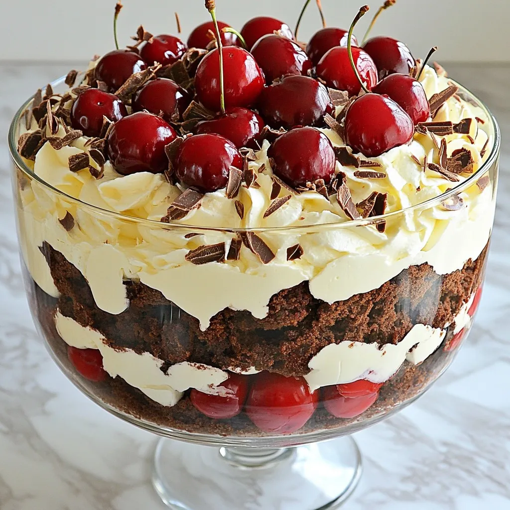- 2 cups crumbled chocolate cake - 2 cups fresh cherries, pitted and sliced in half - 2 cups whipped cream or non-dairy whipped topping - 1 cup mascarpone cheese - 1/2 cup powdered sugar - 1 teaspoon vanilla extract - 1/2 cup chocolate shavings or chips - 1 tablespoon cherry juice (optional) This Black Forest Trifle is a delight. It layers flavors that make your taste buds sing. You start with soft, crumbled chocolate cake. This cake can be store-bought or homemade. Next, you add fresh cherries. Their bright taste pairs well with chocolate. The whipped cream brings lightness to the dish. You can use regular or non-dairy whipped topping. Mascarpone cheese adds creaminess. The powdered sugar sweetens the mixture. Vanilla extract brings warmth and depth. You can sprinkle chocolate shavings or chips on top. They add a nice crunch and visual appeal. If you want, you can soak the cake with cherry juice. This step enhances the chocolate flavor and makes it even more delicious. Gather your ingredients, and let’s create this decadent dessert! {{ingredient_image_2}} To start, gather your ingredients. In a mixing bowl, combine: - 1 cup mascarpone cheese - 1/2 cup powdered sugar - 1 teaspoon vanilla extract Next, use an electric mixer or whisk. Blend these ingredients until you get a smooth and creamy mix. This step is key for a rich flavor. In another bowl, whip 2 cups of cream. Beat it until you see soft peaks form. This means the cream holds its shape but is still fluffy. Now, gently fold the whipped cream into the mascarpone mixture. Use a spatula to combine them. Be careful not to deflate the airy cream. This will keep your trifle light and creamy. Let’s layer our trifle! Start with 2 cups of crumbled chocolate cake. You can use store-bought or homemade cake. Place a sturdy layer at the bottom of a glass dish or individual cups. Next, add a generous dollop of the mascarpone mixture. Spread it evenly over the cake. Then, add a layer of 2 cups of fresh cherries, pitted and sliced in half. Scatter them evenly on top of the cream layer. Repeat the layers. Start with more crumbled cake, then cream, and finally cherries again. Keep layering until you reach the top of your dish. Finish with a final layer of the cream mixture. For a lovely touch, sprinkle chocolate shavings or chips on top. You can also add a few whole cherries as decoration. Refrigerate the trifle for at least 2 hours. This chill time helps the flavors blend and the layers set perfectly. Enjoy every delicious bite! To soak the cake effectively, drizzle cherry juice over the crumbled chocolate cake. Use about one tablespoon of cherry juice for every two cups of cake. Let it soak for a few minutes. This quick step adds a rich cherry flavor. It also keeps the cake moist as it sits in the trifle. Garnishing with chocolate shavings makes the trifle look fancy. Use a vegetable peeler to create delicate shavings from a chocolate bar. Sprinkle these shavings generously on top just before serving. Whole cherries also make a great decoration. Place a few on top for a fresh touch. This adds color and invites your guests to dig in. Chilling the trifle is key for flavor melding. Refrigerate it for at least two hours. This waiting time allows the flavors to blend well. The layers set nicely, making each bite a delight. A well-chilled trifle tastes better and looks more appealing. The cold layers are refreshing and perfect for any occasion. Pro Tips Use Fresh Cherries: Opt for fresh, ripe cherries for the best flavor and texture. Frozen cherries can release too much liquid, which may make the trifle soggy. Chill the Cream: Ensure your mixing bowl and beaters are chilled before whipping the cream. This helps achieve better volume and stability. Layering Technique: For a visually appealing trifle, try to layer the ingredients in a way that each layer is visible through the glass. This adds to the presentation. Make Ahead: You can prepare the trifle a day in advance. Just cover it tightly with plastic wrap and refrigerate it to allow the flavors to meld. {{image_4}} You can switch up the cake in your trifle. Try vanilla or red velvet cake for a twist. These cakes add unique flavors that blend well with cherries. If you're looking for non-dairy options, you can use coconut cream or almond-based whipped toppings. These alternatives still give you a creamy texture without dairy. Consider adding more than just cherries. Strawberries and raspberries make great additions. Their tartness complements the sweetness of chocolate. You might also think about flavored jellies or sauces. A cherry or raspberry sauce can add an exciting new layer of taste. Get creative with seasonal themes! For spring, add fresh berries and a hint of lemon zest. For fall, think about pumpkin spice cake with spiced apples. These twists make your trifle special for any holiday. You can even use colors that match the season for a festive look. To keep your Black Forest trifle fresh, store it in the fridge. Place any leftovers in an airtight container. This will help keep the layers intact and fresh. Always cover the trifle tightly with plastic wrap if you use a serving dish. You can enjoy it for up to three days in the refrigerator. You can freeze the trifle, but it may change the texture. I recommend freezing only the crumbled cake and the cherries separately. This helps keep the whipped cream and mascarpone light. When ready to serve, thaw the cake and cherries in the fridge overnight. Then, layer them again with fresh cream before serving. The trifle stays fresh for about three days in the fridge. If you freeze the components, the cake and cherries can last for up to three months. Just remember, the cream layers do not freeze well. Enjoy your trifle soon for the best taste and texture! You can use either store-bought or homemade chocolate cake. For store-bought, choose a rich, moist cake. Look for options that do not have too much frosting. If you want to make it from scratch, a simple chocolate cake recipe works well. Moisture is key. This ensures each layer stays soft and tasty. Yes, you can make this dessert a day early. This actually helps the flavors mix well. Just layer it and keep it in the fridge. This way, the cake soaks up the cream and cherry flavors. Avoid adding chocolate shavings until you serve it. This keeps them fresh and crunchy. If you can’t find mascarpone, you have choices. Cream cheese works well if you soften it first. Mix it with a bit of sour cream for a similar taste. Another option is Greek yogurt; it adds a nice tang. Each will give you a creamy layer, just like mascarpone. This blog covered how to make a delicious chocolate cherry trifle. We explored the ingredients, from crumbled chocolate cake to whipped cream, and the smooth mascarpone mix. I shared tips for enhancing flavor and presentation, as well as variations for different tastes. Remember to chill your trifle for the best flavor. You can store leftovers in the fridge or freeze them if needed. With these easy steps, you can create a lovely dessert for any occasion. Enjoy your trifle adventure!