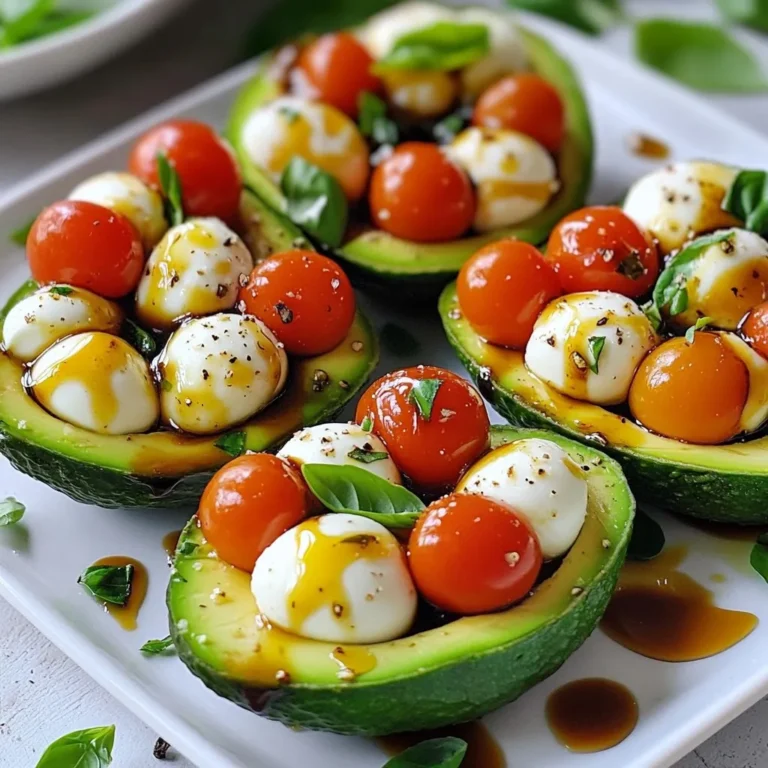 To make Caprese stuffed avocados, you'll need: - 2 ripe avocados - 1 cup cherry tomatoes, halved - 1 cup fresh mozzarella balls (bocconcini), halved - 1/4 cup fresh basil leaves, finely chopped - 2 tablespoons balsamic glaze - 1 tablespoon extra virgin olive oil - Salt and freshly ground black pepper, to taste Choose ripe avocados. They should feel slightly soft when you squeeze them. For tomatoes, select bright red cherry tomatoes. They should be firm but not hard. Fresh mozzarella should be soft and moist. Look for the balls packed in water for the best taste. Use fresh, vibrant basil leaves. They add great flavor. The olive oil should be extra virgin for the best quality. Lastly, choose a good balsamic glaze. It should be thick and sweet. You can swap avocados for cucumbers if you prefer a lighter bite. Use heirloom tomatoes for a unique flavor. If you can't find mozzarella balls, regular mozzarella works too. You can also replace basil with arugula for a peppery twist. For a vegan option, try using dairy-free cheese. If you want a tangy kick, add some chopped red onion. {{ingredient_image_2}} First, grab your ripe avocados. Slice them in half lengthwise. Be careful with the knife! Remove the pits gently. Use a spoon to scoop out a bit of the flesh. This step makes a larger space for the filling. Set the avocado halves aside on a plate. Next, take a medium bowl. Add the halved cherry tomatoes and mozzarella balls. Toss in the finely chopped basil as well. These fresh ingredients bring great taste. Now, drizzle in the extra virgin olive oil and balsamic glaze. Season with salt and black pepper to your liking. Mix everything well. You want all the flavors to blend together nicely. Now it’s time to fill the avocados! Use a spoon to scoop the Caprese mixture into each avocado half. Pack it in well to avoid waste. You want each bite to be full of flavor. For a finishing touch, drizzle a bit more balsamic glaze over the top. This adds extra flavor and looks beautiful. Serve the stuffed avocados on a colorful plate or wooden board. Enjoy your fresh and tasty creation! To ripen avocados, keep them at room temperature. Check them daily for softness. If you need them to ripen faster, place them in a paper bag with a banana. The ethylene gas from the banana speeds up the ripening process. Once ripe, store them in the fridge to slow down further ripening. This keeps them fresh longer. Use fresh ingredients for the best taste. Choose ripe cherry tomatoes and good mozzarella. Fresh basil adds a bright flavor. Mix the filling gently, but make sure it is well combined. Adjust the salt and pepper to your liking for a perfect balance. Adding balsamic glaze brings sweetness and acidity, which enhances the overall flavor. Serve Caprese stuffed avocados on a colorful plate or wooden board. This makes them look more inviting. Drizzle extra balsamic glaze over the top for a stunning finish. Garnish with more fresh basil leaves for a pop of color. You can also add a sprinkle of sea salt for extra flavor. This simple touch brings attention to your beautiful dish and makes it more appealing. Pro Tips Choose Ripe Avocados: Make sure to select avocados that are ripe but not overripe. They should yield slightly to gentle pressure, ensuring a creamy texture for stuffing. Fresh Ingredients Matter: Use fresh mozzarella and ripe cherry tomatoes for the best flavor. The quality of your ingredients will greatly enhance the overall taste of the dish. Balsamic Glaze Tips: If you don’t have balsamic glaze, you can create your own by simmering balsamic vinegar until it reduces and thickens, adding a rich sweetness to your dish. Serving Suggestions: For an elevated experience, serve these stuffed avocados alongside crusty bread or a light salad to balance the richness of the avocados. {{image_4}} You can switch the mozzarella for other cheeses. Try feta for a tangy twist. Goat cheese adds creaminess and depth. If you prefer a sharper taste, use aged cheddar. Each cheese brings a unique flavor, making your dish exciting. Want a full meal? Add proteins to your stuffed avocados. Grilled chicken or shrimp works well. For a vegetarian option, use chickpeas or black beans. This not only boosts protein but also adds texture. Each bite will be more filling and satisfying. Seasonal ingredients can change your dish. In summer, add fresh corn for sweetness. In fall, roasted pumpkin adds warmth and flavor. Swap basil with arugula for a peppery kick in spring. These swaps keep your Caprese stuffed avocados fresh and fun all year round. To keep your leftover stuffed avocados fresh, place them in an airtight container. Make sure to store them in the fridge. This helps maintain their flavor and texture. It’s best to eat them within a day or two. Avocados can brown quickly due to oxidation. To slow this down, sprinkle lemon juice or lime juice on exposed flesh. This acid helps keep your avocados green. You can also cover the container tightly to limit air exposure. - Avocados: Use them within 2-3 days of ripening for best taste. - Cherry Tomatoes: They stay fresh for about a week in the fridge. - Mozzarella Balls: Use within a week after opening the package. - Fresh Basil: Best used within 3-5 days for full flavor. - Balsamic Glaze and Olive Oil: These can last for months if stored properly. Keep them in a cool, dark place. Yes, you can prepare parts in advance. Chop the tomatoes, mozzarella, and basil ahead of time. Keep them in a bowl with some olive oil and balsamic glaze. This mix stays fresh for several hours. However, avoid cutting the avocados until you are ready to serve. Sliced avocados brown quickly. They look best when fresh. Caprese stuffed avocados pair nicely with many dishes. Here are some great options: - Grilled chicken or shrimp for protein. - A light salad with mixed greens. - Crusty bread or toasted baguette slices. - A glass of crisp white wine or sparkling water. These options complement the fresh flavors well. Yes, Caprese stuffed avocados are gluten-free. They contain no grains or gluten products. The ingredients are all natural and safe for gluten-sensitive diets. Enjoy without worry! In this blog post, we explored everything you need for Caprese Stuffed Avocados. We discussed the essential ingredients, their quality, and substitutions. You learned how to prepare avocados and mix the filling. I shared tips for ripening avocados and ensuring great flavor. We also looked at variations, storage tips, and common questions. Caprese Stuffed Avocados are flexible and fun. You can make them just right for you. Enjoy experimenting with flavors and ingredients!