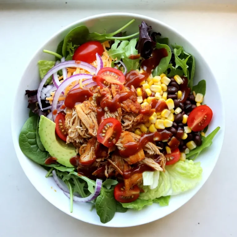 To make a tasty BBQ Ranch Chicken Salad, you will need: - 2 cups cooked chicken, shredded or diced - 4 cups mixed salad greens (spinach, romaine, and arugula) - 1 cup cherry tomatoes, halved - 1 cup corn (fresh, canned, or grilled) - 1 cup black beans, rinsed and drained - 1 cup shredded cheddar cheese - 1/2 red onion, thinly sliced - 1/2 cup ranch dressing - 1/2 cup barbecue sauce - 1 avocado, diced - Salt and pepper, to taste - Optional: Crunchy tortilla chips These ingredients make a colorful and satisfying salad. You can add a few extras to boost flavor: - Fresh herbs like cilantro or parsley - Sliced jalapeños for heat - Grilled chicken for added smoky taste - Lime juice to brighten the flavors These additions can enhance the salad and make it even more enjoyable. Here's a quick look at the nutrition in this salad: - Protein from chicken and black beans helps with muscle repair. - Fiber from beans and greens aids digestion. - Healthy fats from avocado support heart health. - Vitamins from mixed greens and tomatoes boost your immune system. This salad is not only delicious but also packs a nutritious punch. Enjoy it as a main dish or a side! {{ingredient_image_2}} First, take 2 cups of cooked chicken. You can use shredded or diced chicken. Place it in a large mixing bowl. Pour 1/2 cup of barbecue sauce over the chicken. Toss the chicken well so all pieces are coated. Let it sit for a few minutes to soak in the flavor. This step adds a smoky kick that makes the salad pop. In another large bowl, add 4 cups of mixed salad greens. I love using spinach, romaine, and arugula together. Next, toss in 1 cup of halved cherry tomatoes. They add a sweet touch to the mix. Now, add 1 cup of corn. You can choose fresh, canned, or grilled corn for extra flavor. Then, include 1 cup of rinsed black beans and 1 cup of shredded cheddar cheese. The cheese gives a creamy feel to the salad. Finally, add 1/2 of a thinly sliced red onion for a bit of sharpness. Gently toss these ingredients to mix them well. Take a small bowl and add 1/2 cup of ranch dressing. Whisk in a splash of the barbecue sauce. This mix boosts the ranch flavor. Taste it and adjust if needed. Now, add the seasoned chicken to the salad bowl. Drizzle the ranch dressing mixture on top. Using tongs, gently toss everything together. Be careful not to mash the avocado. When you are ready to serve, season the salad with salt and pepper. Finally, fold in 1 diced avocado carefully. This step adds creaminess and freshness. Enjoy your colorful and tasty BBQ Ranch Chicken Salad! To make the chicken shine, use cooked chicken that is juicy. You can grill or roast it for extra flavor. Toss the chicken in barbecue sauce well. This adds a nice smoky taste. Let it sit for a few minutes. This helps the flavors mix and makes the chicken even better. To keep your greens fresh, wash and dry them well. Use a salad spinner or a clean towel. Add the dressing just before serving. This keeps the greens crisp and not soggy. If you have leftovers, store the dressing on the side. This way, the greens stay fresh for later. When dicing avocado, start with a ripe one. Cut it in half and twist to separate. Remove the pit carefully with a knife. Use a spoon to scoop out the flesh. Make cuts in the flesh while it is still in the skin. Then, scoop out the diced pieces gently. This keeps the avocado from getting mushy in your salad. Pro Tips Keep It Fresh: Use freshly cooked chicken for the best flavor and texture. If you have leftovers, ensure they are stored properly to maintain freshness. Customize Your Greens: Feel free to mix up the salad greens based on your preference. Kale, mixed baby greens, or even cabbage can add different textures and flavors. Make It Your Own: Add other toppings like sliced jalapeños, cilantro, or diced bell peppers for extra flavor and nutrition. Serving Suggestions: Serve the salad with grilled corn on the cob or a side of garlic bread for a more filling meal. {{image_4}} You can easily make this salad low-carb and gluten-free. For a low-carb option, skip the corn and black beans. Instead, add extra veggies like bell peppers or cucumbers. Use grilled chicken for added flavor. Ensure your barbecue sauce and ranch are gluten-free. Some brands offer great options that fit this need. While ranch and barbecue sauce taste great together, you can try different dressings. A honey mustard dressing adds a sweet twist. For a spicy kick, use chipotle ranch. If you prefer something lighter, a lemon vinaigrette works well. Each dressing brings a unique flavor to the salad, making it fun to experiment. You can swap ingredients to fit your taste. Try using turkey or tofu instead of chicken for a new flavor. Replace cheddar cheese with feta or goat cheese for a tangy note. Swap cherry tomatoes for diced bell peppers for a crunchy bite. Each choice lets you tailor the salad to what you love. To keep your BBQ Ranch Chicken Salad fresh, place it in an airtight container. Make sure to separate any crunchy items, like tortilla chips, so they stay crispy. Avoid adding the avocado until you are ready to eat. This helps keep it from browning and losing its texture. When stored properly, your salad can last up to three days in the fridge. However, the taste and texture may change after the first day. For the best experience, eat it within one or two days. You can enjoy the chicken warm or cold. If you want to reheat the chicken, do it gently on the stove. Keep it on low heat to avoid drying it out. Once heated, mix it back into the salad. If you prefer it cold, just add the chicken directly from the fridge. Always add fresh avocado just before serving for the best taste and texture. Yes, you can make BBQ Ranch Chicken Salad in advance. I recommend prepping the salad without the dressing first. Keep the chicken, veggies, and toppings together in a bowl. Store the salad in the fridge for up to two days. When you are ready to eat, mix in the ranch dressing and barbecue sauce. This keeps the greens fresh and crunchy. If you want a different flavor, you can use Greek yogurt or sour cream. Both add a creamy texture. You may also try blue cheese dressing for a tangy kick. For a lighter option, use a vinaigrette made with olive oil and vinegar. Each choice adds its own taste, so have fun experimenting! To spice up your BBQ Ranch Chicken Salad, add chopped jalapeños or a dash of hot sauce. You can also mix in cayenne pepper or chili powder with the dressing. For an extra kick, try spicy barbecue sauce. Adjust the heat to your liking. Enjoy the bold flavors! BBQ Ranch Chicken Salad combines tasty ingredients and simple steps for a great dish. You learned about key ingredients, preparation, and how to enhance flavor. Remember to keep greens crisp and try new dressings. You can customize this salad to fit your diet or taste. With proper storage, leftovers stay fresh. Enjoy making this salad your own and impress others with your skills. Happy cooking!