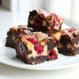 To make delicious Raspberry Cheesecake Brownies, you will need: - 1 cup unsalted butter, melted - 1 1/4 cups granulated sugar - 1 cup brown sugar, packed tightly - 4 large eggs, at room temperature - 1 teaspoon vanilla extract - 1 cup all-purpose flour - 1/2 cup unsweetened cocoa powder - 1/4 teaspoon salt - 8 ounces cream cheese, softened to room temperature - 1/4 cup powdered sugar - 1/2 teaspoon vanilla extract (for the cheesecake layer) - 1 cup fresh raspberries (plus extra for garnish) Quality matters in baking. Start with the best butter. Look for unsalted butter for control over salt levels. Fresh eggs should be large and at room temperature. This helps them mix better. Choose pure vanilla extract over imitation for more flavor. For the flour, all-purpose is best, but check for freshness. Fresh raspberries should be plump and vibrant. Avoid mushy or dull ones. If you need to replace ingredients, there are options. For butter, use coconut oil or vegan butter. Instead of eggs, try flax eggs or applesauce. For the cream cheese, use a dairy-free cream cheese product. You can also use gluten-free flour if needed. Just make sure it&rsquo;s a 1:1 substitute. These swaps keep the taste and texture close to the original. {{ingredient_image_2}} Start by preheating your oven to 350&deg;F (175&deg;C). Grab a 9x13 inch baking pan. Grease it with cooking spray or line it with parchment paper. This will help you remove the brownies easily later. In a large bowl, mix the melted butter, granulated sugar, and brown sugar. Whisk them until smooth and creamy. Next, add the eggs one at a time. Beat well after adding each egg. Stir in 1 teaspoon of vanilla extract until blended. In another bowl, sift together the flour, cocoa powder, and salt. Gradually add this dry mix to the wet mix, stirring gently. Be careful not to overmix. In a separate bowl, beat the softened cream cheese with powdered sugar. Add 1/2 teaspoon of vanilla extract and mix until it&rsquo;s light and fluffy. Gently fold in 1 cup of fresh raspberries. Try not to break them up too much. This will keep your cheesecake layer looking pretty. Pour half of the brownie batter into the prepared pan. Use a spatula to spread it evenly. Then, spread the cheesecake mixture over the brownie layer. Pour the rest of the brownie batter on top. Use the spatula to cover the cheesecake layer completely. Take a toothpick or knife and swirl it through the layers. This creates a lovely marbled effect. Place the pan in the preheated oven. Bake for 30 to 35 minutes. The brownies are done when a toothpick inserted in the center comes out with a few moist crumbs. Let the brownies cool completely in the pan on a wire rack. Once cooled, cut them into squares and enjoy! To get that perfect brownie texture, use good quality butter. Melt the butter until it is smooth. Mix the sugars with the butter until creamy. This step helps create a nice, fudgy base. When you add eggs, make sure they are at room temperature. This helps them blend well. Stir in the vanilla extract for extra flavor. Combine your dry ingredients gently. Overmixing can lead to tough brownies. Overmixing can ruin the soft texture you want. Mix just until the flour and cocoa disappear. If you see dry spots, that is okay! They will disappear as they bake. Use a spatula to fold ingredients carefully. This method keeps the batter light. Remember, a few lumps are fine. They won&rsquo;t affect the final taste. To make a lovely marble effect, pour half the brownie batter in first. Then add the cheesecake layer on top. Gently drop the rest of the brownie batter over the cheesecake. Use a toothpick or knife to swirl. Start at one corner and make a figure-eight motion. Don&rsquo;t mix too much; you still want to see layers. This technique makes your brownies look stunning and tasty! Pro Tips Room Temperature Ingredients: Ensure that your eggs and cream cheese are at room temperature before mixing. This helps create a smoother batter and a creamier cheesecake layer. Don&rsquo;t Overmix: When combining the dry ingredients with the wet ingredients, mix just until combined. Overmixing can lead to dense brownies instead of the desired fudgy texture. Swirling Technique: For a beautiful marbled effect, use a toothpick or knife to swirl the layers gently. Avoid mixing them too much to maintain distinct layers. Cooling Time: Allow the brownies to cool completely in the pan before cutting. This helps them set properly and makes it easier to achieve clean, even squares. {{image_4}} You can make these brownies gluten-free with a simple swap. Use gluten-free flour instead of all-purpose flour. Look for a blend that includes xanthan gum. This will help keep the texture nice. Your brownies will still be rich and fudgy. Enjoy the same great taste without gluten! Want to mix it up? Add different fruits to your brownies. Strawberries, blueberries, or even mango work well. You can use fresh or frozen fruit. Just make sure to adjust the sugar if the fruit is very sweet. This keeps your brownies balanced. Experimenting with flavors can lead to tasty new treats! You can change the chocolate type for a new twist. Try white chocolate for a sweeter flavor or dark chocolate for more richness. If you use dark chocolate, your brownies may taste more intense. This small change can give your brownies a whole new character. Enjoy finding your favorite chocolate match! To keep your Raspberry Cheesecake Brownies fresh, store them in an airtight container. This method prevents them from drying out. You can also wrap individual squares in plastic wrap for easy grab-and-go treats. If you have leftovers, place parchment paper between layers to avoid sticking. If you want to enjoy these brownies later, freezing is a great option. Cut them into squares first. Then, wrap each square tightly in plastic wrap, followed by aluminum foil. This double wrapping protects them from freezer burn. To thaw, simply place them in the fridge overnight. For a warm treat, you can microwave them for a few seconds before serving. These brownies can last about 3 to 4 days at room temperature. For the best taste, eat them within the first couple of days. If stored in the fridge, they can last up to a week. Just remember, the cream cheese layer makes them a bit more perishable. Always check for any signs of spoilage before enjoying! To cut brownies well, use a sharp knife. Make sure the brownies are cool. For clean cuts, wipe the knife with a damp cloth after each slice. This keeps the edges neat. You can also use a plastic knife for easy cutting. It helps avoid sticking and tearing. Yes, you can use frozen raspberries. Just thaw and drain them first. This helps reduce excess moisture. Frozen berries may break apart more easily. But they will still taste great and add flavor to your brownies. Check the brownies at 30 minutes. Insert a toothpick into the center. If it comes out with a few moist crumbs, they are ready. If it comes out wet with batter, bake for a few more minutes. Avoid overbaking to keep them soft and fudgy. You can make these brownies ahead of time. They store well in the fridge for up to a week. Just cover them tightly to keep them fresh. For longer storage, freeze the brownies. They last for up to three months. Just thaw them in the fridge before serving. In this post, we covered the key ingredients and steps for making delicious brownies. You learned how to ensure the right texture and create a stunning marble effect. I shared variations for different tastes, along with smart storage tips. These brownies are perfect for any occasion, and making them can be fun and easy. Enjoy experimenting with flavors and techniques. Your baking journey starts here, so dive in and impress everyone with your tasty treats!
