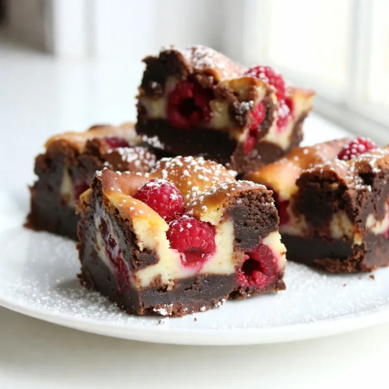 To make delicious Raspberry Cheesecake Brownies, you will need: - 1 cup unsalted butter, melted - 1 1/4 cups granulated sugar - 1 cup brown sugar, packed tightly - 4 large eggs, at room temperature - 1 teaspoon vanilla extract - 1 cup all-purpose flour - 1/2 cup unsweetened cocoa powder - 1/4 teaspoon salt - 8 ounces cream cheese, softened to room temperature - 1/4 cup powdered sugar - 1/2 teaspoon vanilla extract (for the cheesecake layer) - 1 cup fresh raspberries (plus extra for garnish) Quality matters in baking. Start with the best butter. Look for unsalted butter for control over salt levels. Fresh eggs should be large and at room temperature. This helps them mix better. Choose pure vanilla extract over imitation for more flavor. For the flour, all-purpose is best, but check for freshness. Fresh raspberries should be plump and vibrant. Avoid mushy or dull ones. If you need to replace ingredients, there are options. For butter, use coconut oil or vegan butter. Instead of eggs, try flax eggs or applesauce. For the cream cheese, use a dairy-free cream cheese product. You can also use gluten-free flour if needed. Just make sure it’s a 1:1 substitute. These swaps keep the taste and texture close to the original. {{ingredient_image_2}} Start by preheating your oven to 350°F (175°C). Grab a 9x13 inch baking pan. Grease it with cooking spray or line it with parchment paper. This will help you remove the brownies easily later. In a large bowl, mix the melted butter, granulated sugar, and brown sugar. Whisk them until smooth and creamy. Next, add the eggs one at a time. Beat well after adding each egg. Stir in 1 teaspoon of vanilla extract until blended. In another bowl, sift together the flour, cocoa powder, and salt. Gradually add this dry mix to the wet mix, stirring gently. Be careful not to overmix. In a separate bowl, beat the softened cream cheese with powdered sugar. Add 1/2 teaspoon of vanilla extract and mix until it’s light and fluffy. Gently fold in 1 cup of fresh raspberries. Try not to break them up too much. This will keep your cheesecake layer looking pretty. Pour half of the brownie batter into the prepared pan. Use a spatula to spread it evenly. Then, spread the cheesecake mixture over the brownie layer. Pour the rest of the brownie batter on top. Use the spatula to cover the cheesecake layer completely. Take a toothpick or knife and swirl it through the layers. This creates a lovely marbled effect. Place the pan in the preheated oven. Bake for 30 to 35 minutes. The brownies are done when a toothpick inserted in the center comes out with a few moist crumbs. Let the brownies cool completely in the pan on a wire rack. Once cooled, cut them into squares and enjoy! To get that perfect brownie texture, use good quality butter. Melt the butter until it is smooth. Mix the sugars with the butter until creamy. This step helps create a nice, fudgy base. When you add eggs, make sure they are at room temperature. This helps them blend well. Stir in the vanilla extract for extra flavor. Combine your dry ingredients gently. Overmixing can lead to tough brownies. Overmixing can ruin the soft texture you want. Mix just until the flour and cocoa disappear. If you see dry spots, that is okay! They will disappear as they bake. Use a spatula to fold ingredients carefully. This method keeps the batter light. Remember, a few lumps are fine. They won’t affect the final taste. To make a lovely marble effect, pour half the brownie batter in first. Then add the cheesecake layer on top. Gently drop the rest of the brownie batter over the cheesecake. Use a toothpick or knife to swirl. Start at one corner and make a figure-eight motion. Don’t mix too much; you still want to see layers. This technique makes your brownies look stunning and tasty! Pro Tips Room Temperature Ingredients: Ensure that your eggs and cream cheese are at room temperature before mixing. This helps create a smoother batter and a creamier cheesecake layer. Don’t Overmix: When combining the dry ingredients with the wet ingredients, mix just until combined. Overmixing can lead to dense brownies instead of the desired fudgy texture. Swirling Technique: For a beautiful marbled effect, use a toothpick or knife to swirl the layers gently. Avoid mixing them too much to maintain distinct layers. Cooling Time: Allow the brownies to cool completely in the pan before cutting. This helps them set properly and makes it easier to achieve clean, even squares. {{image_4}} You can make these brownies gluten-free with a simple swap. Use gluten-free flour instead of all-purpose flour. Look for a blend that includes xanthan gum. This will help keep the texture nice. Your brownies will still be rich and fudgy. Enjoy the same great taste without gluten! Want to mix it up? Add different fruits to your brownies. Strawberries, blueberries, or even mango work well. You can use fresh or frozen fruit. Just make sure to adjust the sugar if the fruit is very sweet. This keeps your brownies balanced. Experimenting with flavors can lead to tasty new treats! You can change the chocolate type for a new twist. Try white chocolate for a sweeter flavor or dark chocolate for more richness. If you use dark chocolate, your brownies may taste more intense. This small change can give your brownies a whole new character. Enjoy finding your favorite chocolate match! To keep your Raspberry Cheesecake Brownies fresh, store them in an airtight container. This method prevents them from drying out. You can also wrap individual squares in plastic wrap for easy grab-and-go treats. If you have leftovers, place parchment paper between layers to avoid sticking. If you want to enjoy these brownies later, freezing is a great option. Cut them into squares first. Then, wrap each square tightly in plastic wrap, followed by aluminum foil. This double wrapping protects them from freezer burn. To thaw, simply place them in the fridge overnight. For a warm treat, you can microwave them for a few seconds before serving. These brownies can last about 3 to 4 days at room temperature. For the best taste, eat them within the first couple of days. If stored in the fridge, they can last up to a week. Just remember, the cream cheese layer makes them a bit more perishable. Always check for any signs of spoilage before enjoying! To cut brownies well, use a sharp knife. Make sure the brownies are cool. For clean cuts, wipe the knife with a damp cloth after each slice. This keeps the edges neat. You can also use a plastic knife for easy cutting. It helps avoid sticking and tearing. Yes, you can use frozen raspberries. Just thaw and drain them first. This helps reduce excess moisture. Frozen berries may break apart more easily. But they will still taste great and add flavor to your brownies. Check the brownies at 30 minutes. Insert a toothpick into the center. If it comes out with a few moist crumbs, they are ready. If it comes out wet with batter, bake for a few more minutes. Avoid overbaking to keep them soft and fudgy. You can make these brownies ahead of time. They store well in the fridge for up to a week. Just cover them tightly to keep them fresh. For longer storage, freeze the brownies. They last for up to three months. Just thaw them in the fridge before serving. In this post, we covered the key ingredients and steps for making delicious brownies. You learned how to ensure the right texture and create a stunning marble effect. I shared variations for different tastes, along with smart storage tips. These brownies are perfect for any occasion, and making them can be fun and easy. Enjoy experimenting with flavors and techniques. Your baking journey starts here, so dive in and impress everyone with your tasty treats!