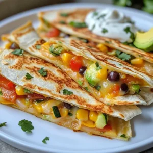 - 4 large whole wheat tortillas - 1 bell pepper, diced (choose your favorite color for vibrancy) - 1 medium zucchini, grated - 1 cup corn kernels (can use fresh or frozen) - 1 cup canned black beans, rinsed and drained - 1 cup shredded cheese (such as cheddar, Monterey Jack, or a blend) - 1 teaspoon ground cumin - 1 teaspoon smoked paprika - 1 tablespoon olive oil - Salt and pepper to taste - 1 ripe avocado, sliced (for serving) - Sour cream or Greek yogurt (for serving) - Fresh cilantro, chopped (for garnish) This recipe uses simple but tasty ingredients. Whole wheat tortillas give a nice base. Fresh veggies like bell pepper and zucchini add crunch and flavor. Corn adds sweetness, while black beans provide protein. Cheese melts beautifully and binds everything together. Ground cumin and smoked paprika bring warmth and depth. Olive oil helps saut&eacute; the veggies to perfection. Don't forget to add salt and pepper for balance. When serving, a ripe avocado, sour cream, and cilantro complete the dish. These toppings add freshness and extra flavor. {{ingredient_image_2}} 1. Heating the olive oil: Start by placing a large skillet over medium heat. Pour in one tablespoon of olive oil and let it warm until it shimmers. This step helps to enhance the flavor of your veggies. 2. Saut&eacute;ing the bell pepper and zucchini: Add one diced bell pepper and one grated medium zucchini to the skillet. Stir them often for about five minutes. You want them soft but still colorful. This adds a nice texture to your quesadillas. 3. Combining corn, black beans, and spices: Next, stir in one cup of corn, one cup of rinsed black beans, one teaspoon of ground cumin, one teaspoon of smoked paprika, and some salt and pepper. Cook for another two to three minutes. Mixing these ingredients creates a robust flavor that makes your quesadillas pop. 1. Preparing the tortilla and cheese: After the veggie mixture cools a bit, wipe the skillet clean. Place one large whole wheat tortilla on the skillet. Sprinkle one half with a generous layer of cheese. You can choose cheddar, Monterey Jack, or a blend. 2. Adding the veggie filling: Spoon a good amount of the veggie mixture over the cheese. Make sure to cover it well, then fold the tortilla in half. This step ensures every bite is packed with flavor. 3. Cooking the quesadilla to achieve crispiness: Cook the folded quesadilla for three to four minutes on one side. Flip it gently and cook for another three to four minutes on the other side. You want it golden brown and crispy. This creates the perfect crunch. 1. Slicing and plating the quesadillas: Once cooked, remove the quesadilla from the skillet. Place it on a cutting board and slice it into wedges. This makes them easy to share. 2. Garnishing with cilantro and accompaniments: Arrange the wedges on a colorful platter. Sprinkle fresh chopped cilantro on top for a nice touch. 3. Serving with lime wedges for zest: Don&rsquo;t forget to add lime wedges. A squeeze of lime juice brings out all the flavors and adds a refreshing twist. Enjoy your Loaded Veggie Quesadillas! - How to ensure tortillas stay crispy: Keep your skillet at medium heat. Avoid cooking too fast. If the heat is too high, the outside may burn before the cheese melts. - Tips for even cheese melting: Use shredded cheese for quicker melting. Spread it across the tortilla evenly. This helps every bite be cheesy and delicious. - Suggestions for veggie preparation: Dice the bell pepper small for even cooking. Grate the zucchini to blend well. This makes the filling mix easily and add more flavor. - Overfilling quesadillas: Keep the filling to a moderate amount. Too much can cause spills. You want a nice, neat fold, not a messy kitchen. - Cooking at the wrong temperature: If your skillet is too hot, your quesadilla can burn. If it&rsquo;s too cold, it will be soggy. Test with a small piece first to find the right heat. - Skipping the seasoning step: Don&rsquo;t forget to add salt and pepper. The spices make your veggies pop. A little cumin and smoked paprika add depth and warmth to your dish. Pro Tips Use Fresh Ingredients: For the best flavor, opt for fresh produce. Seasonal vegetables not only taste better but also add vibrant colors to your quesadillas. Experiment with Cheese: Try mixing different types of cheese for a unique flavor profile. A combination of cheddar and Monterey Jack offers a delicious melt and taste. Control the Heat: Adjust the cooking temperature to ensure the tortillas crisp up nicely without burning. Medium heat is ideal for achieving that perfect golden color. Make it a Meal: Serve your quesadillas with a side salad or some quinoa to turn this dish into a complete meal, enhancing both nutrition and satisfaction. {{image_4}} You can make loaded veggie quesadillas even more fun by changing the fillings. Here are some ideas: - Add spinach for a pop of green. - Use mushrooms for a meaty texture. - Try chicken for extra protein. - Tofu is a great plant-based option. - Swap out cheese for vegan cheese or goat cheese for a twist. Want to add some heat? You can easily adjust the spice level: - Toss in jalape&ntilde;os for a spicy kick. - Use more or less smoked paprika to change the flavor. You can also change how you serve these quesadillas. Here are some fun options: - Cut them into small bites for a party appetizer. - Serve them with eggs for a tasty breakfast. These variations keep your loaded veggie quesadillas exciting and delicious! To store leftover quesadillas, first let them cool down. Place them in an airtight container. This keeps them fresh. You can store them in the fridge for up to three days. If you want to keep them longer, freezing is a great option. To freeze, wrap each quesadilla in plastic wrap. Then place them in a freezer bag. They will stay good for up to three months. When ready to eat, just thaw them in the fridge overnight. For the best taste, I recommend reheating quesadillas in a skillet. Heat over medium heat. This method helps keep them crispy. Cook each side for about three minutes. If you use a microwave, place a paper towel under the quesadilla. This helps absorb moisture. Avoid cooking them too long in the microwave. This can make them soggy and chewy. Always check your quesadilla to make sure it is hot all the way through before serving. Yes, you can make Loaded Veggie Quesadillas ahead of time. Prepare the veggie filling and let it cool. Store it in the fridge for up to three days. You can assemble and cook the quesadillas just before serving. This way, you enjoy them hot and crispy. You can serve many tasty sides with Loaded Veggie Quesadillas. Here are a few ideas: - Sliced avocado - Sour cream or Greek yogurt - Fresh cilantro for garnish - A side of salsa or pico de gallo - A simple green salad These sides enhance flavors and add freshness to your meal. To make Loaded Veggie Quesadillas gluten-free, choose gluten-free tortillas. Many brands offer good options made from corn or rice. The rest of the recipe stays the same. Just check that all other ingredients are gluten-free, especially canned goods. Enjoy your delicious quesadillas worry-free! In this blog post, we covered how to make delicious Loaded Veggie Quesadillas. First, we listed essential ingredients, from whole wheat tortillas to fresh vegetables. Then, I shared step-by-step instructions for preparing, assembling, and serving the quesadillas. I also noted tips to keep them crispy and common mistakes to avoid. Finally, we explored tasty variations and storage options. Enjoy these yummy quesadillas with your chosen toppings. With practice, you'll create perfect quesadillas every time!