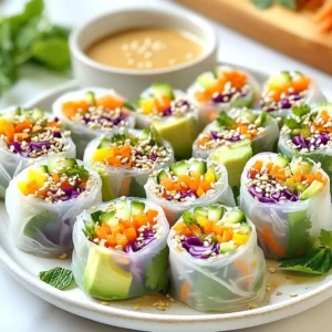 - 8 rice paper wrappers - 1 cup red cabbage, thinly shredded - 1 cup carrots, julienned - 1 cup cucumbers, julienned - 1 cup bell peppers (assorted colors), thinly sliced - 1 ripe avocado, sliced - 1 cup fresh mint leaves, gently rinsed - 1 cup fresh cilantro leaves, gently rinsed - 1/4 cup sesame seeds, toasted - 1/4 cup creamy peanut butter - 2 tablespoons low-sodium soy sauce - 2 tablespoons freshly squeezed lime juice - 1 teaspoon honey or agave syrup I love using fresh ingredients for my rainbow veggie spring rolls. Each color brings its own flavor and health benefits. You&rsquo;ll need rice paper wrappers as your base. These wrappers are light and easy to use. They hold everything together and add a nice texture. For the veggies, I like to use red cabbage, carrots, cucumbers, bell peppers, and avocado. Each veggie adds crunch and color. Red cabbage is great for its crunch, and it looks beautiful. Carrots add sweetness, while cucumbers bring a refreshing taste. Bell peppers give a nice pop of color and flavor. Don't forget the creamy avocado for richness! Fresh herbs are key too. I use mint and cilantro for their bright flavors. They add freshness and make the rolls taste even better. Lastly, I sprinkle toasted sesame seeds on top for a nutty crunch. They also add a lovely visual touch. For the dipping sauce, I mix creamy peanut butter, low-sodium soy sauce, fresh lime juice, and honey or agave syrup. This sauce balances the fresh flavors of the spring rolls. It adds a bit of sweetness and tang, which is simply delicious. When you gather these ingredients, you set yourself up for a fun cooking experience. Enjoy the process of making these colorful rolls! {{ingredient_image_2}} Start by washing all your vegetables. This keeps them clean and safe to eat. Use a sharp knife to cut the vegetables into thin, even pieces. For carrots and cucumbers, julienne them into thin strips. Julienning makes them easy to roll and look nice. Shred the red cabbage into fine pieces for a crunchy texture. Thin slices of bell peppers add color and flavor. Next, soak the rice paper wrappers. Fill a shallow dish with warm water. It should be deep enough for the wrappers to fully submerge. Take one rice paper wrapper and dip it in the water for about 10-15 seconds. You want it soft but not too mushy. Remove it carefully and let it rest on a clean surface. Now it&rsquo;s time to assemble your spring rolls. Place the soaked wrapper flat on a damp kitchen towel. This helps prevent sticking. In the center, layer your vegetable fillings. Start with the red cabbage, then add carrots, cucumbers, and bell peppers. Don&rsquo;t forget avocado slices for creaminess. Add fresh mint and cilantro on top for a burst of flavor. Sprinkle toasted sesame seeds for crunch. To roll the spring roll, gently fold in the sides of the wrapper. Start rolling from the bottom, tucking in the fillings. Keep it tight as you roll up to the top. Make sure it seals well. Repeat this with the rest of the wrappers and fillings. Each roll should be colorful and packed with flavor! To make great spring rolls, the rolling technique is key. Start by soaking rice paper in warm water. This makes it soft and easy to work with. If the rice paper sticks, try placing it on a damp kitchen towel. It helps keep things from sticking. When you layer your fillings, keep them in the center. Start with red cabbage, then add carrots, cucumbers, bell peppers, and avocado. This ensures even distribution of flavors. Don't overstuff the wrapper. A small handful of each vegetable works best. For a beautiful display, arrange your spring rolls in a circle on a colorful platter. Place the dipping sauce in a small bowl at the center. This draws the eye and makes your dish pop. Garnish with fresh mint leaves around the platter. This adds color and a fresh scent. You can also sprinkle some toasted sesame seeds on top for added crunch. You can adjust the dipping sauce to match your taste. If you like it sweeter, add more honey or agave syrup. For a zestier flavor, squeeze in extra lime juice. If you're feeling adventurous, try different dipping sauces. Options like hoisin sauce or spicy sriracha can add a fun twist to your spring rolls. Pro Tips Fresh Ingredients: Always use the freshest vegetables and herbs to enhance the flavor and texture of your spring rolls. Perfect Soaking: Soak the rice paper just until it's pliable; over-soaking can make it too fragile to roll. Rolling Technique: Tuck the filling tightly as you roll to create a compact spring roll that holds its shape. Custom Dipping Sauce: Feel free to experiment with the dipping sauce by adding spices or different nut butters for a unique twist. {{image_4}} You can change the veggies in your spring rolls based on what you like. Use seasonal vegetables for the best taste. For example, try zucchini in summer or butternut squash in fall. Adding proteins can make your rolls heartier. You can include tofu for a vegetarian option or shrimp for seafood lovers. Both options give a nice twist to the classic recipe. Herbs and spices can change the taste of your spring rolls. Consider adding basil or cilantro for a fresh kick. A hint of ginger can also brighten the flavors. You can even incorporate sauces into the filling. Adding a bit of hoisin sauce or sriracha brings a fun zing to your rolls. It&rsquo;s all about what flavors you enjoy the most! If you need gluten-free options, look for rice paper wrappers labeled as gluten-free. They work just as well for the rolls. For vegan sauces, use plant-based ingredients instead of dairy. For instance, swap creamy peanut butter with a nut-free alternative. This way, everyone can enjoy these tasty rolls! To keep leftover spring rolls fresh, store them in the fridge. I recommend using an airtight container. This method helps prevent them from drying out. You should also place a damp paper towel inside the container. This will help keep the rolls moist. The rolls can last up to three days when stored properly. If you want to enjoy them later, avoid stacking them directly on top of each other. Use parchment paper between layers to prevent sticking. It ensures they stay nice and intact until you're ready to eat. For the dipping sauce, store it in a clean jar or container with a tight lid. This will keep the flavors fresh. If you make extra sauce, it can last in the fridge for about a week. Be sure to check for any changes in smell or texture before using. If you want to use the sauce later, consider freezing it in ice cube trays. Once frozen, transfer the cubes to a freezer bag. This way, you can easily grab a portion whenever you need it! Just thaw it in the fridge before serving. To keep spring rolls from sticking, try these simple tips: - Use damp cloths: Place a damp kitchen towel between layers of spring rolls. - Store with space: Avoid stacking rolls directly on top of each other. - Use cornstarch: Lightly dust the rolls with cornstarch before storing. - Wrap tightly: Ensure each roll is sealed well to reduce moisture. These steps will help you enjoy fresh, non-sticky spring rolls later. Yes, you can make spring rolls ahead of time! Here&rsquo;s how: - Prep the veggies: Cut and store your veggies in airtight containers. - Soak wrappers: Soak your rice paper just before wrapping. This keeps them fresh. - Wrap and store: Wrap the rolls and place them in the fridge. Use damp cloths to prevent sticking. - Eat within a day: For best taste, eat them within 24 hours. This way, you can enjoy them for lunch or a quick snack. For a stunning presentation, follow these ideas: - Colorful platter: Arrange the rolls on a vibrant serving platter. - Dipping sauce: Serve with the dipping sauce in a small bowl in the center. - Garnish: Add extra mint leaves around the platter for freshness. - Cut and display: Cut rolls in half to show off the colorful filling. These tips make your spring rolls a hit at any gathering! You can make fresh, vibrant spring rolls with simple steps and tasty ingredients. We covered everything from choosing the right veggies to crafting a scrumptious dipping sauce. Remember, the key to perfect rolls is in how you prepare and assemble. Don&rsquo;t hesitate to try new flavors and combinations! These rolls are versatile and great for sharing. Store any leftovers properly to keep them fresh. Enjoy crafting your unique spring rolls, and impress your family with your culinary skills.