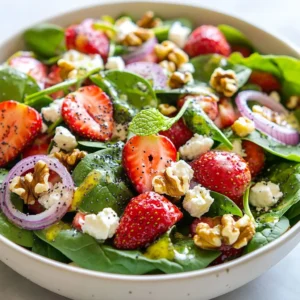 - 4 cups fresh baby spinach, thoroughly washed and carefully dried - 2 cups ripe strawberries, hulled and elegantly sliced - 1/2 cup red onion, ultra-thinly sliced for a mild flavor - 1/4 cup creamy feta cheese, crumbled - 1/4 cup walnuts, coarsely chopped for a crunchy texture - 1/4 cup high-quality extra virgin olive oil - 2 tablespoons tangy apple cider vinegar - 1 tablespoon sweet honey - 1 tablespoon poppy seeds for added interest - Salt and freshly cracked pepper, to taste - Each serving has about 200 calories. - You get around 15g of fat, 10g of carbs, and 5g of protein. - Baby spinach is rich in vitamins A and K. Strawberries add fiber and antioxidants. Feta cheese gives calcium, while walnuts offer healthy fats and protein. This salad not only tastes great but also brings a lot of health benefits to the table. Enjoy! {{ingredient_image_2}} 1. Start with 4 cups of fresh baby spinach. 2. Rinse the spinach under cool water. 3. Use a salad spinner or a clean towel to dry the spinach. 4. Next, take 2 cups of ripe strawberries. 5. Hull and slice the strawberries. Aim for even slices. 6. Then, grab 1/2 cup of red onion. 7. Slice the red onion ultra-thin for a mild flavor. 1. Place the washed spinach in a large bowl. 2. Layer the sliced strawberries over the spinach. 3. Add the thinly sliced red onion next. 4. Sprinkle 1/4 cup of crumbled feta cheese on top. 5. Lastly, add 1/4 cup of coarsely chopped walnuts for crunch. 1. In a small bowl, mix together the dressing ingredients. 2. Combine 1/4 cup of extra virgin olive oil, 2 tablespoons of apple cider vinegar, and 1 tablespoon of honey. 3. Add 1 tablespoon of poppy seeds to the mixture. 4. Whisk the ingredients well until they blend into a smooth dressing. 1. Drizzle the poppy seed dressing over the salad. 2. Toss the salad gently to coat every leaf and topping. 3. Taste the salad and add salt and pepper as needed. 4. Serve the salad in large bowls for a beautiful presentation. 5. For extra flair, garnish with more sliced strawberries and a sprig of mint. To make your salad look fancy, use large, clear bowls. The colors of the greens and strawberries pop beautifully. You can enhance the look by adding extra sliced strawberries on top. A sprig of fresh mint also adds a nice touch. Mint gives a fresh scent and bright color. If you want a different taste, try goat cheese instead of feta cheese. It has a creamy texture and tangy flavor. For a nut-free version, replace walnuts with sunflower seeds. They add a nice crunch without nuts. To add more crunch, consider adding crispy bacon bits or crunchy chickpeas. They add flavor and texture to the salad. Balance the dressing's flavors by tasting it before serving. If it&rsquo;s too sweet, add a tiny bit more vinegar. If it&rsquo;s too tangy, a little honey can help. Pro Tips Choose Fresh Ingredients: Select vibrant, fresh strawberries and crisp spinach to enhance the overall flavor and appearance of your salad. Customize Your Nuts: Feel free to substitute walnuts with pecans or almonds for a different texture and taste that complements the salad beautifully. Make Ahead Dressing: Prepare the poppy seed dressing in advance and store it in the refrigerator for up to a week, allowing the flavors to meld together. Add Protein: Consider adding grilled chicken or chickpeas to make this salad a heartier meal, perfect for lunch or dinner. {{image_4}} You can make this salad special by using seasonal berries. Fresh blueberries or blackberries add unique flavors. During fall, try adding sliced apples or pears for a crisp touch. You can also add other greens like arugula or kale. This mix gives your salad extra color and flavor. Adding protein makes this salad more filling. Grilled chicken or shrimp are great options. They add a nice smoky taste and pair well with the sweet strawberries. If you prefer vegetarian options, try chickpeas or quinoa. These options add good texture and protein to your meal. While poppy seed dressing is tasty, you can experiment with different dressings. Citrus dressings made with orange or lemon juice can brighten the salad. Adding fresh herbs like basil or mint gives it a fresh twist. These small changes can make your salad feel new each time you make it. To store leftover salad, use an airtight container. This keeps the salad fresh. Layer paper towels between the layers of salad. This absorbs extra moisture. Store it in the fridge for up to two days. Use fresh ingredients for the best taste. The poppy seed dressing lasts about a week in the fridge. Keep it in a sealed jar or container. This prevents spills and keeps the dressing fresh. You can make the dressing ahead of time. Just shake it well before using. I do not recommend freezing the salad. The spinach and strawberries become mushy when thawed. You can, however, freeze the dressing. It will keep well for up to three months. Thaw it in the fridge before using. You can keep the salad in the fridge for about 3 days. Store it in an airtight container to keep it fresh. Make sure to add the dressing just before serving. This way, the spinach stays crisp and bright. Yes, you can make the Poppy Seed Dressing a few days in advance. Store it in a sealed jar in the fridge. Give it a good shake before using. The flavors will meld nicely, making it even tastier. Absolutely! This salad is great for meal prep. You can wash and chop the spinach and strawberries ahead of time. Keep the dressing in a separate container. Combine everything when you're ready to eat for a fresh flavor. This salad pairs well with many dishes. Try serving it with grilled chicken or fish for protein. It also goes great with sandwiches or wraps for lunch. The sweet and savory flavor makes it a perfect side. This blog post covered how to make a tasty Strawberry Spinach Salad. We discussed fresh ingredients, like baby spinach and ripe strawberries, along with a simple poppy seed dressing. You learned step-by-step instructions to prepare, assemble, and serve the salad. I shared tips for presentation, ingredient substitutes, and variations to enhance flavor. Remember, this salad is not just healthy; it's also fun to make. Enjoy experimenting and tailoring the recipe to your tastes. Your healthy plate awaits!