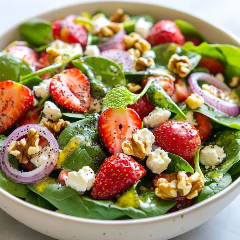- 4 cups fresh baby spinach, thoroughly washed and carefully dried - 2 cups ripe strawberries, hulled and elegantly sliced - 1/2 cup red onion, ultra-thinly sliced for a mild flavor - 1/4 cup creamy feta cheese, crumbled - 1/4 cup walnuts, coarsely chopped for a crunchy texture - 1/4 cup high-quality extra virgin olive oil - 2 tablespoons tangy apple cider vinegar - 1 tablespoon sweet honey - 1 tablespoon poppy seeds for added interest - Salt and freshly cracked pepper, to taste - Each serving has about 200 calories. - You get around 15g of fat, 10g of carbs, and 5g of protein. - Baby spinach is rich in vitamins A and K. Strawberries add fiber and antioxidants. Feta cheese gives calcium, while walnuts offer healthy fats and protein. This salad not only tastes great but also brings a lot of health benefits to the table. Enjoy! {{ingredient_image_2}} 1. Start with 4 cups of fresh baby spinach. 2. Rinse the spinach under cool water. 3. Use a salad spinner or a clean towel to dry the spinach. 4. Next, take 2 cups of ripe strawberries. 5. Hull and slice the strawberries. Aim for even slices. 6. Then, grab 1/2 cup of red onion. 7. Slice the red onion ultra-thin for a mild flavor. 1. Place the washed spinach in a large bowl. 2. Layer the sliced strawberries over the spinach. 3. Add the thinly sliced red onion next. 4. Sprinkle 1/4 cup of crumbled feta cheese on top. 5. Lastly, add 1/4 cup of coarsely chopped walnuts for crunch. 1. In a small bowl, mix together the dressing ingredients. 2. Combine 1/4 cup of extra virgin olive oil, 2 tablespoons of apple cider vinegar, and 1 tablespoon of honey. 3. Add 1 tablespoon of poppy seeds to the mixture. 4. Whisk the ingredients well until they blend into a smooth dressing. 1. Drizzle the poppy seed dressing over the salad. 2. Toss the salad gently to coat every leaf and topping. 3. Taste the salad and add salt and pepper as needed. 4. Serve the salad in large bowls for a beautiful presentation. 5. For extra flair, garnish with more sliced strawberries and a sprig of mint. To make your salad look fancy, use large, clear bowls. The colors of the greens and strawberries pop beautifully. You can enhance the look by adding extra sliced strawberries on top. A sprig of fresh mint also adds a nice touch. Mint gives a fresh scent and bright color. If you want a different taste, try goat cheese instead of feta cheese. It has a creamy texture and tangy flavor. For a nut-free version, replace walnuts with sunflower seeds. They add a nice crunch without nuts. To add more crunch, consider adding crispy bacon bits or crunchy chickpeas. They add flavor and texture to the salad. Balance the dressing's flavors by tasting it before serving. If it’s too sweet, add a tiny bit more vinegar. If it’s too tangy, a little honey can help. Pro Tips Choose Fresh Ingredients: Select vibrant, fresh strawberries and crisp spinach to enhance the overall flavor and appearance of your salad. Customize Your Nuts: Feel free to substitute walnuts with pecans or almonds for a different texture and taste that complements the salad beautifully. Make Ahead Dressing: Prepare the poppy seed dressing in advance and store it in the refrigerator for up to a week, allowing the flavors to meld together. Add Protein: Consider adding grilled chicken or chickpeas to make this salad a heartier meal, perfect for lunch or dinner. {{image_4}} You can make this salad special by using seasonal berries. Fresh blueberries or blackberries add unique flavors. During fall, try adding sliced apples or pears for a crisp touch. You can also add other greens like arugula or kale. This mix gives your salad extra color and flavor. Adding protein makes this salad more filling. Grilled chicken or shrimp are great options. They add a nice smoky taste and pair well with the sweet strawberries. If you prefer vegetarian options, try chickpeas or quinoa. These options add good texture and protein to your meal. While poppy seed dressing is tasty, you can experiment with different dressings. Citrus dressings made with orange or lemon juice can brighten the salad. Adding fresh herbs like basil or mint gives it a fresh twist. These small changes can make your salad feel new each time you make it. To store leftover salad, use an airtight container. This keeps the salad fresh. Layer paper towels between the layers of salad. This absorbs extra moisture. Store it in the fridge for up to two days. Use fresh ingredients for the best taste. The poppy seed dressing lasts about a week in the fridge. Keep it in a sealed jar or container. This prevents spills and keeps the dressing fresh. You can make the dressing ahead of time. Just shake it well before using. I do not recommend freezing the salad. The spinach and strawberries become mushy when thawed. You can, however, freeze the dressing. It will keep well for up to three months. Thaw it in the fridge before using. You can keep the salad in the fridge for about 3 days. Store it in an airtight container to keep it fresh. Make sure to add the dressing just before serving. This way, the spinach stays crisp and bright. Yes, you can make the Poppy Seed Dressing a few days in advance. Store it in a sealed jar in the fridge. Give it a good shake before using. The flavors will meld nicely, making it even tastier. Absolutely! This salad is great for meal prep. You can wash and chop the spinach and strawberries ahead of time. Keep the dressing in a separate container. Combine everything when you're ready to eat for a fresh flavor. This salad pairs well with many dishes. Try serving it with grilled chicken or fish for protein. It also goes great with sandwiches or wraps for lunch. The sweet and savory flavor makes it a perfect side. This blog post covered how to make a tasty Strawberry Spinach Salad. We discussed fresh ingredients, like baby spinach and ripe strawberries, along with a simple poppy seed dressing. You learned step-by-step instructions to prepare, assemble, and serve the salad. I shared tips for presentation, ingredient substitutes, and variations to enhance flavor. Remember, this salad is not just healthy; it's also fun to make. Enjoy experimenting and tailoring the recipe to your tastes. Your healthy plate awaits!