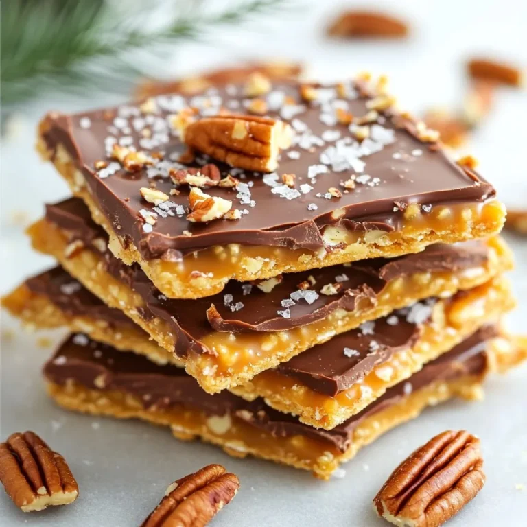 To make Christmas Crack Saltine Toffee, you need these main ingredients: - 1 sleeve of saltine crackers - 1 cup unsalted butter (2 sticks) - 1 cup packed brown sugar - 2 cups semi-sweet chocolate chips - 1 cup chopped nuts (pecans or almonds) - Sea salt for sprinkling These simple ingredients come together to create a sweet and salty treat. The saltine crackers form a crispy base, while the butter and brown sugar make the rich toffee. The chocolate chips add a creamy layer, and the nuts give a nice crunch. You can tailor your Christmas Crack to fit your tastes. Here are some options: - Different types of chocolate (dark or white) - Various nuts (walnuts, hazelnuts, or no nuts) - Sprinkles or edible glitter for a festive look Feel free to get creative! Adding different chocolates or nuts can change the flavor and texture of your treat. If you have dietary needs, you can make swaps. Here are some ideas: - Use dairy-free butter for a vegan version. - Replace chocolate chips with dairy-free ones if needed. - Opt for gluten-free crackers to make it gluten-free. These substitutions will help you enjoy Christmas Crack while meeting your dietary needs. Always check labels to ensure that the substitutes fit your requirements. {{ingredient_image_2}} Start by preheating your oven to 400°F (200°C). This step is key for getting that nice crunch. While it heats, grab a large baking sheet. Line it with aluminum foil. This makes cleanup easy. Lightly spray the foil with cooking spray. This helps the toffee come off smoothly later. Next, take your sleeve of saltine crackers. Lay them out in a single layer on the foil. Make sure they cover the entire surface. Avoid overlapping them. This even layer will soak up the toffee well, giving you that perfect bite. Now it’s time to make the toffee. In a medium saucepan, add one cup of unsalted butter and one cup of packed brown sugar. Put the pan on medium heat. Stir often to keep it from sticking. Watch closely as it melts and bubbles. Once it starts boiling, let it cook for three minutes without stirring. This is where the magic happens. You want it to reach that rich toffee texture. After cooking, take the pan off the heat. Carefully pour the hot toffee over the saltine crackers. Use a spatula to spread it evenly. Make sure every cracker gets coated. Then, place the baking sheet in the oven. Bake it for five to seven minutes. Keep an eye on it. You want it bubbly and golden, but not burnt. Once it’s ready, take the baking sheet out. Immediately sprinkle two cups of semi-sweet chocolate chips over the hot toffee layer. Let them sit for about two to three minutes. This softens them. Then, gently spread the melted chocolate with a spatula for a smooth layer. Next, sprinkle one cup of chopped nuts over the chocolate. Press them down a bit to make sure they stick. For that sweet and salty taste, sprinkle a light dusting of sea salt on top. Now, let the toffee cool at room temperature for thirty minutes. After that, put it in the fridge for another thirty minutes. This helps it harden fully. Finally, once it’s set, break the Christmas Crack into bite-sized pieces. You can serve it right away or store it in an airtight container to keep it fresh. Enjoy this tasty holiday treat! To make great toffee, start with fresh ingredients. Use unsalted butter for a clean taste. Saltine crackers provide a nice crunch. Be sure to spread the toffee quickly over the crackers. If you wait too long, it will harden. Use a heavy saucepan for even heat. Stir the toffee often to avoid burning. Once it bubbles, let it cook for three minutes. This step is key for a rich flavor. Always watch the oven closely. One common mistake is not coating all crackers. This leads to some dry bites. Ensure all are covered in toffee. Another mistake is not using enough chocolate. Two cups may seem like a lot, but it makes a big difference. Letting the chocolate sit too long can cause it to harden. After removing the pan from the oven, sprinkle the chocolate right away. This ensures it melts perfectly. To get an even chocolate layer, use semi-sweet chips. After sprinkling, let them melt for 2–3 minutes. This softens them for easy spreading. Use a spatula to spread the chocolate evenly. For a thicker layer, add more chocolate chips. Sprinkle the nuts while the chocolate is still warm. Press them lightly to make sure they stick. This adds extra crunch and flavor. With these tips, your Christmas Crack will be a hit! Pro Tips Use Quality Chocolate: Opt for high-quality semi-sweet chocolate chips for a richer flavor that melts beautifully over the toffee. Watch the Baking Time: Keep a close eye on the baking process; the toffee can quickly go from perfectly bubbly to burnt if left too long. Cool Completely: Allow the toffee to cool at room temperature first before refrigerating to prevent condensation that can make it sticky. Experiment with Toppings: Feel free to customize the nuts or add festive toppings like crushed candy canes or sprinkles for a holiday twist! {{image_4}} You can swap semi-sweet chocolate for dark or white chocolate. Dark chocolate gives a rich taste that pairs well with the salty crackers. White chocolate adds a sweet touch and looks stunning. You can even mix chocolates for a fun flavor twist. Just remember to melt them slowly to keep a smooth texture. If you want to change up the nuts, try using walnuts, peanuts, or even no nuts at all. Each nut brings a unique taste and crunch. If someone has nut allergies, just skip them. You can also add seeds like pumpkin or sunflower for a different crunch. Get creative with mix-ins! Try adding crushed candy canes or sprinkles for a festive look. You can also drizzle extra chocolate on top for extra flair. For a hint of spice, sprinkle cinnamon or nutmeg. These little touches make your Christmas Crack even more special. To keep your Christmas Crack fresh, store it in an airtight container. This keeps out air and moisture. You can use a glass jar or a plastic container. Make sure to layer parchment paper between the pieces. This prevents them from sticking together. Always keep the container in a cool, dry place. Avoid direct sunlight, as it can melt the chocolate. When stored properly, Christmas Crack lasts about one to two weeks. The chocolate may soften over time, but the taste remains great. If you notice any changes in texture or smell, it may be time to toss it. I recommend enjoying it within the first week for the best taste. If you want to keep Christmas Crack longer, freezing is a great option. Place it in an airtight container or a freezer bag. Be sure to remove excess air to prevent freezer burn. It can stay fresh in the freezer for up to three months. When you're ready to enjoy it, take it out and let it thaw at room temperature. The chocolate will regain its smooth texture, and you can savor your holiday treat! Christmas Crack is a sweet treat made from saltine crackers, butter, and chocolate. It is loved for its crunchy texture and sweet-salty flavor. The toffee layer is rich and buttery, while the chocolate adds creaminess. It is quick to make, which makes it a hit during the busy holiday season. Everyone loves sharing this treat, and it always disappears fast at parties. Yes, you can make Christmas Crack ahead of time. It stays fresh for several days if stored correctly. Just let it cool completely, then place it in an airtight container. This way, you can enjoy it during the festive season without stress. It also makes a great gift for friends or family. Absolutely! If you have nut allergies or preferences, you can skip the nuts. The recipe still tastes great without them. Feel free to add other toppings like crushed peppermint or sprinkles for extra flair. The base of saltines, toffee, and chocolate will still shine through. To cut the toffee without crumbling, wait until it is completely cooled and hardened. Use a sharp knife to score the top lightly before cutting. This will help guide your cuts. If it seems stubborn, warm the knife slightly to ease through. This way, you will get neat pieces without a mess. You now know how to make Christmas Crack with its key ingredients, easy steps, and tips. This sweet treat is customizable with nut options and toppings. Remember to store it right for the best taste. You can even prepare it ahead of time. In the end, enjoy making this fun recipe. You can share it with friends and family. They will love this delightful snack. Happy baking!