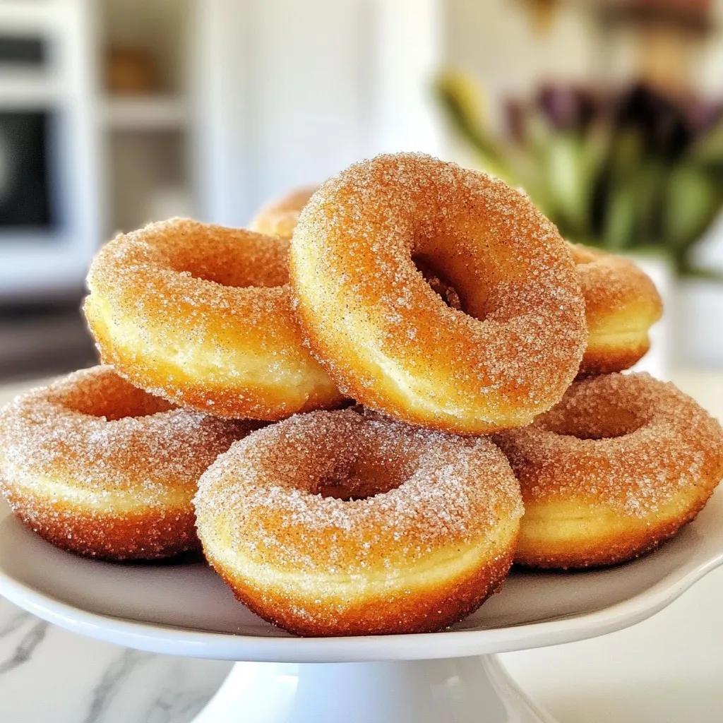 - 1 cup all-purpose flour - 1/2 cup granulated sugar (plus extra for coating) - 1 teaspoon baking powder - 1/2 teaspoon baking soda - 1/2 teaspoon salt - 1 teaspoon ground cinnamon - 1/4 teaspoon ground nutmeg (optional) - 1/2 cup plain Greek yogurt - 1 large egg - 1/4 cup milk (whole or low-fat) - 2 tablespoons unsalted butter, melted - 1 teaspoon pure vanilla extract - 1/4 cup granulated sugar (for coating) - 1 tablespoon ground cinnamon (for coating) When measuring ingredients, be precise. Use a dry measuring cup for flour and sugar. Level off the top with a straight edge for accuracy. For sticky ingredients like yogurt and butter, use a liquid measuring cup. Pour in the milk and yogurt, then add melted butter carefully. If you need to make changes, here are some ideas: - Flour: Use whole wheat flour for a heartier donut. - Sugar: Coconut sugar works well, but it changes the color. - Greek yogurt: Substitute sour cream for a similar texture. - Milk: Almond or oat milk can be used for a dairy-free option. - Butter: Coconut oil is a great dairy-free alternative. - Nutmeg: Skip it if you prefer a simpler flavor. Feel free to mix and match these options to suit your taste! {{ingredient_image_2}} To make baked cinnamon sugar donuts, start by gathering your ingredients. Preheat the oven to 375°F (190°C). Grease your donut pan well with cooking spray or melted butter. This step ensures the donuts come out easily after baking. In a large bowl, add the dry ingredients. Combine 1 cup of all-purpose flour with 1/2 cup of granulated sugar, 1 teaspoon of baking powder, 1/2 teaspoon of baking soda, 1/2 teaspoon of salt, 1 teaspoon of ground cinnamon, and 1/4 teaspoon of ground nutmeg, if you like. Whisk these together until they blend well. This mix gives the donuts their light texture. In another bowl, mix the wet ingredients. Add 1/2 cup of plain Greek yogurt, 1 large egg, 1/4 cup of milk, 2 tablespoons of melted unsalted butter, and 1 teaspoon of pure vanilla extract. Whisk until the mixture is smooth and creamy. This step adds moisture and flavor to your donuts. Now, combine the wet and dry mixtures. Gently pour the wet mix into the dry ingredients. Use a spatula to fold them together. Be careful not to overmix. A few lumps are okay. Next, fill each donut cavity about two-thirds full with the batter. Bake the donuts for 10-12 minutes. They are ready when they spring back when touched and a toothpick comes out clean. Once baked, let the donuts cool in the pan for about 5 minutes. Then, transfer them to a wire rack to cool a bit more. While they cool, mix 1/4 cup of granulated sugar with 1 tablespoon of ground cinnamon in a small bowl. While the donuts are still warm, dip their tops into the cinnamon sugar mix. Press lightly for a nice coating. Enjoy your delightful donuts! To make the best baked cinnamon sugar donuts, follow these simple tips. First, preheat your oven to 375°F (190°C) before you start mixing. This ensures even baking. Grease the donut pan well. This helps the donuts come out easily. Next, don't overmix the batter. A few lumps are fine. This keeps your donuts soft and fluffy. Lastly, bake until they spring back when touched and a toothpick comes out clean. You will need a few tools for this recipe. Here’s your list: - Donut pan - Mixing bowls - Whisk - Spatula - Piping bag or zip-lock bag - Toothpick These tools will help you create these yummy treats with ease. Avoid these common mistakes to ensure great donuts. First, don't skip greasing the donut pan. This can cause sticking. Second, measure your ingredients carefully. Too much flour or sugar can change the texture. Third, let the donuts cool slightly before coating. This helps the cinnamon sugar stick better. Finally, remember to coat them while warm. This creates a delicious, sweet crust. Pro Tips Use Room Temperature Ingredients: Allow your egg and milk to come to room temperature before mixing. This helps create a more uniform batter and promotes even baking. Don’t Overmix the Batter: When combining wet and dry ingredients, mix until just combined. Overmixing can lead to dense donuts instead of fluffy ones. Check Donuts for Doneness: Every oven is different, so start checking your donuts at the lower end of the baking time. They’re ready when they spring back lightly when touched. Store Properly: If you have leftovers, store your donuts in an airtight container at room temperature for up to two days. For longer storage, freeze them and reheat in the oven when ready to enjoy. {{image_4}} You can easily change the flavor of your donuts. Try adding different spices. For instance, cardamom or ginger can give a warm twist. You might even add a splash of almond extract for a nutty taste. Vanilla is a great base, but explore adding lemon or orange zest for a citrus kick. The classic cinnamon sugar topping is delightful, but you can get creative. Consider a chocolate glaze for a rich taste. Just melt some chocolate and dip the tops of the donuts. You can also use a simple glaze made from powdered sugar and milk. Drizzle this over the cooled donuts for added sweetness. If you need gluten-free donuts, almond flour or a gluten-free mix works well. Just make sure to adjust the liquid if needed. For dairy-free options, replace Greek yogurt with a non-dairy yogurt. Coconut yogurt is a tasty choice. Use almond or oat milk in place of regular milk to keep it dairy-free. These swaps let everyone enjoy these delicious treats! To keep your baked cinnamon sugar donuts fresh, store them in an airtight container. This helps them stay soft and tasty. You can keep them at room temperature for up to two days. If you want them to last longer, consider the fridge, but note they may get a bit dry. You can freeze these donuts for a longer shelf life. Place them in a freezer-safe bag or container. They can stay good for about three months. When you want to enjoy them, take them out and let them thaw at room temperature. You can also warm them in the oven for a few minutes to get them nice and cozy again. Baked cinnamon sugar donuts have a short shelf life when stored properly. At room temperature, they last about two days. In the fridge, they can last for about a week. If frozen, they can last up to three months. Always check for any signs of spoilage before eating! Yes, you can use different flours. Almond flour or oat flour work well. Keep in mind that the texture may change. Each flour absorbs liquid differently, so adjust liquids as needed. The donuts are done when they spring back to touch. You can also check with a toothpick. If it comes out clean, they are ready. Overbaking can make them dry, so watch closely. Yes! You can make the batter ahead. Keep it in the fridge for up to 24 hours. Bake them fresh when you are ready. You can also bake them ahead and store them. These donuts are great with coffee or tea. You can add a side of fruit too. Apples or berries pair nicely. Serve with a light glaze for an extra treat. Yes, they are usually healthier. Baked donuts have less fat and fewer calories. Frying adds extra oil, which increases calories. Baked donuts still taste delicious while being lighter. In this post, I covered how to make delicious baked donuts. We discussed the right ingredients and measurements, plus helpful substitutes. I provided a step-by-step guide for mixing and baking your treats. You also learned tips for perfect results and ways to store your donuts. Lastly, I shared variations and answered common questions. Now, you have all you need to bake tasty, homemade donuts. Enjoy experimenting with flavors and toppings!