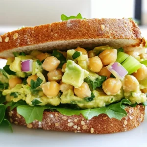 - Ripe avocado - Canned chickpeas - Red onion - Celery - Fresh lemon juice - Mayonnaise or Greek yogurt - Dijon mustard - Garlic powder - Salt and pepper - Whole grain bread - Leafy greens The ingredients for the avocado chickpea salad sandwich are simple yet packed with flavor. First, grab a ripe avocado. This is the star of the dish and adds creaminess. Next, you'll need one can of chickpeas. Chickpeas give protein and a nice bite. For some crunch, use red onion and celery. Their textures will balance the creamy avocado. Fresh lemon juice adds brightness and a tangy twist. You can choose between mayonnaise or Greek yogurt for added creaminess. Dijon mustard gives a hint of spice, while garlic powder adds depth. Don't forget salt and pepper to enhance all the flavors. Choose whole grain bread for a healthy base. Lastly, leafy greens like spinach or arugula will add freshness and nutrition. These ingredients come together to create a tasty and nourishing meal that you can enjoy anytime. {{ingredient_image_2}} - Prep the Base: Start by mashing the ripe avocado in a large bowl. Add the drained and rinsed chickpeas. Use a fork to mix them together. Leave some chickpeas whole for a nice texture. Aim for a creamy yet chunky mix. - Add Crunch: Next, fold in the finely chopped red onion and diced celery. This will give your salad a refreshing crunch. Mix everything evenly so each bite has a bit of crunch. - Make the Dressing: In a small bowl, whisk together the fresh lemon juice, mayonnaise or Greek yogurt, Dijon mustard, garlic powder, and salt and pepper. Keep whisking until you achieve a creamy consistency. - Combine Everything: Pour the dressing over the avocado and chickpea mix. Gently fold all the ingredients together. Ensure everything is well-coated with the dressing. Taste it and adjust the seasoning if needed. - Toast the Bread (Optional): If you like a bit of crunch, toast your whole grain bread. You can use a toaster or a skillet. Toast until it&rsquo;s golden brown. - Assemble the Sandwich: Lay leafy greens on the bottom two slices of bread. Generously spoon the avocado chickpea mixture on top of the greens. This helps keep the bread from getting soggy. Place the remaining slices of bread on top to complete your sandwich. - Serve and Enjoy: Cut your sandwiches in half diagonally for a classic look. Serve them right away. These sandwiches make a great lunch or a light dinner. To create the best avocado chickpea salad sandwich, focus on texture. I like to mash the avocado and chickpeas together but leave some chickpeas whole. This gives a nice mix of creamy and chunky bites. When it comes to seasoning, always taste as you mix. If it needs more zing, add extra lemon juice or a pinch of salt. You can also customize the crunch level. If you love crunch, toss in more celery or even some chopped bell peppers. For a softer bite, reduce the onion or celery. Pair your sandwich with fresh veggies or a light salad. Colorful sliced cucumbers, carrots, or bell peppers add a bright touch. For a picnic vibe, wrap each sandwich in parchment paper. This makes it fun and easy to take on the go. You can also serve the sandwich with a side of chips or a bowl of soup for a complete meal. This mix of flavors and textures will make your lunch or dinner a hit! Pro Tips Perfectly Ripe Avocado: Ensure your avocado is perfectly ripe for the best flavor and creaminess. It should yield slightly when gently squeezed. Texture Variety: For a delicious texture, leave some chickpeas whole while mashing the rest. This adds a nice contrast to the creamy avocado. Customize Your Greens: Feel free to mix up the leafy greens! Kale, lettuce, or even fresh herbs can elevate your sandwich to a new level. Meal Prep Friendly: This avocado chickpea mixture can be prepped in advance and stored in the fridge for 1-2 days, making it a great option for quick lunches. {{image_4}} You can easily switch out some ingredients in this avocado chickpea salad sandwich for a twist. - Lighter alternatives to mayonnaise: Try Greek yogurt instead of mayonnaise. It gives a creamy taste with fewer calories. - Different types of bread: Use sourdough, pita, or gluten-free bread. Each choice brings a new flavor and texture. - Additional vegetables to include: Add diced cucumber, bell peppers, or even shredded carrots for extra crunch and nutrition. Spicing up your sandwich can make it even more delicious. - Adding spices for extra zest: A pinch of cayenne pepper or smoked paprika can add heat and depth. Experiment with cumin for a warm touch. - Incorporating herbs: Fresh herbs like cilantro or dill can brighten the flavors. Try adding chopped basil for a nice twist. To keep your avocado chickpea salad fresh, store it in an airtight container. Make sure to press out as much air as possible to prevent browning. This method will help keep the flavors intact. You can also layer plastic wrap over the salad, pressing it right against the surface. This reduces oxidation. For best results, eat the leftovers within two days. The longer it sits, the more the avocado may brown. If you want to refresh your sandwich, avoid using a microwave. Instead, try these methods: - Skillet Method: Heat a skillet over medium heat. Place the sandwich in the skillet and cover it. Cook for about 3 minutes on each side. This warms the sandwich and keeps the bread crispy. - Oven Method: Preheat your oven to 350&deg;F (175&deg;C). Wrap the sandwich in foil and heat for about 10 minutes. This way, the bread stays crisp and the filling warms evenly. These methods keep your sandwich tasty without making it soggy. Enjoy every bite! Can I make this recipe ahead of time? Yes, you can make this avocado chickpea salad ahead of time. Just store it in an airtight container. This makes it easy to grab for lunch or a quick snack. I recommend making it no more than a day in advance for the best taste. How long does the avocado chickpea salad last in the fridge? The salad lasts about 2 to 3 days in the fridge. However, the avocado may turn brown over time. To slow this down, add a bit of extra lemon juice. This adds flavor and keeps the salad looking fresh. What are some gluten-free bread options? You can use various gluten-free breads. Look for brands made from almond flour, rice flour, or chickpea flour. These options taste great and pair well with the salad. You can also use lettuce wraps for a low-carb option. Caloric content per serving One serving of this sandwich has about 350 calories. This can vary based on the bread and added ingredients. It's a filling meal that keeps you satisfied. Health benefits of ingredients - Avocado: Packed with healthy fats and fiber. It helps keep your heart healthy. - Chickpeas: A great source of protein and fiber. They support digestion and help keep you full. - Red onion: Contains antioxidants and may boost heart health. - Celery: Low in calories and high in water content. It's great for hydration. - Lemon juice: Rich in vitamin C and aids in digestion. - Greek yogurt: Adds protein and calcium. It can be a healthy swap for mayonnaise. Each ingredient brings its own benefits, making this sandwich a tasty and nutritious choice. This blog post guides you through making a delicious avocado chickpea sandwich. We covered the essential ingredients, step-by-step prep, and tips to make it perfect. You can customize flavors and textures to suit your taste. Don&rsquo;t forget about storage tips for leftovers and answers to common questions. Enjoy this healthy meal that&rsquo;s easy to prepare and satisfying. You now have all you need to whip up this tasty sandwich anytime you crave something fresh and nutritious.