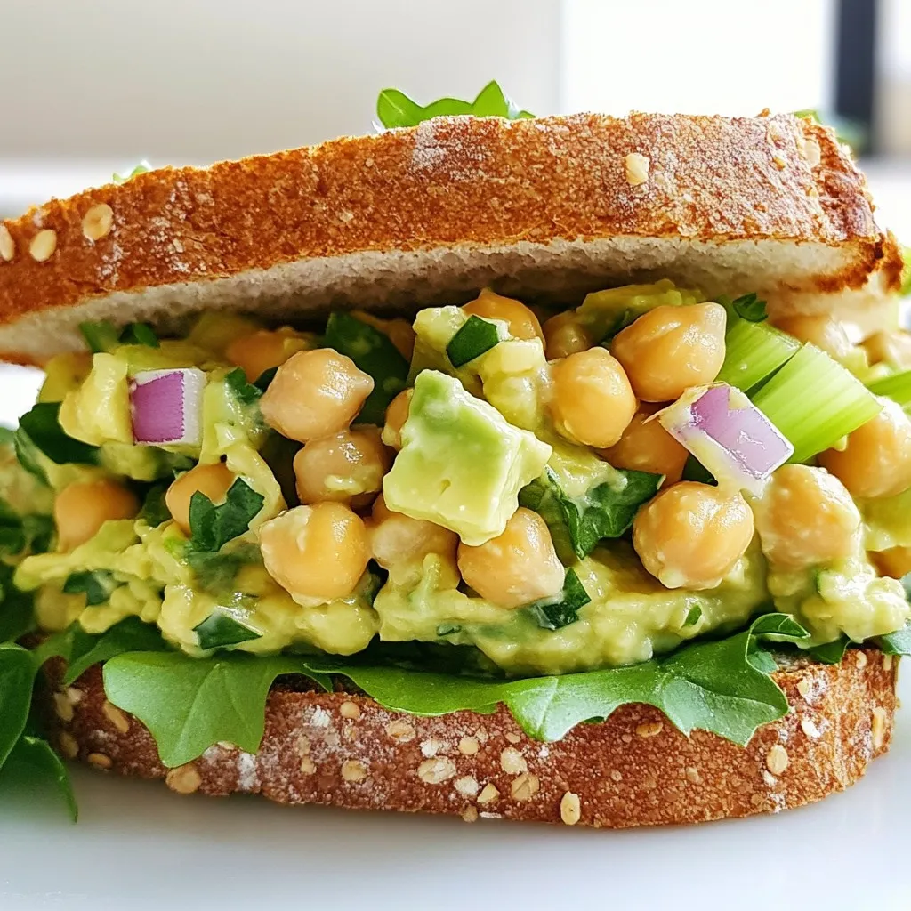 - Ripe avocado - Canned chickpeas - Red onion - Celery - Fresh lemon juice - Mayonnaise or Greek yogurt - Dijon mustard - Garlic powder - Salt and pepper - Whole grain bread - Leafy greens The ingredients for the avocado chickpea salad sandwich are simple yet packed with flavor. First, grab a ripe avocado. This is the star of the dish and adds creaminess. Next, you'll need one can of chickpeas. Chickpeas give protein and a nice bite. For some crunch, use red onion and celery. Their textures will balance the creamy avocado. Fresh lemon juice adds brightness and a tangy twist. You can choose between mayonnaise or Greek yogurt for added creaminess. Dijon mustard gives a hint of spice, while garlic powder adds depth. Don't forget salt and pepper to enhance all the flavors. Choose whole grain bread for a healthy base. Lastly, leafy greens like spinach or arugula will add freshness and nutrition. These ingredients come together to create a tasty and nourishing meal that you can enjoy anytime. {{ingredient_image_2}} - Prep the Base: Start by mashing the ripe avocado in a large bowl. Add the drained and rinsed chickpeas. Use a fork to mix them together. Leave some chickpeas whole for a nice texture. Aim for a creamy yet chunky mix. - Add Crunch: Next, fold in the finely chopped red onion and diced celery. This will give your salad a refreshing crunch. Mix everything evenly so each bite has a bit of crunch. - Make the Dressing: In a small bowl, whisk together the fresh lemon juice, mayonnaise or Greek yogurt, Dijon mustard, garlic powder, and salt and pepper. Keep whisking until you achieve a creamy consistency. - Combine Everything: Pour the dressing over the avocado and chickpea mix. Gently fold all the ingredients together. Ensure everything is well-coated with the dressing. Taste it and adjust the seasoning if needed. - Toast the Bread (Optional): If you like a bit of crunch, toast your whole grain bread. You can use a toaster or a skillet. Toast until it’s golden brown. - Assemble the Sandwich: Lay leafy greens on the bottom two slices of bread. Generously spoon the avocado chickpea mixture on top of the greens. This helps keep the bread from getting soggy. Place the remaining slices of bread on top to complete your sandwich. - Serve and Enjoy: Cut your sandwiches in half diagonally for a classic look. Serve them right away. These sandwiches make a great lunch or a light dinner. To create the best avocado chickpea salad sandwich, focus on texture. I like to mash the avocado and chickpeas together but leave some chickpeas whole. This gives a nice mix of creamy and chunky bites. When it comes to seasoning, always taste as you mix. If it needs more zing, add extra lemon juice or a pinch of salt. You can also customize the crunch level. If you love crunch, toss in more celery or even some chopped bell peppers. For a softer bite, reduce the onion or celery. Pair your sandwich with fresh veggies or a light salad. Colorful sliced cucumbers, carrots, or bell peppers add a bright touch. For a picnic vibe, wrap each sandwich in parchment paper. This makes it fun and easy to take on the go. You can also serve the sandwich with a side of chips or a bowl of soup for a complete meal. This mix of flavors and textures will make your lunch or dinner a hit! Pro Tips Perfectly Ripe Avocado: Ensure your avocado is perfectly ripe for the best flavor and creaminess. It should yield slightly when gently squeezed. Texture Variety: For a delicious texture, leave some chickpeas whole while mashing the rest. This adds a nice contrast to the creamy avocado. Customize Your Greens: Feel free to mix up the leafy greens! Kale, lettuce, or even fresh herbs can elevate your sandwich to a new level. Meal Prep Friendly: This avocado chickpea mixture can be prepped in advance and stored in the fridge for 1-2 days, making it a great option for quick lunches. {{image_4}} You can easily switch out some ingredients in this avocado chickpea salad sandwich for a twist. - Lighter alternatives to mayonnaise: Try Greek yogurt instead of mayonnaise. It gives a creamy taste with fewer calories. - Different types of bread: Use sourdough, pita, or gluten-free bread. Each choice brings a new flavor and texture. - Additional vegetables to include: Add diced cucumber, bell peppers, or even shredded carrots for extra crunch and nutrition. Spicing up your sandwich can make it even more delicious. - Adding spices for extra zest: A pinch of cayenne pepper or smoked paprika can add heat and depth. Experiment with cumin for a warm touch. - Incorporating herbs: Fresh herbs like cilantro or dill can brighten the flavors. Try adding chopped basil for a nice twist. To keep your avocado chickpea salad fresh, store it in an airtight container. Make sure to press out as much air as possible to prevent browning. This method will help keep the flavors intact. You can also layer plastic wrap over the salad, pressing it right against the surface. This reduces oxidation. For best results, eat the leftovers within two days. The longer it sits, the more the avocado may brown. If you want to refresh your sandwich, avoid using a microwave. Instead, try these methods: - Skillet Method: Heat a skillet over medium heat. Place the sandwich in the skillet and cover it. Cook for about 3 minutes on each side. This warms the sandwich and keeps the bread crispy. - Oven Method: Preheat your oven to 350°F (175°C). Wrap the sandwich in foil and heat for about 10 minutes. This way, the bread stays crisp and the filling warms evenly. These methods keep your sandwich tasty without making it soggy. Enjoy every bite! Can I make this recipe ahead of time? Yes, you can make this avocado chickpea salad ahead of time. Just store it in an airtight container. This makes it easy to grab for lunch or a quick snack. I recommend making it no more than a day in advance for the best taste. How long does the avocado chickpea salad last in the fridge? The salad lasts about 2 to 3 days in the fridge. However, the avocado may turn brown over time. To slow this down, add a bit of extra lemon juice. This adds flavor and keeps the salad looking fresh. What are some gluten-free bread options? You can use various gluten-free breads. Look for brands made from almond flour, rice flour, or chickpea flour. These options taste great and pair well with the salad. You can also use lettuce wraps for a low-carb option. Caloric content per serving One serving of this sandwich has about 350 calories. This can vary based on the bread and added ingredients. It's a filling meal that keeps you satisfied. Health benefits of ingredients - Avocado: Packed with healthy fats and fiber. It helps keep your heart healthy. - Chickpeas: A great source of protein and fiber. They support digestion and help keep you full. - Red onion: Contains antioxidants and may boost heart health. - Celery: Low in calories and high in water content. It's great for hydration. - Lemon juice: Rich in vitamin C and aids in digestion. - Greek yogurt: Adds protein and calcium. It can be a healthy swap for mayonnaise. Each ingredient brings its own benefits, making this sandwich a tasty and nutritious choice. This blog post guides you through making a delicious avocado chickpea sandwich. We covered the essential ingredients, step-by-step prep, and tips to make it perfect. You can customize flavors and textures to suit your taste. Don’t forget about storage tips for leftovers and answers to common questions. Enjoy this healthy meal that’s easy to prepare and satisfying. You now have all you need to whip up this tasty sandwich anytime you crave something fresh and nutritious.