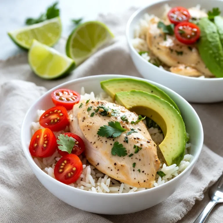 - 2 boneless, skinless chicken breasts - 1 cup coconut milk - 2 tablespoons fresh lime juice - Zest of 1 lime - 1 tablespoon honey - 1 teaspoon garlic powder - 1 teaspoon ginger powder - Salt and pepper, to taste - 1 cup jasmine rice - 1 3/4 cups chicken broth (or water) - 1 cup cherry tomatoes, halved - 1 ripe avocado, sliced - 1/4 cup fresh cilantro, chopped - Lime wedges for serving These key ingredients make the Coconut Lime Chicken Bowls fresh and bright. The chicken gets a rich flavor from the coconut milk and lime juice. The jasmine rice forms a perfect base, soaking up the sauce. - Additional fresh cilantro - Sliced jalapeños for heat - Chopped green onions - Sesame seeds for crunch Add these garnishes to boost the dish's flavor and look. Fresh cilantro brightens each bite, while jalapeños add a spicy kick. - Steamed vegetables like broccoli or green beans - A light salad with mixed greens - Crispy tortilla chips with salsa Pair these bowls with sides that balance the dish. Steamed veggies add nutrients and color, while a salad provides a refreshing crunch. Enjoy your meal with crispy chips for a fun twist! {{ingredient_image_2}} First, gather your mixing bowl. Combine the coconut milk, lime juice, lime zest, honey, garlic powder, ginger powder, and a pinch of salt and pepper. Whisk until everything blends well. Add the chicken breasts, making sure they get coated. Cover the bowl with plastic wrap. Place it in the fridge for at least 30 minutes, or up to 2 hours for more flavor. Next, grab a medium saucepan. Bring the chicken broth or water to a boil. Once it bubbles, add your jasmine rice and stir it briefly. Reduce the heat to low. Cover the pot with a lid and let it simmer for about 15 minutes. The rice should absorb all the liquid. After that, remove it from heat and let it sit covered for 5 more minutes to fluff up. Now, heat a non-stick skillet over medium heat. Take the chicken breasts out of the marinade. Keep the marinade for later. Place the chicken in the skillet. Cook for about 6 to 7 minutes on each side. The chicken should reach 165°F (75°C) inside. Once done, take it out and let it rest for a few minutes. Slice it into strips. In the same skillet, pour in the reserved marinade. Turn up the heat a little and bring it to a gentle simmer. Cook for about 3 to 5 minutes until the sauce thickens slightly. Stir occasionally so it doesn't stick. To build your bowls, start with jasmine rice as the base. Divide it equally among serving bowls. Layer each bowl with sliced chicken, halved cherry tomatoes, and avocado slices. Drizzle the thickened coconut lime sauce over each bowl for extra flavor. Sprinkle fresh chopped cilantro on top of each bowl. Serve with lime wedges on the side. This adds a burst of flavor to your meal. Enjoy your colorful and tasty Coconut Lime Chicken Bowls! To make the chicken tender and juicy, I recommend pan-searing. This method gives a great flavor and color. Start with a hot, non-stick skillet. Add a little oil to prevent sticking. Cook each side for about 6-7 minutes. Always check the internal temperature. It should reach 165°F (75°C) for safe eating. Letting the chicken rest for a few minutes after cooking helps keep it juicy. Slicing it too soon can let all the juices escape. For perfect, fluffy jasmine rice, rinse it first. This removes excess starch. Use a 1:1.75 ratio of rice to liquid. For this dish, chicken broth adds flavor. Bring the broth to a boil before adding the rice. Stir briefly and cover the pot. Cook on low heat for 15 minutes. After cooking, let it sit covered for 5 more minutes. This step allows the rice to steam and become fluffy. Fluff it gently with a fork before serving. To get the sauce just right, use the marinade after cooking the chicken. Pour it into the same skillet and raise the heat. Let it simmer for 3-5 minutes. Stir it often to avoid sticking. The sauce will thicken as it cooks. If it gets too thick, add a splash of water or chicken broth. This helps keep it smooth and pourable. A well-balanced sauce will enhance the dish's flavor without overpowering it. Pro Tips Marinate Longer for Flavor: The longer you marinate the chicken, the more flavorful it will be. Aim for at least 2 hours, or even overnight, for the best results. Use Fresh Ingredients: Fresh lime juice and zest will provide a more vibrant flavor compared to bottled juice. Consider using fresh herbs for garnish as well. Check Chicken Doneness: Always use a meat thermometer to ensure the chicken reaches an internal temperature of 165°F (75°C) for safe consumption. Customize Your Bowls: Feel free to add or substitute toppings like corn, black beans, or grilled peppers for added texture and flavor in your bowls. {{image_4}} You can switch out the chicken for other proteins. Shrimp works well in this dish. Just cook the shrimp for about 3-4 minutes until they turn pink. Tofu is another great choice for a plant-based option. Press and cube firm tofu, then marinate it like the chicken. Cook it in the skillet until golden brown. You can also try beef or pork. Just make sure to adjust the cooking time based on the protein you choose. To make this meal vegetarian, skip the chicken and use hearty veggies. I love using bell peppers, zucchini, and mushrooms. Sauté the veggies in the same skillet after marinating them. They soak up the coconut flavor nicely. You can also add chickpeas for extra protein. This way, you get a colorful, filling bowl packed with nutrients. Want to boost the taste? Add a pinch of red pepper flakes for heat. You can also mix in some fresh herbs like basil or mint for a twist. A splash of soy sauce or fish sauce can deepen the flavor further. Try adding a drizzle of sesame oil before serving for extra richness. Each change can make your coconut lime chicken bowls unique and fun! After making Coconut Lime Chicken Bowls, you may have some tasty leftovers. Store them in an airtight container. This keeps the chicken and rice fresh. Place them in the fridge. They stay good for about three days. If you want to keep them longer, consider freezing. When it's time to eat leftovers, you can reheat them easily. For the best results, use the stovetop. Heat a skillet over medium heat. Add a splash of water or broth to help steam the chicken and rice. Stir frequently until everything is warm. You can also use a microwave. Just cover your bowl with a microwave-safe lid or wrap. Heat in short bursts, stirring in between, until hot. If you want to freeze your Coconut Lime Chicken Bowls, it’s simple! Let everything cool down first. Then, place the chicken and rice in a freezer-safe bag or container. Try to remove as much air as you can. This helps prevent freezer burn. Label your container with the date. You can keep them in the freezer for up to three months. When you’re ready to eat, thaw in the fridge overnight and reheat as mentioned above. Yes, you can use frozen chicken. Just remember to thaw it completely first. This helps the chicken marinate well. If you skip this step, the flavors won’t soak in as much. Plan ahead so you can enjoy the best taste! If you don't have coconut milk, use almond milk or soy milk. These alternatives work well in this recipe. You can add a bit of shredded coconut for extra flavor. Dairy milk can also be used, but it will change the taste. Keep this in mind when making your choice. To add some heat, you can use chili flakes or fresh jalapeños. Mix them into the marinade for a kick. Another option is to serve with a spicy sauce on the side. You can also add hot sauce directly to the bowls for extra spice. Adjust the heat to match your taste! This blog post covered key ingredients, step-by-step cooking, helpful tips, delicious variations, and storage info. You learned how to marinate chicken, cook fluffy rice, and make a tasty sauce. I shared options for protein swaps and how to spice things up. Remember, you can store and reheat leftovers easily. My final thought is to enjoy the process. Cooking is not just about the food but also about having fun! Experiment with flavors and make the recipe yours.