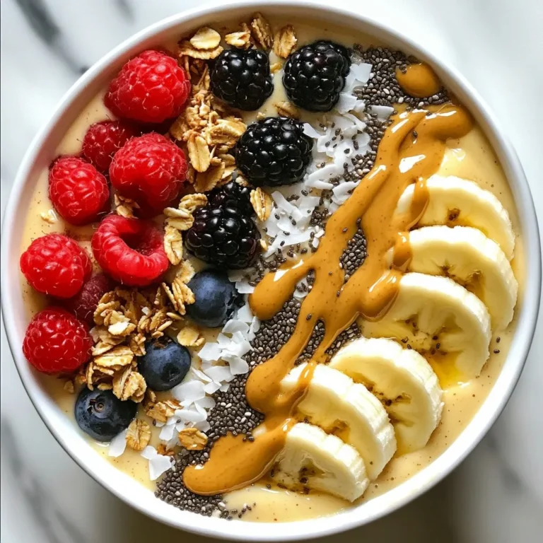 For a tasty peanut butter banana smoothie bowl, gather these key ingredients: - 2 ripe bananas, frozen and sliced - 1 cup almond milk (or your favorite milk alternative) - 2 tablespoons natural peanut butter - 1/2 teaspoon vanilla extract These ingredients create a creamy and rich base for your smoothie bowl. The frozen bananas add sweetness and texture. You might want a touch of sweetness. If so, consider adding: - 1 tablespoon honey or maple syrup Adjust this based on your taste. If you prefer a less sweet bowl, skip the sweetener. The bananas and peanut butter are sweet on their own. Toppings make your smoothie bowl fun and flavorful. Here are some great options: - Fresh banana slices - Crunchy granola - Chia seeds - Shredded coconut - Assorted berries (like strawberries or blueberries) - A generous drizzle of peanut butter These toppings add texture, color, and more taste to your bowl. Experiment with different combinations for variety! {{ingredient_image_2}} Start by gathering your frozen banana slices. The bananas should be ripe for the best flavor. Place them in your blender. This is the key ingredient that gives the smoothie its creamy texture. Then, pour in one cup of almond milk. You can also use any milk you prefer. Next, add two tablespoons of natural peanut butter. This adds a rich, nutty flavor. If you like your smoothie sweet, include one tablespoon of honey or maple syrup. Finally, add half a teaspoon of vanilla extract for a nice touch of flavor. Now it’s time to blend! Turn your blender on high speed. Watch as the ingredients mix together. Blend until the mixture is smooth and creamy. You may need to stop a few times to scrape down the sides. This helps ensure everything blends well. If the mixture is too thick, add a little more milk. Blend again until you reach that perfect creamy texture. This step is crucial for a delightful smoothie bowl. Once your smoothie is ready, carefully pour it into a wide, shallow bowl. This allows you to show off your beautiful creation. Now comes the fun part: toppings! Arrange fresh banana slices on top. Add a sprinkle of crunchy granola for texture. You can also add chia seeds and shredded coconut for extra flavor. Toss in some fresh berries for a pop of color. Finally, drizzle some extra peanut butter on top. This adds richness and ties all the flavors together. Enjoy this energizing boost with a spoon! To get a creamy smoothie, use frozen bananas. They help create a thick base. If your smoothie is too thick, add more almond milk. Blend until smooth. Keep the blender on high for best results. Scrape the sides to mix all ingredients well. The right texture makes a big difference! Store ripe bananas at room temperature. If they become too ripe, freeze them. Just peel and slice them first. Other ingredients, like almond milk, should go in the fridge. Check the expiration date on your milk alternative. Keep peanut butter in a cool, dry place to avoid spoilage. Presentation is key for a smoothie bowl. Start by pouring the smoothie into a wide bowl. Use fresh banana slices and arrange them neatly on top. Add a sprinkle of granola for crunch. Chia seeds and shredded coconut add nice texture. Finish with berries for color and extra flavor. Drizzle peanut butter on top to tie it all together. Serve right away for a fresh look! Pro Tips Use Frozen Bananas: Using frozen bananas not only gives your smoothie bowl a creamy texture but also keeps it cool and refreshing, perfect for hot days. Choose Your Milk Wisely: Experiment with different milk alternatives such as oat milk or coconut milk to find your preferred flavor and creaminess level. Garnish with Color: Adding colorful toppings like berries or edible flowers not only enhances the visual appeal of your bowl but also boosts its nutritional value. Make it a Meal: To turn this smoothie bowl into a more substantial meal, consider adding protein-rich toppings like Greek yogurt or a scoop of protein powder to the smoothie mix. {{image_4}} You can easily make this smoothie bowl dairy-free. Use almond milk, oat milk, or soy milk as your base. For nut-free options, try sunflower seed butter instead of peanut butter. This keeps the creamy texture and flavor while making it safe for those with nut allergies. Feel free to get creative with your toppings! Here are some ideas: - Sliced strawberries or blueberries for sweetness - Granola for crunch - Pumpkin seeds for a boost of protein - A sprinkle of cinnamon for warmth - A spoonful of yogurt for creaminess Mix and match these toppings to suit your taste. The options are endless! Take advantage of seasonal fruits to enhance your smoothie bowl. In spring and summer, add fresh berries or peaches for a juicy twist. In fall, consider adding diced apples or pears. In winter, use citrus fruits like oranges or grapefruits for a refreshing zing. Seasonal ingredients not only taste great but also provide a variety of nutrients. If you have leftover smoothie bowl, store it in an airtight container. This helps keep it fresh. The smoothie will stay good in the fridge for up to 24 hours. However, it may lose some creaminess. Stir it well before enjoying it again. You can freeze the smoothie base for later use. Pour the blended smoothie into ice cube trays or freezer bags. This way, you can make quick smoothies later. Just thaw the cubes in the fridge or blend them frozen for a slushy drink. To keep your ingredients fresh, store bananas at room temperature. Avoid putting them in the fridge until they are ripe. For almond milk, keep it sealed and in a cool place. Check expiration dates often. This helps ensure your smoothie bowl tastes great every time. Yes, you can use fresh bananas. However, your smoothie bowl will not be as cold or thick. Frozen bananas make the smoothie creamy and frosty. If you use fresh bananas, add some ice cubes. This will help you get a chill and a nice texture. To make it vegan, choose plant-based milk. Almond milk is a great option. Use maple syrup instead of honey for sweetness. Check that your peanut butter is pure and dairy-free. With these swaps, you can enjoy a tasty vegan treat. Peanut butter is rich in protein and healthy fats. It helps keep you full longer. Bananas provide energy and are high in potassium. This helps your muscles and heart stay strong. Together, they make a great snack. They can boost your mood and give you energy for the day. You learned how to make a tasty smoothie bowl with fresh ingredients. I shared tips for blending, presenting, and storing your bowl for the best taste. You can switch out ingredients for different flavors or diets, like dairy-free options. Keeping your ingredients fresh makes a big difference. Enjoy creating your own unique smoothie bowls!