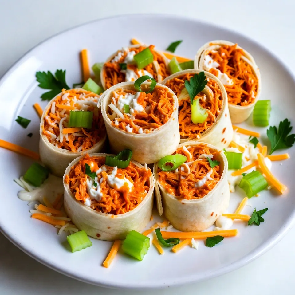 To make Buffalo Chicken Pinwheels, you need the following: - 2 cups shredded cooked chicken - 1/2 cup cream cheese, softened - 1/2 cup buffalo sauce (your choice of hot sauce) - 1 cup shredded sharp cheddar cheese - 1/2 cup finely chopped celery - 1/4 cup green onions, sliced thin - 4 large flour tortillas (burrito size) - 1/4 cup ranch dressing (for dipping) - Optional: fresh parsley, finely chopped for garnish These ingredients make a tasty, fun snack for any gathering. If you have allergies or dietary needs, here are some good swaps: - Chicken: Use shredded turkey or tofu for a vegetarian option. - Cream Cheese: Try dairy-free cream cheese or hummus to keep it vegan. - Buffalo Sauce: For a milder flavor, use barbecue sauce instead. - Tortillas: Gluten-free tortillas work well for a gluten-free option. - Cheddar Cheese: Swap for dairy-free cheese or omit it entirely. These substitutions keep the recipe safe for everyone. Using the right brands can elevate your dish. Here are my top picks: - Buffalo Sauce: Frank’s RedHot is a classic choice for authentic flavor. - Cream Cheese: Philadelphia cream cheese offers a rich, creamy texture. - Cheddar Cheese: Tillamook sharp cheddar adds a nice bite. - Tortillas: Mission flour tortillas are soft and easy to roll. - Ranch Dressing: Hidden Valley ranch dressing is a fan favorite. These brands help you achieve the best taste in your pinwheels. {{ingredient_image_2}} To start, gather your ingredients. You need shredded cooked chicken, cream cheese, and buffalo sauce. In a mixing bowl, add 2 cups of shredded chicken. Next, scoop in 1/2 cup of softened cream cheese. Pour in 1/2 cup of your favorite buffalo sauce. Use a fork to mix until smooth and creamy. Then, add 1 cup of shredded sharp cheddar cheese. Toss in 1/2 cup of finely chopped celery and 1/4 cup of thinly sliced green onions. Stir everything together until well combined. This filling should taste spicy and rich. Now, take a large flour tortilla and lay it flat on a clean surface. Spoon about 1/4 of your chicken mixture into the center of the tortilla. Spread the filling gently, leaving about an inch of space at the edges. This space helps when you roll it up. Start rolling from one end, keeping the filling snug inside. Roll tightly but not too tight to avoid tearing the tortilla. Repeat this for the other tortillas until all are filled. Once you roll all the tortillas, wrap each one tightly in plastic wrap. Place them in the fridge for at least 30 minutes. This step helps the pinwheels firm up, making them easier to slice. After chilling, take them out of the fridge. Use a sharp knife to cut each roll into bite-sized pieces, around 1 to 1.5 inches thick. Arrange the pinwheels on a colorful platter. Drizzle some ranch dressing on top and add fresh parsley if you like. This makes them look appealing and ready to serve! To get a creamy filling, start with softened cream cheese. This makes mixing easy. Combine it well with shredded chicken and buffalo sauce. Use a fork or spatula to mix until smooth. If you want extra creaminess, try adding a splash of ranch dressing. This will give your filling a rich taste. When rolling, lay your tortilla flat and add the filling in the center. Spread it evenly, leaving some space at the edges. Start rolling from one side, keeping the filling tight. Roll gently but firmly. This helps keep the filling inside. If you feel it’s too loose, try to roll it again more tightly. To stop pinwheels from unrolling, chill them in plastic wrap. This firms up the filling. After chilling, slice them with a sharp knife. Be gentle while cutting. If they still unroll, you can use toothpicks to hold them together. Just remember to remove the toothpicks before serving. Pro Tips Use Leftover Chicken: This recipe is perfect for using up leftover rotisserie chicken, saving you time and enhancing flavor. Customize Your Heat: Adjust the amount of buffalo sauce to suit your spice tolerance; you can even mix in a milder sauce for a more balanced flavor. Chill Before Slicing: Allowing the pinwheels to chill in the refrigerator helps them hold their shape when slicing, resulting in cleaner cuts. Garnish for Appeal: A sprinkle of fresh parsley not only adds color but also a hint of freshness that complements the spicy filling. {{image_4}} You can make your buffalo chicken pinwheels spicy or mild. The key is in the buffalo sauce. If you love heat, use a hot sauce that has a kick. If you prefer a milder taste, go for a less spicy sauce. You can also mix buffalo sauce with ranch dressing to tone it down. This mix gives you flavor without too much heat. Adjust the amount to fit your taste, and everyone can enjoy their own version. Feel free to add more ingredients to your pinwheels. For a crunch, add diced bell peppers or shredded carrots. You can use different cheeses too. Creamy blue cheese or pepper jack cheese can change the taste. For extra flavor, try adding spices like garlic powder or paprika. You can also toss in cooked bacon for a savory twist. Customizing these pinwheels makes them fun and unique for any gathering. Serve your buffalo chicken pinwheels with tasty dips. Ranch dressing is a classic choice. You can also serve blue cheese dressing for a bold flavor. Pair the pinwheels with crunchy veggies like celery sticks or carrot sticks. They add a fresh crunch to your snack. For drinks, iced tea or a light beer pairs well with the spicy taste. These combinations make your snack time more enjoyable and satisfying. To keep your buffalo chicken pinwheels fresh, wrap them tightly in plastic wrap. This seals in moisture and flavor. You can also place them in an airtight container. Make sure the container is sealed well to prevent air from getting in. Store them in the fridge until you're ready to serve. This keeps them cool and safe to eat. If you want to enjoy warm pinwheels, you can reheat them easily. Preheat your oven to 350°F (175°C). Place the pinwheels on a baking sheet. Heat for about 10 minutes or until warm. You can also use a microwave for quick reheating. Just place a few on a microwave-safe plate and heat for about 20-30 seconds. Buffalo chicken pinwheels can last in the fridge for up to 3 days. After that, the taste and texture may change. If you want to keep them longer, you can freeze them. Wrap each pinwheel tightly in plastic wrap and then place them in a freezer bag. They can last up to 2 months in the freezer. When you’re ready to eat them, thaw in the fridge overnight before reheating. Enjoy your tasty snack anytime! Yes, you can use rotisserie chicken. It saves time and adds great flavor. Just shred the chicken and mix it with the other ingredients. You will get a tasty filling without much work. This option makes the recipe quicker and still delicious. You can keep pinwheels in the fridge for about three days. Make sure to wrap them tightly in plastic wrap. This keeps them fresh and prevents them from drying out. If you need them to last longer, consider freezing them. Ranch dressing is a classic choice. Its cool creaminess balances the heat from the buffalo sauce. You can also try blue cheese dressing for a bold flavor. If you like extra spice, a spicy mayo or sriracha can be fun. This blog post covered each step to make delicious buffalo chicken pinwheels. We explored all the ingredients, helpful substitutions, and the best brands to use. The step-by-step guide showed you how to prepare, roll, and slice the pinwheels perfectly. We also shared tips to keep your filling creamy and your pinwheels from unrolling. In the end, these tasty snacks can be made your own with fun variations. Store them properly to enjoy later. Try out these ideas, and enjoy your cooking!