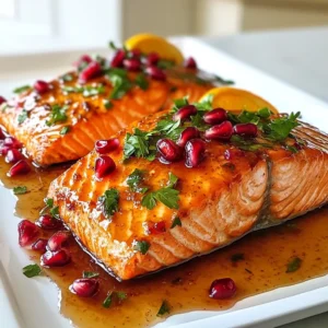 - 2 salmon fillets (about 6 ounces each) - 1/2 cup fresh pomegranate seeds - 1 large orange (juiced and zested) - 2 tablespoons honey (preferably raw) - 1 tablespoon high-quality extra virgin olive oil - 2 cloves garlic (finely minced) - Salt and freshly ground black pepper to taste - Fresh parsley (roughly chopped) - Additional pomegranate seeds or orange slices In this dish, fresh salmon fillets shine. They provide a rich, healthy protein source. The pomegranate seeds add a sweet and tart burst of flavor. Orange juice and zest enhance the dish with bright citrus notes. Honey gives a touch of natural sweetness. Using high-quality olive oil not only adds flavor but also healthy fats. Minced garlic brings depth to the marinade. Seasoning with salt and pepper allows the ingredients to stand out. For a beautiful finish, garnish with parsley. It adds a pop of green and freshness. Extra pomegranate seeds or orange slices also make the plate inviting. These simple ingredients come together to create a flavorful and healthy dish that you will love! {{ingredient_image_2}} 1. Preheat the oven: Start by setting your oven to 400&deg;F (200&deg;C). This heat will make the salmon cook just right. 2. Prepare the marinade: In a small bowl, mix the orange juice, orange zest, honey, and minced garlic. Whisk until everything is combined well. 1. Coat the fillets with marinade: Place the salmon fillets in a shallow dish. Pour half the marinade over the fillets. Make sure each piece is coated evenly. 2. Marinate duration and tips: Let the salmon sit in the marinade for about 15 minutes. This time allows the flavors to soak in. If you have more time, you could marinate it longer for a richer taste. 1. Transfer and season the salmon: After marinating, move the salmon to a lined baking sheet. Season each fillet with salt and cracked black pepper. 2. Baking instructions: Drizzle olive oil over the salmon. Scatter pomegranate seeds on top, then pour the rest of the marinade over the fillets. Bake for 15 to 20 minutes. The salmon should flake easily with a fork when it&rsquo;s done. 3. Resting the salmon after baking: Once baked, take the salmon out of the oven. Let it rest for a couple of minutes. This helps keep the juices inside, making every bite juicy and tender. To marinate salmon well, use fresh ingredients. I suggest letting the salmon soak in the marinade for about 15 minutes. This allows the fish to absorb all those tasty flavors. Make sure you cover the fillets evenly. If you have time, marinating longer boosts the taste even more. How do you know when salmon is cooked? The salmon should flake easily with a fork. It will also change from a bright pink to a lighter shade. Use a meat thermometer; the internal temperature should reach 145&deg;F (63&deg;C). If you follow these tips, you'll cook perfect salmon every time. To boost flavor, consider adding fresh herbs like dill or thyme. Both pair well with the sweetness of the pomegranate and orange. You can also sprinkle some chili flakes for a hint of heat. For added flavor, drizzle a bit of balsamic glaze over the cooked salmon. This adds depth and a touch of sweetness. Another option is to squeeze fresh lemon juice on top just before serving. It brightens the dish and balances the flavors. For plating, use a clean white plate to make the colors pop. Place each salmon fillet on a bed of fluffy quinoa or saut&eacute;ed greens. This adds texture and brings a fresh taste. Get creative with garnishes! Use extra pomegranate seeds for color. Add some thin orange slices on the side for a bright touch. A sprinkle of chopped parsley on top adds freshness and looks beautiful. Enjoy your presentation as much as the meal itself! Pro Tips Marinate Longer for Depth: For even richer flavor, consider marinating the salmon for 30 minutes to an hour in the refrigerator. This allows the flavors to penetrate the fish more deeply. Use Fresh Pomegranate Juice: If possible, use freshly squeezed pomegranate juice in the marinade for an intensified flavor profile that perfectly complements the salmon. Check for Doneness: To ensure your salmon is perfectly cooked, use a meat thermometer. The internal temperature should reach 145&deg;F (63&deg;C) for safe and delicious results. Experiment with Herbs: Feel free to add other herbs like dill or thyme in addition to parsley for a unique twist on flavor and presentation. {{image_4}} You can swap out honey for maple syrup or agave nectar. This change keeps the dish sweet and tasty. If you want to try a different fish, use trout or tilapia. Both fish work well with the marinade and flavors. You can grill or bake the salmon. Grilling gives a nice smoky taste. Bake it for a simple, hands-off method. If you choose to pan-sear, heat oil in a skillet. Sear the salmon for a few minutes on each side. This method gives a crispy outside and a tender inside. Adding spices can change the taste a lot. Try cumin for warmth or smoked paprika for depth. You can also mix in fruits like mango or kiwi. These fruits add a fresh twist to the dish and pair well with the pomegranate and orange. To keep your salmon fresh, use airtight containers. Glass or plastic containers work best. Store your leftovers in the refrigerator. They will stay good for up to three days. Make sure to let the salmon cool before sealing. If you want to freeze salmon, wrap it tightly in plastic wrap. Place it in a freezer-safe bag. This keeps air out and prevents freezer burn. You can freeze the salmon for up to three months. When you're ready to eat it, defrost it in the fridge overnight. This keeps the fish safe and tasty. To reheat salmon, use the oven or a skillet. Set your oven to 250&deg;F (120&deg;C). Place the salmon on a baking sheet and cover it with foil. Heat for about 15 minutes. If using a skillet, add a little olive oil over low heat. This will help keep it moist. Avoid using a microwave, as it can make the salmon dry. The best way to cook salmon is to use the oven. Baking keeps the fish moist and tender. Here are some tips for different cooking methods: - Baking: Preheat your oven to 400&deg;F (200&deg;C). Bake for 15 to 20 minutes. - Grilling: Preheat the grill. Cook each side for about 4 to 6 minutes. - Pan-searing: Heat oil in a pan over medium heat. Cook skin-side down for 6 to 7 minutes. - Broiling: Set your oven to broil. Place the salmon about 6 inches from the heat and cook for 6 to 8 minutes. Each method brings out unique flavors and textures. Yes, you can use frozen salmon. Just follow these guidelines: - Thawing: Take the salmon out of the freezer and place it in the fridge for 12 to 24 hours. - Quick Thawing: If you're short on time, seal the salmon in a bag. Submerge it in cold water for about an hour. - Cooking from frozen: If you don&rsquo;t thaw, add 5 to 10 extra minutes to your cooking time. Frozen salmon can still taste great when cooked properly. You can know when salmon is done by checking a few indicators: - Color: The salmon should change from a translucent pink to an opaque pink. - Flaking: Use a fork to gently flake the fish. If it flakes easily, it's done. - Internal temperature: The ideal internal temperature is 145&deg;F (63&deg;C). Keeping an eye on these signs ensures your salmon is perfectly cooked. This blog provided a clear path to making a delicious salmon dish. We covered key ingredients like salmon, pomegranate, and orange juice. Detailed steps for preparing, marinating, and cooking the salmon made it easy to follow. Tips on storage and variations added extra value. Try different herbs or spices to personalize it. Enjoy the beautiful presentation with garnishes. With these insights, you can create a tasty meal everyone will love. Happy cooking!