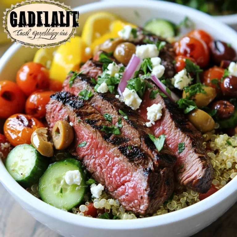 To make a great Mediterranean steak bowl, you need: - 1 lb flank steak - 1 cup cooked quinoa - 1 cup cherry tomatoes, halved - 1 cucumber, diced - 1/2 red onion, thinly sliced - 1/2 cup kalamata olives, pitted and halved - 1/2 cup feta cheese, crumbled These ingredients come together to create a colorful and tasty dish. The right seasonings make all the difference. For this recipe, you will use: - 2 tablespoons extra virgin olive oil - 1 teaspoon ground cumin - 1 teaspoon smoked paprika - Salt and freshly ground black pepper to taste - 1/4 teaspoon garlic powder These spices give your steak a rich flavor. The olive oil helps the spices stick and adds a nice finish. To add freshness and crunch, consider these toppings: - Fresh parsley, finely chopped for garnish - 2 tablespoons fresh lemon juice The parsley adds a pop of green. Lemon juice brightens the whole dish. You can also sprinkle some extra feta on top for good measure. Each ingredient plays a role in making your Mediterranean steak bowls both easy and flavorful. {{ingredient_image_2}} Start by making a marinade. In a bowl, mix 2 tablespoons of olive oil, 1 teaspoon of ground cumin, 1 teaspoon of smoked paprika, 1/4 teaspoon of garlic powder, salt, and black pepper. Whisk it all together until smooth. Now, take 1 pound of flank steak. Rub the marinade all over the steak. Make sure it’s well coated. Cover the steak and let it marinate for at least 30 minutes. For more flavor, let it sit in the fridge for up to 2 hours. When your steak is ready, heat your grill to medium-high. Remove the steak from the marinade, shaking off the extra. Grill the steak for about 4-5 minutes on each side. Adjust the time if you want it more or less cooked. Once it’s done, move the steak to a cutting board. Let it rest for at least 5 minutes. This makes it juicy. After resting, slice the steak against the grain into thin strips. While the steak rests, it’s time for the quinoa salad. In a big bowl, combine 1 cup of cooked quinoa with 1 cup of halved cherry tomatoes, 1 diced cucumber, and 1/2 thinly sliced red onion. Add 1/2 cup of halved kalamata olives too. Drizzle the salad mix with 2 tablespoons of fresh lemon juice. Toss it gently to mix everything well. This salad adds a fresh touch to your bowls. When choosing steak, I love using flank steak. It has a nice flavor and cooks well. Look for a cut with good marbling. This means it has fat running through it, which adds juiciness. If you can't find flank steak, try skirt steak or sirloin. Both will work nicely in this dish. Marinating is key for great taste. I recommend at least 30 minutes of marination. If you have time, let it marinate for up to two hours. This helps the spices soak in and makes each bite more flavorful. Remember, the longer you marinate, the deeper the flavor. Just don’t go over two hours, as the meat can become too soft. Cooking quinoa is simple, but you need to rinse it first. This removes the bitter coating called saponin. Use a ratio of 1 part quinoa to 2 parts water. Bring it to a boil, then reduce to a simmer. Cover and cook for about 15 minutes. When it's done, fluff it with a fork. This makes it light and airy, perfect for your steak bowl. Pro Tips Marination Time: For the best flavor, allow the steak to marinate for at least 2 hours. If time permits, marinate overnight for a deeper taste. Resting the Steak: Always let the steak rest after grilling. This helps the juices redistribute, ensuring every bite is juicy and tender. Quinoa Cooking: For extra flavor, cook quinoa in vegetable or chicken broth instead of water. This enhances the overall taste of the dish. Serving Temperature: Serve the steak warm over the quinoa salad to create a delightful contrast with the cool vegetables and feta. {{image_4}} You can make a tasty vegetarian version of the Mediterranean steak bowls. Instead of flank steak, use grilled portobello mushrooms. They have a meaty texture and absorb flavors well. Marinate the mushrooms with olive oil, garlic powder, cumin, and smoked paprika. Grill them until tender, about 5-7 minutes. This swap keeps the dish hearty and satisfying. If you want to change the grain in your bowls, consider using farro or couscous. Both grains offer unique textures and flavors. Farro has a nutty taste and chewy bite, while couscous cooks quickly and is light. You can even use brown rice for a gluten-free option. Just cook the grain according to the package instructions. To boost the flavor in your Mediterranean steak bowls, add more herbs and spices. Fresh herbs like dill or mint can brighten the dish. Add a sprinkle of za'atar spice mix for a Middle Eastern twist. You can also mix in roasted red peppers or artichoke hearts for extra depth. A drizzle of tahini sauce or tzatziki can elevate the flavors even more. To keep your Mediterranean steak bowls fresh, store leftovers in airtight containers. Place the steak, quinoa salad, and toppings in separate containers. This way, they stay fresh and tasty. You can keep them in the fridge for up to three days. For best results, eat them within this time frame. When ready to enjoy your leftovers, reheat the steak and quinoa salad separately. Use a microwave for quick reheating. Heat the steak for about 30 seconds to 1 minute, checking for warmth. For quinoa, heat for about 1 minute, stirring halfway. Avoid overheating, as it can make the steak tough. You can freeze the steak bowls if you want to save them for later. Wrap the cooked steak tightly in plastic wrap and then in foil. Place the quinoa salad in a freezer-safe container. You can freeze these for up to three months. When ready to eat, thaw them in the fridge overnight before reheating. If you cannot find flank steak, you can use skirt steak or sirloin. Both cuts have great flavor and grill well. You can also try chicken breast or tofu for a lighter option. Just ensure the protein you choose cooks evenly for the best taste. To make your Mediterranean steak bowls more filling, add more grains. Quinoa is a great choice, but you can also use brown rice or farro. You can add beans like chickpeas or black beans for extra protein and fiber. Mixing in more veggies like roasted bell peppers or spinach can also boost nutrition and volume. Yes, you can prepare most parts of the dish in advance. Marinate the steak a few hours or even the night before. Cook the quinoa ahead of time and store it in the fridge. You can also chop the veggies and mix them with lemon juice to keep them fresh. Just grill the steak right before serving for the best flavor. In this post, I shared how to create tasty Mediterranean steak bowls. You learned about key ingredients, from the steak to the perfect toppings. I provided simple steps for marinating, grilling, and making quinoa salad. I also shared tips on selecting steak and cooking quinoa. You saw variations for different diets and smart storage ideas. These bowls are easy to customize, making them fun to prepare. Enjoy making them your own!