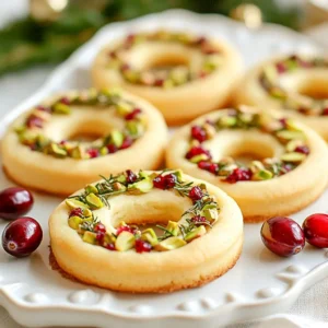 To make delicious pistachio cranberry wreath cookies, gather these ingredients: - 1 cup unsalted butter, softened to room temperature - 1 cup powdered sugar - 1 teaspoon pure vanilla extract - 2 &frac12; cups all-purpose flour - 1 teaspoon baking powder - &frac12; teaspoon salt - &frac12; cup pistachios, finely chopped - &frac12; cup dried cranberries, chopped into small pieces - 1 egg yolk (for egg wash) - Additional chopped pistachios and cranberries for garnish These ingredients create a festive treat that is both tasty and visually appealing. The butter gives the cookies a rich flavor. Powdered sugar adds sweetness and a lovely texture. The vanilla extract brings warmth to the cookies. The flour, baking powder, and salt work together to create the perfect dough. Pistachios and cranberries add crunch and tartness, making each bite special. When you mix these ingredients, remember to keep everything at room temperature. This step helps the butter blend well, creating a fluffy texture. Chopping the pistachios and cranberries into small pieces allows for even distribution in the dough. Each cookie will have a nice balance of flavors. Once you have your ingredients ready, you can start crafting these delightful wreath cookies. It&rsquo;s a fun and festive way to celebrate the season! {{ingredient_image_2}} - Preheat your oven to 350&deg;F (175&deg;C). - Line two baking sheets with parchment paper. To make the dough, start with creaming. In a large bowl, mix the softened butter and powdered sugar. Use an electric mixer to make it fluffy. This should take about 3-5 minutes. Next, add 1 teaspoon of pure vanilla extract. Mix until everything blends well. Now, take another bowl. In it, whisk together 2 &frac12; cups of all-purpose flour, 1 teaspoon of baking powder, and &frac12; teaspoon of salt. Gradually add this dry mix to the wet ingredients. Stir gently until just combined. Be careful not to over-mix. Now comes the fun part! Gently fold in &frac12; cup of finely chopped pistachios and &frac12; cup of dried cranberries. Make sure they spread evenly in the dough. Lightly flour a clean surface. Take about 2 tablespoons of dough and roll it into a rope shape. It should be about 6 inches long. Form this rope into a circle, sealing the ends to create a wreath shape. Place the wreath cookies on the lined baking sheets. Leave at least 2 inches between each cookie. This helps them not stick together. For a nice finish, brush the tops with an egg yolk. This gives them a shiny look after baking. Sprinkle additional chopped pistachios and cranberries on top for extra charm. Bake the cookies for 12-15 minutes. Look for lightly golden edges but soft centers. Once done, let the cookies cool on the baking sheet for about 5 minutes. After that, transfer them to a wire rack to cool completely. To get the best texture, do not over-mix your dough. Over-mixing can lead to tough cookies. Mix just until you see no dry flour. This keeps the centers soft and the edges lightly golden. To ensure this, watch the baking time closely. Bake the cookies for 12-15 minutes. The edges should be golden, while the centers stay soft. You can add more flavor to your cookies with simple swaps. Try adding orange zest for a bright twist. You might also use almond extract instead of vanilla for a nutty taste. If you want more texture, consider including shredded coconut or white chocolate chips. These small changes can boost the overall flavor. For a festive look, arrange your wreath cookies on a colorful platter. Intermingle them with fresh cranberries and sprigs of rosemary. This creates a beautiful holiday display. You can also dust the cookies with powdered sugar for a snowy effect. Adding a few edible glitter pieces can make them sparkle. Pro Tips Chill the Dough: Refrigerate the dough for 30 minutes before shaping the wreaths to make it easier to handle and to help the cookies maintain their shape during baking. Use Fresh Ingredients: Opt for fresh pistachios and cranberries for better flavor and texture. Dried cranberries should be plump and moist for the best results. Even Baking: Rotate your baking sheets halfway through the baking time to ensure even browning and prevent any hot spots in your oven from affecting the cookies. Creative Variations: Experiment with different nuts like walnuts or almonds, or add white chocolate chips for a delightful twist on these festive wreath cookies. {{image_4}} If you want to make these cookies nut-free, try sunflower seeds. They add a nice crunch. You can also use pumpkin seeds for a fun twist. If you want to swap out the dried cranberries, consider using raisins or chopped apricots. Both add sweetness and chewiness. Wreath cookies are fun, but you can try other shapes too. You could make stars or hearts. Use the same dough and just form it differently. For special events, adjust the wreath size. Smaller wreaths work great for parties, while larger ones can be a centerpiece. To make your cookies even more festive, add spices like cinnamon or nutmeg. These spices give a warm flavor. You can also try colorful toppings to match the season. Red and green sprinkles work well for Christmas. For other holidays, use colors that fit the theme. This makes your cookies stand out on any table. To keep your pistachio cranberry wreath cookies fresh, use an airtight container. A metal tin or plastic container works well. Store them at room temperature, away from direct sunlight. This keeps the cookies soft and tasty. Adding a slice of bread in the container can help maintain moisture. If you want to freeze the cookies, first let them cool completely. Place them in a single layer on a baking sheet. Freeze them for about an hour. After that, transfer the cookies to a freezer-safe bag or container. They can stay frozen for up to three months without losing flavor. When you are ready to enjoy your frozen cookies, take them out and let them sit at room temperature. This usually takes about 30 minutes. For a warm treat, place them in the oven at a low heat for a few minutes. Serve them with a hot drink for a cozy snack! To stop cookies from spreading, chill the dough for 30 minutes. This helps firm it up. Also, use parchment paper on your baking sheets. Make sure not to over-mix the dough. Over-mixing can lead to a thinner cookie. When you shape the wreaths, keep them thick. A thicker dough holds its shape better. Yes, you can make these cookies ahead. First, prepare the dough and shape the wreaths. Then, wrap them tightly in plastic wrap. You can store them in the fridge for up to three days. When ready to bake, take them out and let them sit for 10 minutes. Bake as directed. You can also freeze the shaped dough for up to two months. Just thaw it overnight in the fridge before baking. Decorate these cookies with a simple icing. Mix powdered sugar with a little milk to create a glaze. Drizzle it on top after baking. You can also sprinkle more chopped pistachios and cranberries for color. For a festive touch, add edible glitter or silver sprinkles. Arrange the cookies on a colorful platter. Adding fresh cranberries and rosemary sprigs makes a lovely display. Yes, you have gluten-free options! Use gluten-free all-purpose flour in place of regular flour. Make sure it has xanthan gum, as this helps with texture. The other ingredients are naturally gluten-free. Always check labels to ensure everything is safe. Enjoy the same great taste without the gluten! These pistachio cranberry wreath cookies are sure to impress. We explored easy steps, key ingredients, and tips for the best results. Remember, perfect texture comes from mixing just right. Feel free to customize these treats with different flavors and shapes. Store them properly to keep them fresh. Enjoy baking and sharing these festive cookies with friends and family. You&rsquo;ll create delightful memories with each bite.