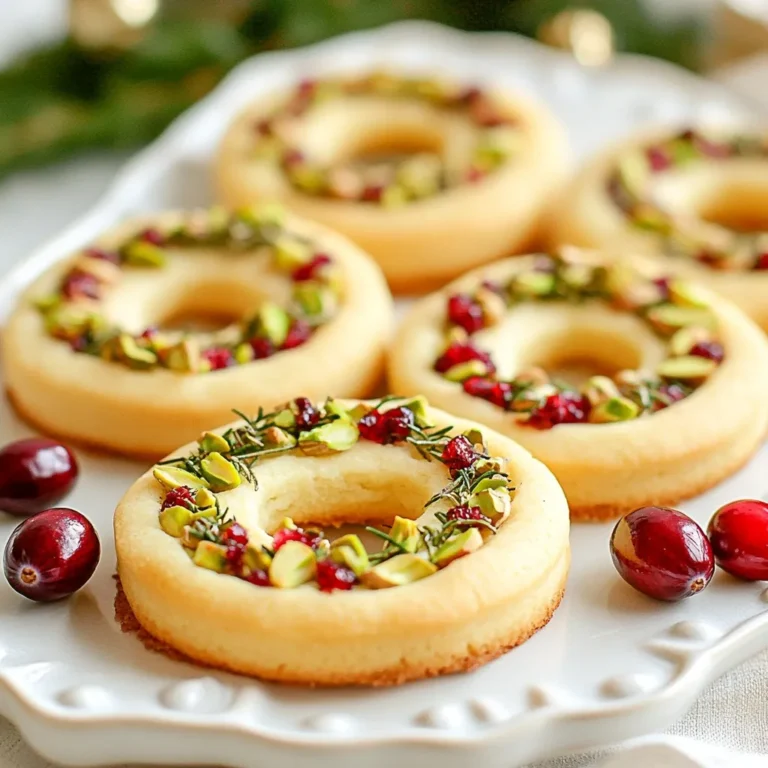 To make delicious pistachio cranberry wreath cookies, gather these ingredients: - 1 cup unsalted butter, softened to room temperature - 1 cup powdered sugar - 1 teaspoon pure vanilla extract - 2 ½ cups all-purpose flour - 1 teaspoon baking powder - ½ teaspoon salt - ½ cup pistachios, finely chopped - ½ cup dried cranberries, chopped into small pieces - 1 egg yolk (for egg wash) - Additional chopped pistachios and cranberries for garnish These ingredients create a festive treat that is both tasty and visually appealing. The butter gives the cookies a rich flavor. Powdered sugar adds sweetness and a lovely texture. The vanilla extract brings warmth to the cookies. The flour, baking powder, and salt work together to create the perfect dough. Pistachios and cranberries add crunch and tartness, making each bite special. When you mix these ingredients, remember to keep everything at room temperature. This step helps the butter blend well, creating a fluffy texture. Chopping the pistachios and cranberries into small pieces allows for even distribution in the dough. Each cookie will have a nice balance of flavors. Once you have your ingredients ready, you can start crafting these delightful wreath cookies. It’s a fun and festive way to celebrate the season! {{ingredient_image_2}} - Preheat your oven to 350°F (175°C). - Line two baking sheets with parchment paper. To make the dough, start with creaming. In a large bowl, mix the softened butter and powdered sugar. Use an electric mixer to make it fluffy. This should take about 3-5 minutes. Next, add 1 teaspoon of pure vanilla extract. Mix until everything blends well. Now, take another bowl. In it, whisk together 2 ½ cups of all-purpose flour, 1 teaspoon of baking powder, and ½ teaspoon of salt. Gradually add this dry mix to the wet ingredients. Stir gently until just combined. Be careful not to over-mix. Now comes the fun part! Gently fold in ½ cup of finely chopped pistachios and ½ cup of dried cranberries. Make sure they spread evenly in the dough. Lightly flour a clean surface. Take about 2 tablespoons of dough and roll it into a rope shape. It should be about 6 inches long. Form this rope into a circle, sealing the ends to create a wreath shape. Place the wreath cookies on the lined baking sheets. Leave at least 2 inches between each cookie. This helps them not stick together. For a nice finish, brush the tops with an egg yolk. This gives them a shiny look after baking. Sprinkle additional chopped pistachios and cranberries on top for extra charm. Bake the cookies for 12-15 minutes. Look for lightly golden edges but soft centers. Once done, let the cookies cool on the baking sheet for about 5 minutes. After that, transfer them to a wire rack to cool completely. To get the best texture, do not over-mix your dough. Over-mixing can lead to tough cookies. Mix just until you see no dry flour. This keeps the centers soft and the edges lightly golden. To ensure this, watch the baking time closely. Bake the cookies for 12-15 minutes. The edges should be golden, while the centers stay soft. You can add more flavor to your cookies with simple swaps. Try adding orange zest for a bright twist. You might also use almond extract instead of vanilla for a nutty taste. If you want more texture, consider including shredded coconut or white chocolate chips. These small changes can boost the overall flavor. For a festive look, arrange your wreath cookies on a colorful platter. Intermingle them with fresh cranberries and sprigs of rosemary. This creates a beautiful holiday display. You can also dust the cookies with powdered sugar for a snowy effect. Adding a few edible glitter pieces can make them sparkle. Pro Tips Chill the Dough: Refrigerate the dough for 30 minutes before shaping the wreaths to make it easier to handle and to help the cookies maintain their shape during baking. Use Fresh Ingredients: Opt for fresh pistachios and cranberries for better flavor and texture. Dried cranberries should be plump and moist for the best results. Even Baking: Rotate your baking sheets halfway through the baking time to ensure even browning and prevent any hot spots in your oven from affecting the cookies. Creative Variations: Experiment with different nuts like walnuts or almonds, or add white chocolate chips for a delightful twist on these festive wreath cookies. {{image_4}} If you want to make these cookies nut-free, try sunflower seeds. They add a nice crunch. You can also use pumpkin seeds for a fun twist. If you want to swap out the dried cranberries, consider using raisins or chopped apricots. Both add sweetness and chewiness. Wreath cookies are fun, but you can try other shapes too. You could make stars or hearts. Use the same dough and just form it differently. For special events, adjust the wreath size. Smaller wreaths work great for parties, while larger ones can be a centerpiece. To make your cookies even more festive, add spices like cinnamon or nutmeg. These spices give a warm flavor. You can also try colorful toppings to match the season. Red and green sprinkles work well for Christmas. For other holidays, use colors that fit the theme. This makes your cookies stand out on any table. To keep your pistachio cranberry wreath cookies fresh, use an airtight container. A metal tin or plastic container works well. Store them at room temperature, away from direct sunlight. This keeps the cookies soft and tasty. Adding a slice of bread in the container can help maintain moisture. If you want to freeze the cookies, first let them cool completely. Place them in a single layer on a baking sheet. Freeze them for about an hour. After that, transfer the cookies to a freezer-safe bag or container. They can stay frozen for up to three months without losing flavor. When you are ready to enjoy your frozen cookies, take them out and let them sit at room temperature. This usually takes about 30 minutes. For a warm treat, place them in the oven at a low heat for a few minutes. Serve them with a hot drink for a cozy snack! To stop cookies from spreading, chill the dough for 30 minutes. This helps firm it up. Also, use parchment paper on your baking sheets. Make sure not to over-mix the dough. Over-mixing can lead to a thinner cookie. When you shape the wreaths, keep them thick. A thicker dough holds its shape better. Yes, you can make these cookies ahead. First, prepare the dough and shape the wreaths. Then, wrap them tightly in plastic wrap. You can store them in the fridge for up to three days. When ready to bake, take them out and let them sit for 10 minutes. Bake as directed. You can also freeze the shaped dough for up to two months. Just thaw it overnight in the fridge before baking. Decorate these cookies with a simple icing. Mix powdered sugar with a little milk to create a glaze. Drizzle it on top after baking. You can also sprinkle more chopped pistachios and cranberries for color. For a festive touch, add edible glitter or silver sprinkles. Arrange the cookies on a colorful platter. Adding fresh cranberries and rosemary sprigs makes a lovely display. Yes, you have gluten-free options! Use gluten-free all-purpose flour in place of regular flour. Make sure it has xanthan gum, as this helps with texture. The other ingredients are naturally gluten-free. Always check labels to ensure everything is safe. Enjoy the same great taste without the gluten! These pistachio cranberry wreath cookies are sure to impress. We explored easy steps, key ingredients, and tips for the best results. Remember, perfect texture comes from mixing just right. Feel free to customize these treats with different flavors and shapes. Store them properly to keep them fresh. Enjoy baking and sharing these festive cookies with friends and family. You’ll create delightful memories with each bite.