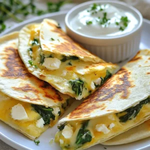 - 2 cups fresh spinach - 1 cup feta cheese - 1 cup mozzarella cheese - 1 small onion - 2 cloves garlic - 4 large flour tortillas - 2 tablespoons olive oil - Salt and pepper to taste - Red pepper flakes (optional) - Large skillet - Mixing bowl - Knife and cutting board - Serving plate For my spinach and feta quesadillas, I use fresh ingredients to get the best flavor. The two cups of fresh spinach bring a bright green color and a light taste. Feta cheese adds a salty bite, while mozzarella gives that melty goodness we all love. I finely chop the onion and mince the garlic to ensure they mix well. The onion lays the base flavor, while garlic adds a subtle kick. When I cook them, I want to soften them first, so the quesadillas are creamy and tasty. Next, I grab four large flour tortillas. They hold all the goodness and are easy to fold. I also have olive oil on hand; it helps with cooking and gives a nice crisp to the outside. Lastly, I like to sprinkle salt, pepper, and optional red pepper flakes for a hint of heat. Having the right tools is key. A large skillet cooks the quesadillas evenly. I use a mixing bowl to combine the filling, and a knife and cutting board make preparation easy. A serving plate is essential for that final touch. With all these ingredients and tools ready, you are set to make a simple yet tasty meal! {{ingredient_image_2}} To start, I heat a large skillet over medium heat. I add one tablespoon of olive oil. Once it gets warm, I toss in the finely diced onion. I saut&eacute; it for about 3-4 minutes until it becomes soft and clear. This step adds flavor to our filling. Next, I add two cloves of minced garlic. I let it cook for a minute until it smells great. I make sure not to let it burn. Now, I add the two cups of chopped spinach to the skillet. I stir it often until it wilts down. This takes about 2-3 minutes. I then sprinkle in some salt and black pepper. If I want a kick, I also add a dash of red pepper flakes. Once everything is cooked, I take the skillet off the heat. In a mixing bowl, I combine the spinach mix with one cup of crumbled feta cheese and one cup of shredded mozzarella cheese. Mixing well ensures that every bite is cheesy and tasty. Next, I prepare my tortilla. I heat a clean skillet over medium heat. I brush one side of a tortilla with olive oil. Then, I place it in the skillet, oiled side down. On one half of the tortilla, I generously spread a portion of the spinach and cheese filling. I cover it well to ensure a good taste in every bite. After that, I carefully fold the tortilla over to make a half-moon shape. I press down lightly to seal the edges. I cook the quesadilla for about 2-3 minutes on one side. I want it golden brown and the cheese to start melting. Then, I gently flip it over and cook for another 2-3 minutes on the other side. I look for the same golden brown color. Once cooked, I take the quesadilla out of the skillet and place it on a plate. I repeat this process with the remaining tortillas and filling. After they cool for a minute, I slice each quesadilla into wedges for easier serving. To get the best quesadillas, melt the cheese evenly. I recommend using both feta and mozzarella. Feta adds a tangy flavor, while mozzarella gives that gooey texture. Mix them well in the filling. This helps them melt together nicely. Adjusting the seasoning is also key. Taste your filling before cooking. You may want more salt or pepper. If you like heat, add red pepper flakes. Just a little can make a big difference. I love serving my quesadillas with tangy yogurt or tzatziki. These dips cool down the heat and add flavor. You can also add a side of salsa for a fresh kick. Garnishing is important too. Fresh herbs like parsley or cilantro add color and taste. Sprinkle them on top just before serving. It makes the dish look extra special. One common mistake is overstuffing the quesadilla. It may seem tempting, but too much filling can make it hard to cook. Stick to a moderate amount so it cooks evenly. Another mistake is not heating the skillet enough. Make sure your skillet is hot before adding the quesadilla. This helps achieve that golden brown finish on both sides. Adjust the heat as needed while cooking. Pro Tips Cheese Choice: For a creamier texture, consider adding a bit of cream cheese to the filling along with the feta and mozzarella. Cooking Temperature: Ensure your skillet is at medium heat; this helps to melt the cheese evenly without burning the tortilla. Customize Your Fillings: Feel free to add other vegetables like bell peppers or mushrooms for added flavor and nutrition. Serving Suggestions: Pair your quesadillas with a fresh salad or grilled vegetables for a complete meal. {{image_4}} You can change the flavor of your quesadillas with different cheeses. Goat cheese adds a tangy touch. It melts nicely and pairs well with spinach. Cheddar gives a sharp, bold flavor. It&rsquo;s great if you love a cheesy taste. For a dairy-free option, try vegan cheese. There are many brands that melt well. This way, everyone can enjoy quesadillas. Want to spice things up? Add more fillings! Bell peppers bring a sweet crunch. Mushrooms add a savory depth. You could also mix in some spices. Cumin or paprika can give it a nice kick. Fresh herbs like basil or cilantro can brighten the flavors. Feel free to play around with what you have at home. If you need a gluten-free choice, corn tortillas work great. They are tasty, and they hold up well. You can also look for other healthy tortilla options. Almond or chickpea tortillas are popular. They add a nice twist to your quesadilla. Enjoy your meal without worry! Store any leftovers in an airtight container. This keeps them fresh and safe. They last in the fridge for about 3 days. If you want to enjoy them later, it's best to chill them quickly. You can freeze cooked quesadillas for up to 2 months. Just wrap each one in plastic wrap. Then, place them in a freezer bag. For reheating, take them out and let them thaw in the fridge overnight. To reheat quickly, use a skillet over medium heat. Cook each side for about 3-4 minutes. This helps keep the quesadilla crispy and warm. You can also use an oven at 350&deg;F for about 10 minutes. This method maintains the great texture and flavor. To make these quesadillas lighter, try these tips: - Use whole wheat tortillas instead of regular ones. - Cut back on cheese or use low-fat options. - Olive oil can be reduced or brushed lightly on the tortillas. - Add more veggies, like bell peppers or mushrooms, for extra nutrients. These changes keep the taste great while lowering calories. Yes, frozen spinach works well! Here&rsquo;s how to use it: - Thaw the spinach completely and drain excess water. - Squeeze it to remove more moisture. - Add it to the skillet with onion and garlic as you would fresh spinach. This method saves time and still gives you tasty quesadillas. Quesadillas pair well with various sides and dips: - Serve with yogurt or tzatziki sauce for a creamy touch. - Fresh salsa or guacamole adds a nice kick. - A side salad with light dressing keeps it fresh. These sides enhance the meal and make it more fun to eat. In this post, I shared a simple method for making delicious spinach and feta quesadillas. We covered the main and additional ingredients, cooking tools, and detailed steps for perfecting your dish. Tips like not overstuffing and adding optional fillings can enhance your meal. Lastly, I discussed proper storage and reheating techniques to keep leftovers tasty. Try these ideas and make your quesadilla experience much better! Enjoy your cooking adventure.