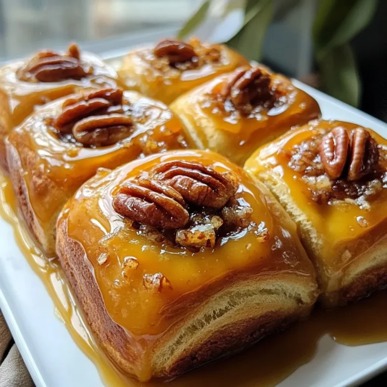 To make the best caramel pecan sticky buns, you need the right ingredients. Here’s what you will need: - 2 cups all-purpose flour - 1 cup milk, warmed to about 110°F (43°C) - 1/4 cup granulated sugar - 1 packet (2 1/4 teaspoons) active dry yeast - 1/4 cup unsalted butter, melted - 1 large egg - 1 teaspoon vanilla extract - 1/2 teaspoon salt - 1 cup pecans, coarsely chopped - 1/2 cup light brown sugar, packed - 1/4 cup light corn syrup - 1/4 cup unsalted butter (for caramel) - 1 tablespoon ground cinnamon These ingredients combine to create a soft dough and a sticky caramel layer. The warmth of the milk helps activate the yeast. The butter adds richness, while the sugar and cinnamon give the buns their sweet flavor. You can feel the excitement as you gather these items. Each ingredient plays a key role in the final dish, making it a delightful treat that is hard to resist. {{ingredient_image_2}} First, activate the yeast. In a small bowl, mix warm milk, granulated sugar, and active dry yeast. Let it sit for about five minutes. You will see bubbles forming. This means your yeast is ready. Next, in a large bowl, whisk together melted butter, egg, vanilla extract, and salt. Once mixed, add the frothy yeast mixture. Stir well to combine. Now, gradually add all-purpose flour to the wet mix. Stir until a soft dough forms. Transfer the dough to a floured surface. Knead the dough for five to seven minutes until it feels smooth and elastic. Shape your kneaded dough into a ball and place it in a greased bowl. Cover it with a kitchen towel. Find a warm, draft-free spot for the dough to rise. Let it sit for about one hour. The dough should double in size when it's ready. While the dough rises, prepare the caramel. In a medium saucepan, mix brown sugar, light corn syrup, and butter. Heat it over medium heat, stirring until smooth. When it bubbles, remove it from heat. Now, fold in the chopped pecans. Once the dough has risen, roll it out on a floured surface. Aim for a rectangle about 12 by 15 inches. Brush the rolled dough with melted butter. Evenly sprinkle brown sugar and ground cinnamon over the surface. Starting at the long edge, roll the dough tightly into a log. Slice the log into 12 equal pieces. Place each piece cut side down in the prepared baking pan with the caramel mixture. Cover the pan with a clean towel. Let the buns rise again for about 30 minutes. Preheat your oven to 350°F (175°C). After the second rise, bake the buns for 25 to 30 minutes. They should be golden brown and puffed. Once baked, cool the buns in the pan for five minutes. Invert the pan onto a serving platter. Enjoy your caramel pecan sticky buns warm and gooey! To get the best sticky buns, I have a few tips for you. First, roll the dough evenly. This helps the buns cook evenly. Aim for a rectangle that is about 12x15 inches. When you cut the rolls, make sure to use a sharp knife. This keeps the edges clean and helps the buns rise well. To avoid over-baking, keep an eye on the buns. They should turn golden brown, not dark. If you see them getting too dark, cover the pan with foil. This stops them from burning. Always check with a toothpick. If it comes out clean, your buns are ready. When serving your sticky buns, warm them up for the best taste. A drizzle of warm caramel sauce on top makes them even better. You can also garnish with whole pecans. This adds a nice crunch and looks pretty. Sometimes, the dough won't rise. This can happen if the yeast is old. Always check the expiration date on the packet. The milk should be warm but not hot. If it’s too hot, it can kill the yeast. If your caramel burns or doesn’t set, try lowering the heat while cooking. Stir it often to keep it from sticking. If it’s too runny, let it cook a bit longer. The right texture should be thick but pourable. Pro Tips Activate the Yeast: Make sure your milk is at the right temperature (110°F or 43°C) to properly activate the yeast. Too hot can kill the yeast, while too cold will not activate it. Kneading Technique: When kneading the dough, use the heel of your hand to push the dough away from you, then fold it back over itself. This helps develop gluten for a better texture. Perfect Rise: For the best rise, let the dough rise in a warm, draft-free area. You can create this environment by placing the bowl in an oven that’s turned off but has the light on. Serving Suggestion: Serve the sticky buns warm for the best experience. You can also drizzle with extra caramel sauce and sprinkle with whole pecans for added indulgence. {{image_4}} You can swap pecans for other nuts. Walnuts add a rich taste and crunch. Almonds bring a light flavor and nice texture. Both options work well in the caramel layer. Just chop them coarsely like you would with pecans. This change can give your sticky buns a new twist. Want to mix things up? Try adding chocolate chips or dried fruit. Chocolate chips add a sweet surprise. They melt and create gooey pockets in your buns. Dried fruit, like raisins or cranberries, gives a fruity kick. Both options make the sticky buns more fun and flavorful. For a healthier twist, consider whole grain flour. It adds fiber and nutrients. You can use whole wheat or spelt flour instead of all-purpose flour. Reducing sugar is another smart choice. You can cut down the brown sugar or use a sugar substitute. This way, you still enjoy the sticky buns without too much sugar. To keep your sticky buns fresh, wrap them well in plastic wrap. Place them in the fridge to maintain moisture. This method helps avoid drying out. They will stay good for up to a week. For longer storage, consider freezing them. To freeze, place the sticky buns in an airtight container. You can also use freezer bags. Make sure to remove as much air as possible. They can last for about three months in the freezer. To reheat your sticky buns, use the oven for the best texture. Preheat your oven to 350°F (175°C). Place the buns on a baking sheet. Cover them with foil to keep them moist. Heat for about 10 to 15 minutes. If you're in a hurry, the microwave works too. Heat in short bursts of 15 seconds. Check often to avoid drying them out. For a tasty twist, serve your leftover buns warm with a drizzle of caramel sauce. You can also top them with fresh pecans. This adds crunch and flavor. Enjoy your delicious treat! Caramel pecan sticky buns stay fresh for about three days at room temperature. Store them in an airtight container to keep them soft. You can also refrigerate them for up to a week, but they may lose some fluffiness. Yes, you can make the dough ahead of time. After kneading, place it in the fridge for up to 24 hours. Just let it come to room temperature before the second rise. You can use honey or maple syrup as a corn syrup substitute. Both options provide sweetness and a nice texture. Just remember that the flavor may change slightly. Sticky buns and cinnamon rolls are similar but not the same. Sticky buns have a caramel layer at the bottom, while cinnamon rolls are usually just filled with cinnamon sugar. The caramel gives sticky buns their gooey texture. Yes, you can make this recipe vegan. Use plant-based milk and replace butter with a vegan alternative. Substitute the egg with flaxseed meal or applesauce. The final taste will still be delicious! Making caramel pecan sticky buns is fun and rewarding. You start with easy steps, from activating yeast to mixing dough. Layer in the pecans and bake until golden. Keep your buns soft and flavorful with our tips. Don't shy away from adding different nuts or flavors. Store extras well and reheat for tasty treats later. With practice, you’ll master this delicious recipe. Enjoy each sweet bite!