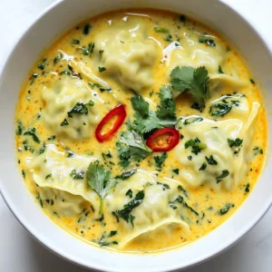 To create the rich flavor of this soup, we need a few key items: - 4 cups coconut milk - 1 cup vegetable broth - 2 tablespoons red curry paste - 1 tablespoon soy sauce - 1 tablespoon freshly squeezed lime juice - 1 tablespoon ginger, freshly grated - 1 tablespoon garlic, minced - 1 cup fresh spinach, finely chopped These ingredients blend well to create a creamy, spicy base. The dumpling dough is simple but essential. Here&rsquo;s what you&rsquo;ll need: - 1 cup all-purpose flour - 1/2 cup water - 1/2 teaspoon salt This dough holds the filling and gives the dumplings their texture. To finish your soup, add these touches: - Fresh cilantro leaves for garnish - 1 red chili, thinly sliced (optional for heat) These add color and a fresh kick to your dish. Enjoy customizing your bowl! {{ingredient_image_2}} To start, grab a medium bowl. Combine 1 cup of all-purpose flour with 1/2 teaspoon of salt. Slowly add in 1/2 cup of water. Mix it well until you see a sticky dough form. Next, knead the dough on a floured surface for about 5 minutes. You want it to feel smooth and elastic. Once done, cover it with a damp cloth. Let it rest for 30 minutes at room temperature. This helps make the dough easy to shape. While the dough rests, let's make the filling. Heat a little oil in a medium skillet over medium heat. Add 1 tablespoon of freshly grated ginger and 1 tablespoon of minced garlic. Cook this for about 1 minute, just until it smells great. Now, toss in 1 cup of finely chopped spinach. Stir it for 2-3 minutes until it's just wilted. Remove it from heat and let the mixture cool slightly. Once your dough has rested, divide it into small pieces. Each piece should be about the size of a tablespoon. Roll each piece into a ball and flatten it into a disk. Place about 1 teaspoon of the spinach filling at the center of each disk. Now, carefully fold the dough over the filling. Pinch the edges tightly to seal them. Repeat this until all your dumplings are ready. Next, we'll prepare the soup base. In a large pot, heat a tablespoon of oil over medium heat. Add 2 tablespoons of red curry paste. Cook this for 1-2 minutes while stirring. You want the paste to become fragrant and aromatic. Now, slowly pour in 4 cups of coconut milk and 1 cup of vegetable broth. Stir well to combine with the curry paste. Next, add 1 tablespoon of soy sauce and 1 tablespoon of freshly squeezed lime juice. Bring this mix to a gentle simmer. Let it bubble softly. Carefully lower the dumplings into the simmering soup. Cook them for about 8-10 minutes. You&rsquo;ll know they are done when they rise to the surface. This means they&rsquo;re cooked through and ready to eat. After cooking, taste your soup. Adjust the seasoning if needed. You might want to add a little more soy sauce or lime juice for a brighter flavor. When serving, ladle the soup into bowls. Garnish with fresh cilantro leaves and add sliced red chili for some heat if you like. Enjoy your Coconut Curry Dumpling Soup! For great dumplings, focus on the dough. Use all-purpose flour and salt. When you add water, do it slowly. Mix until you get a sticky dough. Knead the dough for about five minutes. This makes it smooth and elastic. Let it rest under a damp cloth. This rest time helps the dough relax. You can then shape it easily. Start with fresh ingredients. Fresh ginger and garlic bring big flavor. Don&rsquo;t skip the red curry paste. It adds depth to your soup. When making the filling, saut&eacute; the spinach just enough. You want it wilted but still vibrant. Taste your soup before serving. Adjust with soy sauce or lime juice as needed. This step ensures a balanced flavor. Prep the dumpling dough while the spinach cools. This saves time and keeps you moving. Use a food processor for chopping garlic and ginger. It speeds up the process. You can also make the soup base while the dumplings cook. This way, everything comes together at once. Enjoy a delicious meal without long wait times! Pro Tips Perfectly Cooked Dumplings: Ensure the dumplings are fully cooked by watching for them to float to the surface of the soup. This usually indicates they are ready to eat! Customize Your Spice Level: Adjust the amount of red curry paste according to your heat preference. Start with less if you're unsure, and add more gradually. Fresh Ingredients Matter: Using fresh spinach and high-quality coconut milk will enhance the flavor and texture of your soup significantly! Garnish Wisely: Fresh cilantro and lime juice add a burst of flavor and brightness. Don't skip this step for a well-rounded taste! {{image_4}} You can boost the soup by adding shrimp or chicken. Shrimp cooks fast and adds a sweet flavor. Just toss raw shrimp into the pot during the last few minutes of cooking. For chicken, use cooked, shredded meat. Stir it in right after adding the coconut milk. This gives the soup more depth and protein. For a veggie twist, swap the dumpling filling. Use other greens like kale or Swiss chard. You can also add mushrooms for extra texture and taste. If you want a protein boost, add tofu. Cut it into small cubes and stir it into the soup while it simmers. This keeps it filling and satisfying. To change the flavor, try different spices. Add turmeric for warmth or cumin for earthiness. For a kick, sprinkle in some cayenne pepper. You can also swap red curry paste for green or yellow curry paste. Each one brings a unique taste to the soup. This way, you can make it your own! After you enjoy your coconut curry dumpling soup, store the leftovers right away. Place the soup in an airtight container. Let it cool down first to keep it fresh. Store it in the fridge for up to three days. If you want to keep it longer, freeze it. Freezing is a great option if you have extra dumplings or soup. For dumplings, place them on a baking tray in a single layer. Once they freeze, transfer them into a freezer bag. This way, they won&rsquo;t stick together. For the soup, let it cool, then pour it into a freezer-safe container. It can last up to three months in the freezer. When you&rsquo;re ready to enjoy your soup again, you can reheat it easily. For the soup, simply pour it into a pot and heat it on medium. Stir it often until it&rsquo;s hot. If it&rsquo;s frozen, let it thaw overnight in the fridge before reheating. For dumplings, you can steam them or boil them in water until they&rsquo;re warm. Enjoy your meal! Yes, you can make the dumplings ahead of time. Once formed, place them on a tray lined with parchment paper. Freeze them for about 30 minutes. Then, transfer the dumplings to a sealed bag. They can stay frozen for up to a month. When you're ready, cook them directly from the freezer in the soup. To adjust the spiciness, you can add more or less red curry paste. Start with a small amount and taste as you go. If you like it spicy, add sliced red chili as a topping. You can also add a pinch of cayenne for extra heat. This soup pairs well with simple sides. Try serving it with steamed jasmine rice or a fresh salad. You can also offer crusty bread to soak up the soup. These sides balance the flavors and enhance your meal. Yes, you can use light coconut milk. It will make the soup less rich but still tasty. The flavor will remain good, but the texture may be a bit lighter. If you enjoy the creaminess, stick with full-fat coconut milk. Yes, this recipe is gluten-free if you use gluten-free flour for the dumplings. Check the soy sauce label for gluten-free options as well. Many brands offer gluten-free soy sauce that works perfectly in this dish. This soup with dumplings combines fresh ingredients and simple steps. You learned how to make the dough and filling, then shape and cook your dumplings. Explore tips for better texture and flavors. Variations let you add proteins or go vegetarian, making the recipe your own. Finally, know how to store leftovers and reheat them. Enjoy this warm dish any time, knowing it&rsquo;s easy to adjust and make uniquely yours. Your cooking adventure with this soup is just the start!