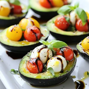 - 2 ripe avocados - 1 cup cherry tomatoes - 1 cup fresh mozzarella balls - 1/4 cup fresh basil leaves - 2 tablespoons balsamic glaze - 1 tablespoon extra virgin olive oil - Sea salt and freshly ground black pepper To make Caprese stuffed avocados, you need fresh, tasty ingredients. Each ingredient adds flavor and texture. First, choose two ripe avocados. They should feel slightly soft when you squeeze them gently. The avocado is the star of this dish. Next, select one cup of cherry tomatoes. Halve them for easy mixing. They bring sweetness and color. You also need one cup of fresh mozzarella balls. These little bites add creaminess and are fun to eat. Halve them to match the tomatoes. Then, grab a handful of fresh basil leaves. You will need a quarter cup, chopped. Basil gives a fragrant touch. For dressing, use two tablespoons of balsamic glaze. Drizzle it for a tangy flavor. You can also add more for garnish later. Use one tablespoon of extra virgin olive oil. This will help blend the flavors and add richness. Finally, season with sea salt and freshly ground black pepper. These simple spices enhance all the tastes. Gather these ingredients to create a bright, fresh meal. The combination is simple but makes a big impact! {{ingredient_image_2}} Start by slicing each avocado in half. Carefully remove the pit from each half. If you want more filling space, scoop out a bit of the avocado flesh. Keep that flesh for another recipe or enjoy it as a snack. The avocado&rsquo;s creamy texture will blend perfectly with the Caprese mix. In a medium bowl, combine the halved cherry tomatoes and mozzarella balls. Add the chopped basil leaves. This brings a fresh and fragrant flavor to the dish. Drizzle extra virgin olive oil and balsamic glaze over the mixture. Toss it gently to coat everything well. Be careful not to mash the mozzarella. Taste the mix and sprinkle in a pinch of sea salt and black pepper. Using a spoon, fill each avocado half with the Caprese mixture. Pack it down slightly for a nice look. Arrange the filled avocados on a colorful serving platter. Drizzle some extra balsamic glaze over each half for added taste and a pop of color. You can garnish with more basil if you like. Serve these stuffed avocados at room temperature. Each bite is a fresh burst of summer flavors. The creamy avocado pairs well with the tangy tomatoes and mozzarella. Enjoy this dish as a light meal or a fun appetizer with friends! Choose avocados that feel slightly soft when you press them. A ripe avocado will yield to gentle pressure. Look for a dark green skin that is free from large dents or blemishes. If they are too hard, leave them at room temperature for a few days. You can speed up the ripening by putting them in a paper bag with a banana. To serve the stuffed avocados, use a bright platter. Place each half with the filling facing up. This shows off the colors of the tomatoes and basil. Drizzle some extra balsamic glaze on top for a glossy look. Sprinkle some coarse sea salt around the platter for a nice touch. Garnish with fresh basil leaves to add a pop of color. Taste your filling before stuffing the avocados. If it needs a bit more flavor, add more sea salt or pepper. You can also add a touch more balsamic glaze for sweetness. If you like herbs, try adding a pinch of oregano or thyme. Each bite should be fresh and tasty, so adjust as needed. Pro Tips Choose Ripe Avocados: Ensure your avocados are perfectly ripe for the best flavor and creaminess. They should yield slightly when gently squeezed. Customize Your Filling: Feel free to add other ingredients like diced red onion, olives, or even a sprinkle of chili flakes for an extra kick! Serve Fresh: For optimal taste, serve the stuffed avocados immediately after preparation. The avocados can brown quickly, so enjoy right away! Perfect Balsamic Glaze: To enhance the dish, consider making your balsamic glaze by simmering balsamic vinegar until it thickens, adding a rich flavor. {{image_4}} You can easily make Caprese stuffed avocados vegan. Just swap out the mozzarella for a plant-based cheese. Many brands offer tasty vegan options that melt well. For gluten-free diets, this recipe is already safe. Just ensure all your sauces and dressings are gluten-free. Want to kick up the flavor? Add some pesto to the filling. It brings a rich taste that pairs well with the fresh ingredients. You can also sprinkle nuts on top for crunch. Pine nuts or walnuts add a nice texture and flavor. Feel free to change up the cheese. Try feta for a tangy kick or goat cheese for creaminess. You can also add different veggies. Chopped bell peppers or cucumbers can add a fresh crunch. Don't be afraid to mix and match until you find your favorite combo! To store leftovers, place the stuffed avocados in an airtight container. This helps keep them fresh. If you can, cover the top with plastic wrap to limit air exposure. It's best to eat them within one day to enjoy the flavors. To keep avocados fresh, store them whole at room temperature if they are not ripe yet. Once ripe, put them in the fridge. If you cut an avocado, squeeze a bit of lemon juice on the flesh. This slows browning. Wrap the avocado tightly in plastic wrap to seal in freshness. Prepared ingredients can last for a few days. Cherry tomatoes can stay fresh for about five days in the fridge. Fresh mozzarella lasts about a week. Basil is best used within three days for full flavor. Balsamic glaze can keep for months if stored properly. Yes, you can prepare the filling ahead of time. Store it in the fridge for up to two days. However, I recommend stuffing the avocados just before serving. The avocado can brown quickly after cutting. To slow browning, brush the avocado flesh with lemon juice. If you can't find mozzarella, try using burrata or feta cheese. Both have a creamy texture and add great flavor. You can also use vegan cheese for a dairy-free option. Just make sure it melts well or has a nice texture for stuffing. Look for ripe avocados that are slightly soft to the touch. They should yield gently when pressed. Avoid any that feel overly mushy or have dark spots. Ripe avocados are key for a creamy filling that pairs well with the fresh ingredients. - Are Caprese Stuffed Avocados a healthy option? Yes, they are a healthy choice! Avocados provide healthy fats, while tomatoes and basil add vitamins and antioxidants. This dish is low in carbs and packed with nutrients. Enjoy it as a light lunch or appetizer that&rsquo;s both fresh and filling. Caprese stuffed avocados are a tasty, fresh dish that shines. We covered easy steps to prepare this meal, from selecting ripe avocados to serving tips. Remember to adjust the seasoning to suit your taste. Feel free to explore variations to suit different diets or ingredient preferences. Proper storage will help keep leftovers fresh longer. Enjoy making this simple yet delicious dish anytime you want a healthy option!