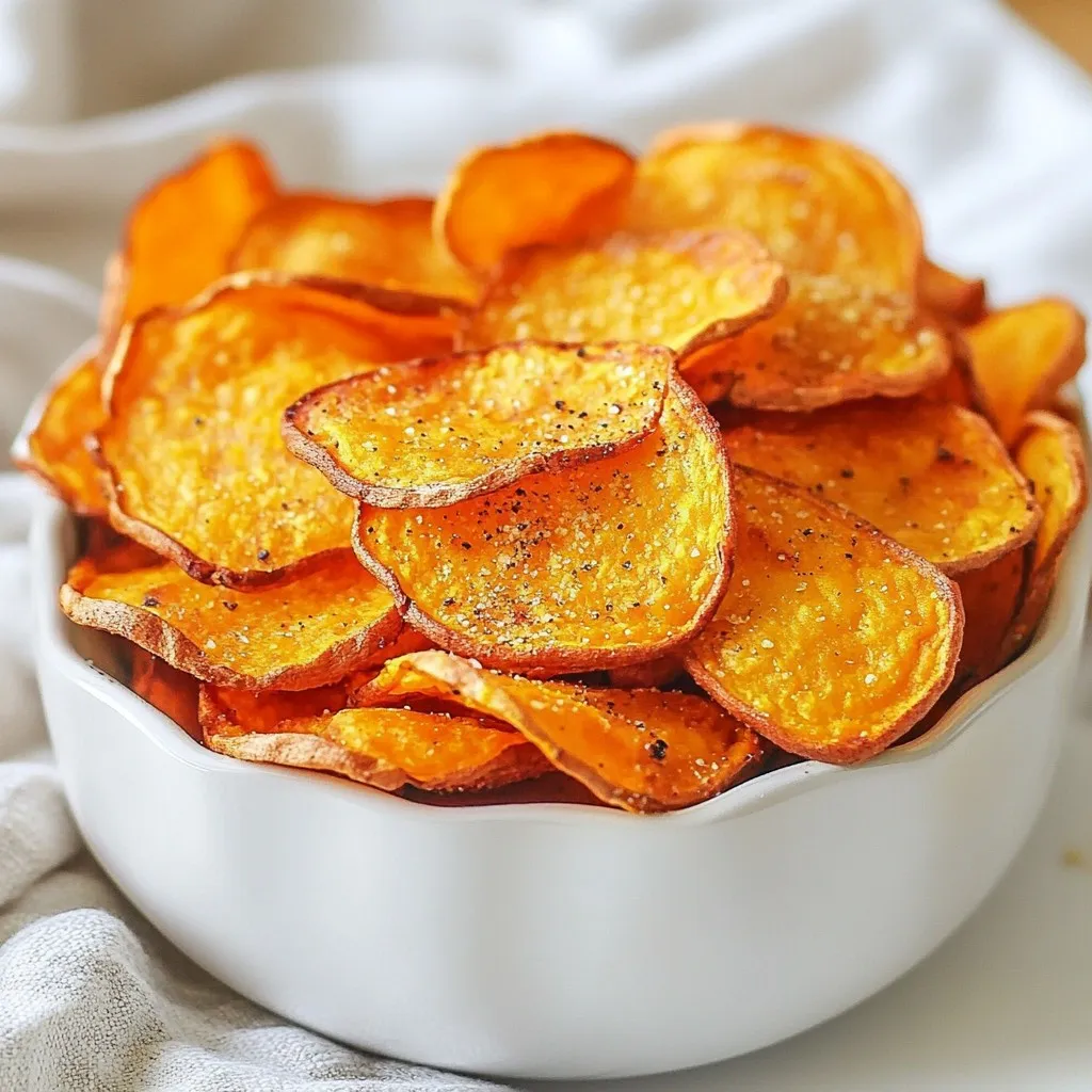 To make crispy air fryer sweet potato chips, you'll need the following ingredients: - 2 medium sweet potatoes - 2 tablespoons extra virgin olive oil - 1 teaspoon garlic powder - 1 teaspoon smoked paprika - 1/2 teaspoon ground cumin - Salt and freshly cracked black pepper to taste These ingredients come together to create a flavorful snack that is both healthy and satisfying. Sweet potatoes offer natural sweetness and are packed with nutrients. The olive oil helps the chips crisp up nicely, while the spices add depth and warmth. Using fresh ingredients is key. Choose firm sweet potatoes with smooth skin. This ensures a better taste and texture. You can adjust the seasonings to fit your palate. For a spicy kick, add cayenne pepper or chili powder. If you prefer a milder flavor, you can skip the smoked paprika. With just a few simple ingredients, you’re on your way to a delicious treat! {{ingredient_image_2}} Start by washing the sweet potatoes well. This step removes dirt and debris. Next, peel the sweet potatoes using a vegetable peeler. Now, slice them thinly. Aim for about 1/8 inch thickness. You can use a mandoline slicer or a sharp knife. Consistent slices help the chips cook evenly. Soaking is key for crispy chips. It helps remove extra starch that makes them soggy. Place your sliced sweet potatoes in a bowl filled with cold water. Let them soak for about 30 minutes. This soaking time is critical for achieving that perfect crunch. After soaking, drain the sweet potato slices. Pat them dry with a clean towel. This step removes moisture, which is important. Next, place the dried slices in a large bowl. Drizzle 2 tablespoons of olive oil over them. Toss gently to coat each slice evenly. Now it's time to add flavor. Sprinkle garlic powder, smoked paprika, ground cumin, salt, and freshly cracked black pepper over the slices. Toss again to make sure every chip is seasoned well. Preheat your air fryer to 350°F (175°C). This step ensures even cooking. Once it's hot, arrange the sweet potato slices in a single layer in the basket. Avoid overcrowding, as this can lead to soggy chips. Air fry the chips for about 12 to 15 minutes. Halfway through, shake the basket for even crispiness. Keep an eye on them near the end to reach your desired crunch. When they turn golden and crispy, carefully remove them. Let them cool on a wire rack for a few minutes. The chips will get even crispier as they cool. To get that perfect crunch, slice your sweet potatoes about 1/8 inch thick. Thin slices cook better and get crispier. If the slices are too thick, they will be chewy instead of crunchy. It’s also key to keep an eye on the cooking time. Air fry for 12 to 15 minutes, shaking the basket halfway. This helps them cook evenly. Check them often at the end to make sure they don’t burn. I love to use garlic powder, smoked paprika, and cumin for a tasty kick. These spices make the sweet potato chips pop with flavor. You can also try other seasonings like chili powder for heat or cinnamon for a sweet touch. Mixing and matching helps you find your favorite blend. For the best experience, pair your sweet potato chips with dips. Creamy hummus or zesty avocado dip works great. They add a nice contrast to the crunchy chips. You can also garnish the chips with fresh herbs like parsley or cilantro for a pop of color. This makes your snack look as good as it tastes! Pro Tips Slice Uniformly: Ensuring all sweet potato slices are of equal thickness will promote even cooking and crispiness. Soak for Crispiness: Soaking the sweet potato slices in cold water helps to remove excess starch, leading to crunchier chips. Don’t Overcrowd: Arrange the chips in a single layer in the air fryer to allow proper air circulation for maximum crispiness. Watch Closely: Keep an eye on the chips in the last few minutes of cooking to achieve your desired level of crunch without burning. {{image_4}} You can make sweet potato chips sweet or savory. For sweet chips, use cinnamon and a bit of brown sugar. This gives a tasty treat that kids love. For savory chips, I like smoked paprika and garlic powder. This mix adds bold flavor and a nice crunch. When using fresh herbs, chop them finely. You can mix them into the seasoning or sprinkle them on top after cooking. Fresh herbs like rosemary or thyme brighten up the chips. They add color and flavor that make your snack even better. If you cannot find sweet potatoes, regular potatoes work well too. Just slice them thin and follow the same steps. White or yellow potatoes give a classic chip taste. You can also try other root vegetables. Beets, carrots, or parsnips are great choices. Each adds its own unique flavor and color. Just remember to slice them thin for even cooking. They’ll all crisp up nicely in the air fryer. To keep your sweet potato chips fresh, store them in an airtight container. This helps keep moisture out and maintains their crunch. You can use a glass jar or a plastic container with a tight lid. If you have a lot of chips, consider separating layers with parchment paper. This prevents sticking and keeps them crispy. For the best taste, consume them within three days. To reheat your chips and keep them crispy, the air fryer is the best choice. Set the air fryer to 350°F (175°C) and heat for about 3 to 5 minutes. This method revives their crunch and flavor. You can also use the oven, but it may take longer. Preheat the oven to 350°F (175°C) and bake for 5 to 7 minutes. Keep an eye on them to avoid burning. Enjoy your tasty snack just like fresh! Air fryer sweet potato chips can last about 3 to 5 days. Store them in an airtight container. Keep them in a cool, dry place to maintain crispness. If they lose their crunch, you can reheat them in the air fryer for a few minutes. Yes, you can make sweet potato chips in the oven. Slice the sweet potatoes thinly. Toss them with olive oil and seasonings. Spread them on a baking sheet in a single layer. Bake at 400°F (200°C) for about 20-25 minutes. Flip them halfway through to get even crispness. To make sure your chips are crispy, follow these steps: - Cut sweet potatoes into even slices, about 1/8 inch thick. - Soak the slices in cold water for 30 minutes to remove excess starch. - Pat the slices dry with a towel to eliminate moisture. - Don’t overcrowd the air fryer basket. Cook in batches if needed. - Shake the basket halfway through cooking for even crisping. Avoiding these common mistakes helps achieve perfect, crispy chips! In this post, you learned how to make crispy sweet potato chips with simple ingredients and steps. We covered the prep work, soaking for extra crunch, and the air frying process. Plus, I shared tips for flavor and storage. Remember, the right slice thickness and monitoring cooking time make a big difference. Use your favorite seasonings to customize the taste. Enjoy these chips as a snack or with dips. They are tasty and healthy. Now, grab those sweet potatoes and start cooking!