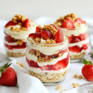 To make Strawberry Cheesecake Overnight Oats, you'll need to gather these simple ingredients: - 1 cup rolled oats - 1 cup almond milk (or any milk of your choice) - 1/2 cup Greek yogurt - 1/2 cup cream cheese, softened to room temperature - 2 tablespoons honey or pure maple syrup - 1 teaspoon vanilla extract - 1/2 teaspoon ground cinnamon - 1 cup fresh strawberries, diced small - 2 tablespoons crushed graham crackers - A pinch of salt Each ingredient plays a key role in creating that creamy, rich cheesecake flavor. The rolled oats form the base, soaking up the milk and becoming soft overnight. Almond milk or your preferred milk keeps it light and tasty. Greek yogurt adds protein while cream cheese brings that classic cheesecake creaminess. Sweeteners like honey or maple syrup give it just the right touch of sweetness. Vanilla extract and ground cinnamon add warmth and depth. Fresh strawberries provide a burst of flavor, while crushed graham crackers mimic the crust of a cheesecake, making this dish truly special. Make sure to use fresh strawberries for the best taste. You can also use any milk that you like, which makes this recipe flexible. Enjoy customizing it to suit your needs! {{ingredient_image_2}} To start, grab a mixing bowl. Add 1 cup of rolled oats, 1 cup of almond milk, and 1/2 cup of Greek yogurt. Then, add 1/2 cup of softened cream cheese. This gives the oats a creamy texture. Next, pour in 2 tablespoons of honey or maple syrup for sweetness. Don't forget 1 teaspoon of vanilla extract for flavor. Sprinkle in 1/2 teaspoon of ground cinnamon and a pinch of salt. Mix everything well until it is smooth and creamy. Now it's time to add the star of the dish: strawberries! Take 1 cup of fresh strawberries and dice them into small pieces. Gently fold them into the oat mixture. Be careful not to mash them. You want to keep those lovely bits intact, spreading the strawberry flavor throughout the mix. Next, divide the mixture evenly into two jars or containers. Fill them close to the top for a hearty serving. On top of each jar, sprinkle 2 tablespoons of crushed graham crackers. This adds a nice crunch, just like a cheesecake! Finally, seal the jars with their lids and place them in the fridge. Let them chill overnight for the best flavor. The oats will soak up all the yummy ingredients. Enjoy your tasty strawberry cheesecake overnight oats in the morning! To get a great texture, you want to mix the cream cheese well. Start with room temperature cream cheese. This makes it easier to blend. If it's cold, it may clump. Combine it with the other wet ingredients first. This step helps create a smooth base. The soaking time is key for overnight oats. Aim for at least four hours in the fridge. This allows the oats to soak up the liquid. For best results, let them sit overnight. This way, the oats get soft and creamy. When serving, think about how to make it pretty. Use clear glass jars to show off the layers. This adds to the fun of eating. You can sprinkle extra graham crackers on top for a crunch. Fresh strawberries are a lovely garnish. You can also add a drizzle of honey. These small touches make your dish pop. They add flavor and make it look fancy. One mistake is overmixing the strawberries. You want them to stay whole for texture. Gently fold them in so they don't break apart. This keeps your oats looking fresh and colorful. Another common issue is not refrigerating long enough. If you take them out too soon, the oats won&rsquo;t absorb enough liquid. This can make them dry or gritty. Always let them chill for at least four hours, but overnight is best for flavor. Pro Tips Use Fresh Strawberries: For the best flavor and texture, opt for fresh strawberries over frozen. They add a delightful burst of sweetness to your oats. Experiment with Sweeteners: Feel free to swap honey for agave syrup or use a sugar substitute to cater to your taste preferences or dietary needs. Make it Ahead: Prepare a batch of these overnight oats for quick breakfasts throughout the week. They keep well in the fridge for up to 5 days. Texture Variation: For added crunch, mix in some chopped nuts or seeds, such as almonds or chia seeds, before refrigerating. {{image_4}} You can easily adjust this recipe for different diets. If you are lactose-intolerant, use lactose-free yogurt or cream cheese. This keeps the creamy texture but avoids dairy issues. For those following a vegan diet, swap the Greek yogurt and cream cheese with plant-based versions. Look for coconut yogurt or a nut-based cream cheese. This way, you can still enjoy that cheesecake flavor! Want to add more crunch? Toss in some nuts or seeds. Almonds or chia seeds work great. They add texture and a nutritional boost. You can also switch up the fruit. Try blueberries, raspberries, or even bananas. Each fruit gives a unique taste to your oats, keeping breakfast exciting! If you're looking to cut back on sugar, consider using agave syrup or stevia. Both are great substitutes. Agave is sweet but has a lower glycemic index than honey. Stevia is natural and calorie-free. These options help you keep the sweetness without added calories. Store your strawberry cheesecake overnight oats in airtight containers. This keeps them fresh and tasty. Place the jars in the fridge right after you prepare them. Make sure they are sealed well to prevent moisture loss. Keeping them cold helps the oats absorb flavors. Your prepared oats will last about 3 to 5 days in the fridge. After this time, they may lose their taste and texture. If you see any signs of spoilage, throw them out. Always check for odd smells or changes in color. You can enjoy your overnight oats cold or warm. If you prefer them warm, scoop out the oats into a bowl. Heat in the microwave for 30 to 60 seconds. Stir well and check the temperature. If you want to serve them cold, just grab a jar and enjoy! Yes, you can make these oats ahead of time. I often prepare them the night before. This makes breakfast simple and quick. Just mix your ingredients and store them in the fridge. They will be ready when you wake up. You can use many types of milk for this recipe. Some popular choices are: - Whole milk - Skim milk - Soy milk - Oat milk - Coconut milk Choose the one that you enjoy most. Each will add a unique flavor. Yes, you can freeze overnight oats. To freeze, divide the oats into jars. Seal them tightly. When you're ready to eat, move a jar to the fridge to thaw overnight. You can also thaw them in the microwave for a quick meal. Just make sure to stir well before serving. This blog post covered all the key steps for making tasty overnight oats. We explored the ingredients you'll need and provided clear instructions for mixing and refrigerating. I shared tips for perfecting texture and ways to customize your oats to match your diet. You learned how to store your creation and answered common questions. With these tools, you can enjoy delicious, healthy breakfasts every day. Try different toppings and flavors to keep it exciting! Enjoy your oat adventure!