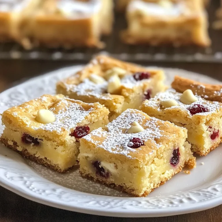 To make white chocolate cranberry blondies, you need some key ingredients. Each one plays a big role in flavor and texture. Here’s what you will need: - 1 cup (2 sticks) unsalted butter, melted - 1 1/2 cups packed light brown sugar - 2 large eggs, at room temperature - 2 teaspoons pure vanilla extract - 2 cups all-purpose flour, sifted - 1/2 teaspoon baking powder - 1/4 teaspoon sea salt - 1 cup white chocolate chips - 1 cup dried cranberries - Zest of 1 orange (optional, for a citrusy brightness) Using unsalted butter gives you control over salt levels. Light brown sugar adds a nice caramel flavor. The eggs help bind everything. Pure vanilla extract brings warmth. All-purpose flour forms the base, while baking powder helps it rise. Sea salt balances sweetness. White chocolate chips melt into creamy pockets, and dried cranberries add texture and tartness. Orange zest brightens the dish, but it's optional. Gather these ingredients to start your baking adventure! {{ingredient_image_2}} To start, preheat your oven to 350°F (175°C). Next, prepare a 9x13 inch baking pan. You can grease it lightly with butter or line it with parchment paper. If you use parchment, leave some overhang. This will help you lift the blondies out easily. In a large mixing bowl, combine 1 cup of melted butter and 1 1/2 cups of packed light brown sugar. Stir until the mixture is smooth and creamy, with no lumps left. Next, add 2 large eggs, one at a time. Mix well after each egg to blend them in completely. Then, stir in 2 teaspoons of pure vanilla extract until the mixture is uniform. In a separate bowl, whisk together 2 cups of sifted all-purpose flour, 1/2 teaspoon of baking powder, and 1/4 teaspoon of sea salt. This helps ensure that the dry ingredients mix well. Gradually add the dry mix to the wet ingredients. Fold gently with a spatula until just combined. Be careful not to overmix. This keeps the blondies tender. Now it's time to add some fun! Gently fold in 1 cup of white chocolate chips and 1 cup of dried cranberries. If you want a citrusy kick, add the zest of 1 orange. Make sure everything is evenly distributed in the batter. Pour the batter into your prepared baking pan. Use a spatula to spread the batter evenly across the pan. Bake in the preheated oven for 25-30 minutes. The edges should turn a golden brown. To check doneness, insert a toothpick into the center. It should come out mostly clean with a few moist crumbs. Once baked, let the blondies cool in the pan for at least 15 minutes. After that, carefully lift them out using the parchment overhang. Slice into even squares for serving. For a nice touch, serve them warm or at room temperature. Dust lightly with powdered sugar for elegance, or pair with vanilla ice cream for extra indulgence. To make perfect blondies, avoid overmixing the batter. When you combine the dry and wet ingredients, mix just until you see no flour. This keeps your blondies soft and chewy. How do you know when they’re done? Look for golden edges and a slightly soft center. Insert a toothpick into the middle. If it comes out with a few moist crumbs, they’re ready! Want to boost the flavor? Try adding nuts like walnuts or pecans for crunch. You can also mix in dark chocolate chips for a richer taste. When using fresh or frozen cranberries, be sure to chop them first. This helps spread the tart flavor evenly. If using frozen cranberries, toss them in flour first. This prevents them from sinking in the batter. Experiment with these tips to create your own twist on these delicious blondies! Pro Tips Use Room Temperature Eggs: Room temperature eggs mix more easily into the batter and help create a smoother texture for your blondies. Don’t Overmix: Gently fold the dry ingredients into the wet mixture to keep the blondies tender. Overmixing can lead to a dense texture. Check for Doneness: Every oven is different. Start checking your blondies at 25 minutes. They’re done when the edges turn golden and a toothpick comes out with a few moist crumbs. Enhance Flavor with Zest: Adding orange zest brightens the flavor profile of these blondies, giving them a delightful citrusy note. Don’t skip it! {{image_4}} You can switch up the flavors in your blondies easily. Here are some fun ideas: - Nuts or chocolate variations: Try adding chopped nuts like walnuts or pecans. They add a nice crunch. You can also use dark chocolate or milk chocolate chips instead of white chocolate. This change gives a rich taste. - Seasonal fruit additions: Fresh fruit like raspberries or cherries can shine in these blondies. They add a tartness that balances the sweetness. You can even use dried fruits like apricots for a chewy texture. If you have special dietary needs, don't worry! You can still enjoy blondies. - Gluten-free substitutes: Use a gluten-free flour blend instead of all-purpose flour. This will keep your blondies soft and tasty. Just check the blend for good results. - Vegan alternatives: To make vegan blondies, swap eggs for flax eggs. Mix one tablespoon of ground flaxseed with three tablespoons of water. Let it sit for a few minutes until it thickens. Use a plant-based butter for a creamy texture. These changes keep the blondies delicious and friendly for all diets. You can store your blondies at room temperature. Just place them in an airtight container. They will stay fresh for about 3 days. If you live in a warm area, consider refrigerating them. This keeps them from drying out. Wrap them tightly in plastic wrap or foil for best results. Freezing blondies is a great way to save some for later. Cut them into squares before freezing. This makes it easy to grab a piece whenever you want. Place the squares in a single layer on a baking sheet. Freeze them for about 1-2 hours. Once frozen, transfer them to a freezer bag. Remove as much air as you can to avoid freezer burn. They’ll last up to 3 months in the freezer. When you want to enjoy a blondie, take it out of the freezer. Place it in the fridge overnight to thaw. If you're in a hurry, you can leave it at room temperature for a few hours. Enjoy your treat fresh! Yes, you can use regular chocolate chips. Dark or milk chocolate chips work well too. Just remember, this will change the flavor. White chocolate adds a creamy touch that contrasts with cranberries. If you prefer less sweetness, dark chocolate is a good choice. To check if blondies are underbaked, look at the edges. They should be golden brown. Insert a toothpick in the center. It should come out with a few moist crumbs, not wet batter. If it’s wet, they need more time. Watch closely after 25 minutes, as ovens can vary. These blondies pair well with vanilla ice cream. A dollop of whipped cream adds a nice touch. You can also serve them with fresh berries. For a fun twist, drizzle some caramel sauce on top. Each choice enhances the treat's sweet and tart flavors. If stored properly, blondies last about 4-5 days. Keep them in an airtight container at room temperature. For longer storage, you can refrigerate them for up to a week. If you freeze them, they can last up to three months. Just remember to wrap them well to avoid freezer burn. You learned how to bake delicious white chocolate cranberry blondies. We covered important ingredients and detailed steps for mixing and baking. I shared tips to help you achieve the perfect texture and flavor. You also discovered ways to modify the recipe for different diets. Good storage practices keep your blondies fresh longer. Enjoy making these treats and share them with friends or family. Happy baking!