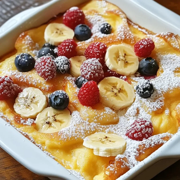 To make a fluffy German oven pancake, you need a few simple ingredients. Here’s what you will need: - 4 large eggs - 1 cup whole milk - 1 cup all-purpose flour - 1 teaspoon pure vanilla extract - 1/2 teaspoon fine sea salt - 1/4 cup unsalted butter - Powdered sugar for dusting - Fresh fruits (like mixed berries or sliced bananas) for topping - Maple syrup for drizzling Each ingredient plays a key role in creating a light and airy pancake. The eggs give structure and lift, while the milk adds moisture. The flour helps bind it all together. Vanilla adds a lovely aroma, and salt enhances the flavor. Butter is crucial for that golden crust and rich taste. When you top your pancake with fresh fruits and syrup, it becomes a delightful treat. You can mix and match toppings based on what you like. Fresh berries add a tart burst, while bananas bring sweetness. Enjoy exploring different combinations! {{ingredient_image_2}} Start by preheating your oven to 425°F (220°C). Use a 9x13 inch baking dish or an oven-safe skillet. Place it in the oven while it heats. This helps the pancake rise well. In a medium mixing bowl, crack in 4 large eggs. Whisk them until they are frothy. Slowly add 1 cup of whole milk. Next, add 1 cup of all-purpose flour, 1 teaspoon of pure vanilla extract, and 1/2 teaspoon of fine sea salt. Continue whisking until the batter is smooth and lump-free. Set the bowl aside for now. Carefully take out the hot baking dish or skillet from the oven using oven mitts. Be very careful; it is hot! Add 1/4 cup of unsalted butter to the dish. Tilt and swirl the dish gently until the butter melts and bubbles. Pour the batter into the hot, buttered dish right away. Close the oven door quickly. This keeps the heat in. Bake for 20-25 minutes. Do not open the oven door during this time or the pancake may fall. After 20-25 minutes, check if the pancake is puffed and golden-brown. When done, take it out of the oven. Let it cool a bit before dusting with powdered sugar. Slice the fluffy pancake into wedges. Top each piece with fresh fruits like mixed berries or sliced bananas. Drizzle with maple syrup for extra sweetness. Enjoy your delicious Fluffy German Oven Pancake! To make your German oven pancake fluffy, start with room-temperature eggs. Cold eggs can lead to a dense pancake. Whisk the eggs until frothy. This adds air, helping the pancake rise. Use a hot baking dish with melted butter. The batter needs this heat to puff up. Pour the batter in quickly. This keeps the heat from escaping. Lastly, avoid opening the oven door while baking. Air loss will deflate your pancake. One common mistake is not preheating the baking dish. A cold dish will not create a good rise. Another mistake is over-mixing the batter. Mix just until smooth; lumps are okay. Also, do not open the oven door too soon. This can let out heat and cause the pancake to fall. Lastly, remember to check the baking time. Every oven is different, and timing matters. For mixing, use a large bowl and a whisk. This will help you get a smooth batter. A rubber spatula is great for scraping the bowl. Use a 9x13 inch baking dish or an oven-safe skillet. Both work well for baking. Oven mitts are essential for handling hot dishes. They keep you safe from burns while you bake. Pro Tips Use Room Temperature Ingredients: Allow your eggs and milk to come to room temperature before mixing. This helps to create a smoother batter and contributes to a fluffier pancake texture. Don’t Open the Oven Door: Resist the urge to peek while the pancake is baking. Opening the oven door can cause the pancake to deflate. Keep it closed until it’s time to check for doneness. Experiment with Flavors: Feel free to add spices like cinnamon or nutmeg to the batter for an extra flavor kick. You can also substitute the vanilla with almond extract for a different taste profile. Serving Suggestions: For a delightful presentation, serve with a variety of toppings such as yogurt, honey, or a sprinkle of nuts along with the fruits and syrup. {{image_4}} You can add spices to boost flavor. Consider using cinnamon or nutmeg. A dash of almond extract gives a nice touch too. For a citrus twist, try adding lemon zest. Each of these simple additions makes your pancake unique. Fresh fruits can change your pancake game. Try using strawberries, peaches, or apples. You can also mix berries for a colorful topping. Nuts, like sliced almonds or walnuts, add crunch. For sweetness, drizzle honey or agave syrup on top. If you need gluten-free options, use a gluten-free flour blend. For dairy-free, replace whole milk with almond or oat milk. You can use coconut oil instead of butter for a dairy-free base. These swaps keep the pancake tasty while fitting your diet. To store your leftover Fluffy German Oven Pancake, let it cool first. Place it in an airtight container. You can refrigerate it for up to three days. Make sure to cover it well to keep it fresh. When you are ready to enjoy your leftovers, reheating is key. Preheat your oven to 350°F (175°C). Place the pancake on a baking sheet. Heat it for about 10 minutes or until warm. This keeps the pancake fluffy and tasty. You can freeze the pancake for later use. Cut it into slices and wrap each piece in plastic wrap. Then, place the wrapped slices in a freezer-safe bag. This way, you can enjoy it for up to two months. To thaw, take a slice out and let it sit in the fridge overnight. Reheat as mentioned above. Enjoy your pancake anytime! A Fluffy German Oven Pancake is a large, puffy pancake baked in the oven. It is light and airy, thanks to the eggs. When cooked, it puffs up around the edges and has a soft center. This pancake is often served for breakfast or brunch. It pairs perfectly with sweet toppings like fruit and syrup. Yes, you can prep some parts ahead. You can mix the batter and store it in the fridge for up to two hours. Just before baking, melt the butter in the hot dish. Pour in the batter and bake. This keeps the pancake fluffy and fresh. You can serve this pancake with many tasty sides. Fresh fruits like berries or bananas add color and flavor. Maple syrup drizzled on top gives it sweetness. You might also enjoy it with yogurt or whipped cream for a creamy touch. For drinks, coffee or fresh juice works well. Absolutely! You can adjust the recipe to fit any baking dish. For smaller servings, use an 8x8 inch dish. This will make a thicker pancake. If you want a larger pancake, use a bigger dish like a 10x15 inch one. Just keep an eye on the baking time, as it may change. In this blog post, we explored how to make a fluffy German oven pancake with simple ingredients. You learned step-by-step instructions for mixing, baking, and serving. Tips on achieving the best texture and avoiding common mistakes were discussed. We also covered fun variations, storage methods, and answers to frequently asked questions. Now, you can enjoy this delicious pancake anytime. With a bit of practice, you’ll impress your family and friends. Happy cooking!