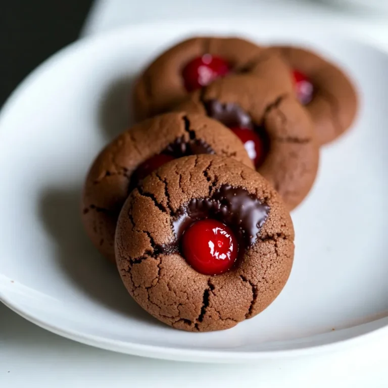 To make delicious chocolate covered cherry cookies, you need the following ingredients: - 1 cup all-purpose flour - 1/2 cup unsweetened cocoa powder - 1/4 teaspoon baking soda - 1/8 teaspoon salt - 1/2 cup unsalted butter, softened - 1/2 cup granulated sugar - 1/2 cup packed brown sugar - 1 large egg - 1 teaspoon vanilla extract - 1/2 cup dark chocolate chips - 1 cup maraschino cherries, drained - 1 cup semi-sweet chocolate chips (for coating) - 1 tablespoon coconut oil These ingredients create a rich, chocolatey base with a sweet cherry surprise. The cocoa powder adds depth and flavor. The maraschino cherries bring a juicy burst with every bite. Using both dark and semi-sweet chocolate ensures a perfect balance of sweetness. Each element plays its part, making these cookies a delightful treat. When choosing your ingredients, always go for high-quality products. This choice greatly affects the taste. For the best results, make sure the cherries are fully dried. This step helps prevent a soggy cookie. {{ingredient_image_2}} - Preheat oven to 350°F (175°C) - Line baking sheets with parchment paper First, I start by preheating my oven. This helps the cookies bake evenly. I line two baking sheets with parchment paper. This step stops the cookies from sticking. - Combine flour, cocoa powder, baking soda, and salt Next, I grab a medium bowl. I mix the all-purpose flour, cocoa powder, baking soda, and salt. I whisk these dry ingredients well. This mix will add flavor and structure to our cookies. - Cream together butter, granulated sugar, and brown sugar In a large bowl, I cream the softened butter with granulated sugar and brown sugar. I use an electric mixer for this. I mix until it is light and fluffy. This step adds air to the dough, making cookies soft. - Add egg and vanilla, followed by the dry mixture - Fold in dark chocolate chips Now, I add one large egg and vanilla extract to my butter-sugar mix. I beat everything until smooth. Then, I slowly add the dry mix into the wet mix. I use low speed to avoid making a mess. Finally, I fold in dark chocolate chips. This gives a rich chocolate flavor. - Portion dough on baking sheets - Press a maraschino cherry into each cookie I use a tablespoon to scoop the dough onto the baking sheets. I leave about 2 inches between each scoop. Then, I press a maraschino cherry into the center of each scoop. This creates a tasty surprise in each cookie. - Bake for 10-12 minutes - Cool on a wire rack Next, I place the baking sheets in the oven. I bake for 10 to 12 minutes. The edges should look set. Once done, I let the cookies cool on the sheets for five minutes. After that, I transfer them to a wire rack to cool completely. - Melt semi-sweet chocolate chips and coconut oil - Dip cookies in melted chocolate For the chocolate coating, I melt semi-sweet chocolate chips with coconut oil in the microwave. I heat them in 30-second bursts, stirring in between. Once melted, I dip each cooled cookie cherry side down into the chocolate. I let the excess chocolate drip off before placing them back on the parchment. To make the best chocolate covered cherry cookies, start by ensuring your cherries are thoroughly dried. This step helps avoid a soggy cookie. Next, pay close attention to baking time. Avoid overbaking to keep the cookies chewy. If they look set on the edges, they’re done. Using quality chocolate for dipping is key. Good chocolate adds rich flavor. You can also experiment with flavored extracts. Almond or cherry extracts can elevate the taste. Garnish your cookies with maraschino cherries for a pop of color. This adds charm and makes them look fancy. You can also drizzle melted chocolate over the cookies. This simple touch enhances their visual appeal and adds extra chocolatey goodness. Pro Tips Chill the Dough: For easier handling and less spreading, refrigerate the cookie dough for about 30 minutes before baking. Use Quality Chocolate: Opt for high-quality chocolate chips for both the cookie mix and coating to enhance the overall flavor. Dry the Cherries Well: Ensure the maraschino cherries are thoroughly dried to prevent excess moisture from affecting the cookie texture. Experiment with Toppings: Get creative with toppings! Try adding crushed nuts or sprinkles on top of the chocolate coating for extra texture and flavor. {{image_4}} You can switch up the cherries in your cookies. Use fresh or frozen cherries for a new spin. Fresh cherries add a bright flavor, while frozen ones are easy to find year-round. Just make sure to pit and dry them well. This step helps keep the cookie dough from getting too wet. Both options give you that sweet cherry burst in every bite. The chocolate coating can vary too! While semi-sweet chocolate is classic, try using white chocolate or dark chocolate. This change gives your cookies a different look and taste. White chocolate adds a creamy sweetness, while dark chocolate brings a rich, bold flavor. You can even mix them for a fun two-tone effect. Experiment and find your favorite! Want to make your cookies even better? Think about adding nuts or dried fruits. Chopped walnuts or pecans give a nice crunch. Dried cranberries or apricots can add a chewy texture and a hint of tartness. You can toss these into the dough during mixing. Each bite will be a delightful surprise! To keep your cookies fresh, store them in an airtight container. This helps them stay soft and tasty. I suggest you eat them within a week. If you store them properly, they can last up to 10 days. Freezing cookies is a great way to save them for later. First, let the cookies cool completely. Then, place them in a single layer on a baking sheet. Freeze them for about 1-2 hours. After that, transfer the cookies to a freezer-safe bag or container. They will keep well for up to three months. To thaw the cookies, take them out of the freezer. Leave them at room temperature for about 30 minutes. They will be soft and ready to enjoy! Yes, you can! If you want a gluten-free option, use almond flour or oat flour. Both work well in cookies. Just remember that these flours may change the texture a bit. Almond flour gives a nutty taste, while oat flour is light and soft. Look for the edges to be firm and set. The centers might still look a bit soft, but that’s okay. They will firm up as they cool. If the cookies start to crack on top, that’s a good sign too. Absolutely! You can make the dough and chill it in the fridge. Wrap it tightly in plastic wrap to keep it fresh. Chill it for up to 24 hours. When you are ready, just scoop and bake. This tip saves time on busy days! These cookies combine simple ingredients with tasty cherries and rich chocolate. You learned step-by-step instructions, storage tips, and fun variations. These small tricks can elevate your cookie game. Remember to dry your cherries well and use good chocolate for dipping. Chill your dough for more flavor, too! I hope you try these recipes and enjoy each bite of your creation. Happy baking!