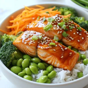 To make a teriyaki glazed salmon bowl, you need fresh and simple ingredients. Here is a list of what you'll need: - Fresh salmon fillets - Low-sodium soy sauce - Natural honey - Rice vinegar - Sesame oil - Minced fresh ginger - Garlic These ingredients come together to create a tasty and healthy meal. Fresh salmon gives you protein and omega-3 fatty acids. Low-sodium soy sauce adds flavor without too much salt. Natural honey brings a hint of sweetness. Rice vinegar adds a bit of tang, while sesame oil gives a nutty taste. Minced fresh ginger and garlic provide warmth and depth to the glaze. Using these ingredients, you can enjoy a flavorful dish that is good for you. The balance of flavors makes every bite exciting. You can find all these ingredients at your local grocery store or farmer's market. {{ingredient_image_2}} To start, grab a small mixing bowl. Combine the following ingredients: - 1/4 cup low-sodium soy sauce - 2 tablespoons natural honey - 1 tablespoon rice vinegar - 1 tablespoon sesame oil - 1 teaspoon minced fresh ginger - 1 clove garlic, finely minced Whisk them together until you have a smooth teriyaki glaze. This glaze gives a rich flavor to the salmon. Next, take your fresh salmon fillets. Place them in a shallow dish. Pour half of the teriyaki glaze over the salmon. This step is key. Let the salmon marinate for at least 15 minutes. It will soak up the flavors and taste amazing. While the salmon marinates, preheat your oven to 400&deg;F (200&deg;C). Line a baking sheet with parchment paper. This makes cleanup easy. After marinating, remove the salmon and place the fillets on the sheet. Drizzle the remaining teriyaki glaze over the top. Bake the salmon for 12 to 15 minutes. It should flake easily with a fork. For a caramelized look, switch to broil for 2 to 3 minutes. Keep an eye on it to avoid burning. Now, let&rsquo;s build your bowl. Scoop 1 cup of cooked jasmine rice into each serving bowl. This rice acts as a base for your toppings. Next, arrange the colorful veggies: - 1 cup steamed broccoli florets - 1/2 cup shredded carrots - 1/4 cup shelled edamame Place them neatly around the rice. Finally, add one baked salmon fillet on top of each bowl. If you want more flavor, drizzle extra teriyaki glaze over everything. Finish by garnishing with chopped green onions and sesame seeds for a nice touch. Enjoy your meal! To get the best flavor from your teriyaki glazed salmon, marinate the fillets for at least 15 minutes. If you have more time, try marinating for up to an hour. This extra time helps the salmon absorb the glaze. You can adjust the glaze's sweetness or saltiness to match your taste. If you like it sweeter, add more honey. If you want it saltier, add a touch of soy sauce. Always taste the glaze before using it. For a beautiful presentation, use colorful bowls. Layer the rice, veggies, and salmon neatly. You can add a lime wedge for zest. A small dish of extra teriyaki glaze on the side is great for those who enjoy more sauce. Chopped green onions and sesame seeds on top add crunch and color. This makes the dish look gourmet and inviting. You can cook salmon in different ways. Baking is easy and keeps the fish moist. Preheat your oven to 400&deg;F (200&deg;C) for best results. Grilling gives a smoky flavor and nice grill marks. If you want a crispy skin, pan-searing works well. Heat oil in a skillet, then cook skin-side down. Each method yields tasty salmon, so choose your favorite! Pro Tips Marination Time: Allow the salmon to marinate for at least 15 minutes to fully absorb the flavors of the teriyaki glaze. Temperature Check: Ensure your oven is fully preheated before baking the salmon for even cooking. Broiling for Crispiness: Broil the salmon for the last few minutes of cooking for a caramelized and crispy top. Colorful Presentation: Arrange the vegetables in a rainbow pattern to make the bowl visually appealing and appetizing. {{image_4}} If you do not want to use salmon, you can easily switch to chicken or tofu. Chicken breast works well with teriyaki glaze. Simply marinate and bake it, just like salmon. Tofu is a great choice for a plant-based meal. Press and drain the tofu, then cut it into cubes. Marinate the tofu in the glaze and bake it to get a nice texture. You can change the base of your bowl, too. Instead of jasmine rice, try brown rice or quinoa. Brown rice adds a nutty flavor and more fiber. Quinoa gives a protein boost and cooks quickly. If you want a low-carb option, cauliflower rice is perfect. It keeps the bowl light while adding a nice crunch. Feel free to mix in different vegetables based on your taste. Bell peppers, snap peas, or zucchini can add color and nutrients. You can also use spinach or kale for a leafy green option. These swaps keep the dish fresh and interesting. Just ensure your veggies are cooked to your liking before serving. Store your leftover Teriyaki Glazed Salmon Bowl in an airtight container. This keeps the flavors fresh and safe. You can refrigerate it for up to three days. When ready to eat, reheat it in the microwave or on the stove. Heat it gently to avoid drying out the salmon. You can freeze the salmon and cooked rice if you want to save some for later. Wrap each salmon fillet in plastic wrap, then place it in a freezer-safe bag. For rice, let it cool first, then store it in a container. Both can last up to three months in the freezer. Thaw them in the fridge overnight before reheating. Fresh ingredients bring the best taste. Salmon lasts about two days in the fridge. Jasmine rice can stay fresh for about a week if kept dry. Broccoli and carrots last about three to five days in the fridge. Keep your edamame in its package until ready to use to keep it fresh. Always check for signs of spoilage before use. You can use tamari, coconut aminos, or liquid aminos as soy sauce substitutes. Tamari gives a similar taste. Coconut aminos is sweeter and less salty. Liquid aminos has a mild flavor. Each choice alters the taste slightly, but they all work well for a teriyaki sauce. To make your Teriyaki Glazed Salmon Bowl gluten-free, swap regular soy sauce for tamari. Ensure your rice and other ingredients are gluten-free. Check the labels on packaged items to avoid hidden gluten. Yes, you can use frozen salmon. Just remember to thaw it first. Place the salmon in the fridge overnight for safe thawing. If you&rsquo;re short on time, submerge it in cold water for about an hour. Bake time may need slight adjustment if the fillet is still cold. Several sides enhance your Teriyaki Glazed Salmon Bowl. Consider adding: - Steamed asparagus - Saut&eacute;ed bok choy - Cucumber salad - Seaweed salad - Pickled radishes These sides bring more flavor and texture to your meal. You&rsquo;ve learned how to create a tasty Teriyaki Glazed Salmon Bowl. We covered the key ingredients, like fresh salmon and honey, and how to prepare a smooth glaze. You now know how to marinate the salmon and bake it for perfect flavor. Remember, you can swap in different proteins or grains to fit your taste. Making variations keeps your meals exciting. Follow the storage tips to enjoy your leftovers later. With these ideas, your cooking will impress anyone at the table!