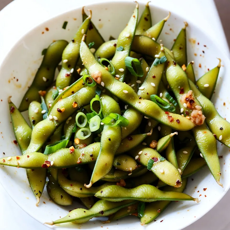 - 2 cups shelled edamame (fresh or frozen) - 3 tablespoons extra virgin olive oil - 4 cloves garlic, finely minced - 1 tablespoon red pepper flakes (or adjust to your spice preference) - 2 tablespoons low-sodium soy sauce - 1 tablespoon toasted sesame oil - 1 tablespoon freshly squeezed lemon juice - Sea salt, to taste These main ingredients create a bold and tasty dish. Edamame brings protein and a nice green color. Olive oil adds richness, while garlic gives depth and warmth. The red pepper flakes bring heat, so adjust them to your liking. Soy sauce adds umami, and sesame oil gives a nutty flavor. Lemon juice brightens everything up. - 2 green onions, thinly sliced (for garnish) - Toasted sesame seeds, for garnish Green onions add a sharp bite that contrasts well with the edamame. Sesame seeds provide a crunchy texture and nutty flavor. These garnishes make your dish look fancy and inviting. If you can't find edamame, you can swap in green peas. They offer a similar texture and taste. For olive oil, you can use canola oil or avocado oil. If you need a gluten-free option, use tamari instead of soy sauce. You can also adjust the spicy level by using less red pepper flakes or adding fresh chili for more heat. {{ingredient_image_2}} Start with shelled edamame. If you use frozen, boil them. Follow the package instructions. Usually, it takes about 4 to 5 minutes. They should be tender and bright green. Drain the edamame well and set them aside. This step is simple, but it sets the stage for flavor. Next, heat 3 tablespoons of extra virgin olive oil in a large skillet. Keep the heat at medium until the oil shimmers. Add 4 cloves of finely minced garlic. Sauté for about 1 minute. You want the garlic to smell great and turn golden. Be careful not to burn it. Then, add 1 tablespoon of red pepper flakes. Stir for another 30 seconds to enhance the flavor. Now, add the cooked edamame to the skillet. Pour in 2 tablespoons of low-sodium soy sauce and 1 tablespoon of toasted sesame oil. Toss everything together quickly. Make sure the edamame is well-coated in the spicy garlic mix. Drizzle 1 tablespoon of freshly squeezed lemon juice on top. Stir well and taste. Adjust sea salt if needed. Finally, transfer your dish to a serving plate. Garnish with thinly sliced green onions and toasted sesame seeds. Enjoy your colorful and tasty creation! To adjust the spice, you can change the red pepper flakes. Start with one teaspoon for a mild kick. If you love heat, add more flakes until you reach your desired level. You can also add a dash of hot sauce for extra flavor. Want more flavor? Try adding a splash of rice vinegar. It adds a nice tang. You can also mix in a teaspoon of honey for sweetness. This balance of flavors makes the dish pop. Fresh herbs like cilantro or basil can brighten the taste too. Serve your Spicy Garlic Edamame in a bright bowl. This makes the dish stand out. Use toothpicks for easy snacking. To show off your dish, sprinkle extra sesame seeds on top. A small bowl of chili oil on the side adds a fun touch and lets guests add more heat. Pro Tips Fresh Ingredients: Use fresh edamame whenever possible for the best flavor and texture. Frozen edamame is a good alternative if fresh is not available, but be sure to cook them properly. Adjusting Spice Levels: Feel free to adjust the amount of red pepper flakes based on your heat tolerance. Start with a small amount and gradually add more to find your perfect spice level. Perfectly Sautéed Garlic: Keep an eye on the garlic while sautéing; it can burn quickly. Remove it from heat as soon as it turns golden to avoid a bitter taste. Garnishing for Flavor: Don’t skip the garnishes! Green onions and toasted sesame seeds add not only a visual appeal but also a delightful crunch and extra flavor to the dish. {{image_4}} You can change the flavor of your spicy garlic edamame easily. Try adding lime juice instead of lemon. This will give a bright, zesty twist. For a sweet touch, mix in a teaspoon of honey or maple syrup. You could also use different oils, like chili oil, for a richer flavor. Experiment with herbs too! Fresh cilantro or parsley can add a nice touch. Want to make this dish heartier? Add protein like shrimp or chicken. Cook them in the skillet before adding garlic and edamame. Tofu is a great option for a plant-based boost. Simply cube it and sauté until golden. You can even sprinkle cooked bacon pieces on top for a smoky flavor. These additions will make your dish filling and tasty. This recipe is already vegan and can be gluten-free! Use tamari instead of soy sauce for a gluten-free option. Always check labels when buying sauces. For a nutty twist, add a splash of almond or peanut sauce. You can also include fresh veggies like bell peppers or snap peas to enhance nutrition. Enjoy your spicy garlic edamame with these simple tweaks! To keep your Spicy Garlic Edamame fresh, store leftovers in an airtight container. Make sure the dish cools to room temperature first. Place it in the fridge and enjoy it within three days for the best flavor. To reheat, you can use the microwave or stovetop. If using the microwave, heat for about 1-2 minutes. Stir halfway through to warm evenly. If you choose the stovetop, add a splash of water in a skillet and heat over low heat. Stir often until hot. You can freeze Spicy Garlic Edamame for later use. First, let it cool completely. Then, place it in a freezer-safe bag or container. Remove as much air as possible. It will stay fresh for up to three months. When ready to eat, thaw in the fridge overnight and reheat. Cooking frozen edamame takes about 4 to 5 minutes. Boil them in salted water until they are tender. Once cooked, drain the edamame well. This quick cook time keeps the beans bright and tasty. Yes, you can prepare Spicy Garlic Edamame ahead of time. Cook the edamame and mix in the garlic sauce. Store it in the fridge for up to two days. Reheat it in a skillet before serving. The flavors will blend nicely as it sits. Spicy Garlic Edamame pairs well with various dishes. Try serving it with sushi, rice bowls, or grilled meats. It also makes a great snack when served with cocktails or beer. Add some chili oil on the side for extra spice. Spicy Garlic Edamame is simple and delicious. You learned about key ingredients, cooking steps, and helpful tips. I showed you how to adjust flavors and even try new variations. Storing and reheating tips ensure you enjoy leftovers too. Remember, cooking is fun, so don’t be afraid to experiment. Each bite should bring joy and excitement. Enjoy your cooking journey with this tasty dish!