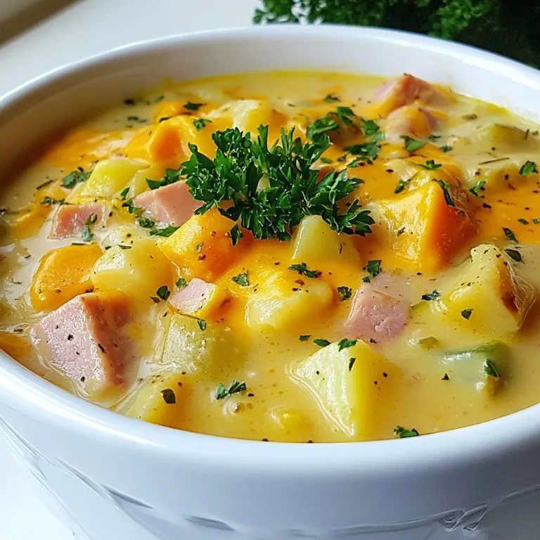 To make a great Ham & Potato Soup, you need these key items: - 2 cups diced cooked ham - 4 medium potatoes, peeled and cubed - 1 medium onion, finely chopped - 2 cloves garlic, minced - 4 cups chicken broth (low sodium recommended) - 2 cups whole milk (or a dairy-free alternative like almond milk) - 1 cup shredded sharp cheddar cheese - 1 cup frozen mixed vegetables (peas, carrots, corn) - 1 teaspoon dried thyme - 1 teaspoon smoked paprika - Salt and freshly ground pepper, to taste - 2 tablespoons extra virgin olive oil - Fresh parsley, chopped, for garnish These ingredients create a warm, creamy base that comforts every bite. You can adjust this recipe to your taste. Here are some fun additions: - Cooked bacon for extra crunch - Fresh herbs like chives or dill for brightness - A dash of hot sauce for some heat - Different types of cheese like gouda or mozzarella - Other veggies like broccoli or bell peppers Feel free to mix and match these to make it your own. To whip up this soup, gather these tools: - A large pot for cooking - A cutting board and knife for chopping - A wooden spoon for stirring - Measuring cups for accuracy - A ladle for serving Having the right tools makes cooking easier and more enjoyable! {{ingredient_image_2}} Start by warming 2 tablespoons of extra virgin olive oil in a large pot over medium heat. Add 1 finely chopped medium onion and cook it for about 3-4 minutes. You want it to be soft and slightly golden. Next, add 2 minced garlic cloves. Stir for about a minute. This step builds a strong flavor base for your soup. Now, it's time for the potatoes. Add 4 peeled and cubed medium potatoes to the pot. Pour in 4 cups of low-sodium chicken broth. Make sure the potatoes are covered. Bring this mixture to a rolling boil. Then, reduce the heat and let it simmer for about 15 minutes. You want the potatoes to be fork-tender, which means they should break easily when you poke them. Once the potatoes are soft, it's time to add more flavor. Stir in 2 cups of diced cooked ham, 1 cup of frozen mixed vegetables, 1 teaspoon of dried thyme, and 1 teaspoon of smoked paprika. Let this simmer for another 5 minutes. Then, gradually pour in 2 cups of whole milk while stirring. This makes the soup creamy. Let it simmer for another 5 minutes. Now, remove the pot from heat and mix in 1 cup of shredded sharp cheddar cheese. Stir until it melts and blends well. Lastly, add salt and freshly ground pepper to taste. Your soup is ready to serve! To make your soup creamy, add milk slowly. Stir well after each addition. This helps to blend the milk nicely. Let the soup simmer for a few minutes. Watch it closely as it thickens. If it's too thick, add more broth or milk. For a richer taste, use whole milk or a dairy-free option like almond milk. Don't skip the seasoning! Add salt and pepper to taste. For extra flavor, try adding smoked paprika and thyme. These spices add depth and warmth. You can also add a splash of hot sauce for a kick. Fresh herbs, like parsley, make a great garnish. They add color and fresh taste. One common mistake is overcooking the potatoes. Cook them until fork-tender, but not mushy. Another mistake is not letting the soup simmer enough. This allows flavors to meld together. Lastly, don’t forget to taste as you go. Adjust seasoning to your liking for the best result. Pro Tips Use Leftover Ham: This recipe is perfect for using up leftover holiday ham, adding both flavor and reducing waste. Customize Your Veggies: Feel free to swap in your favorite frozen or fresh vegetables for a personalized touch. Thicken the Soup: For a thicker consistency, blend a portion of the soup and return it to the pot before adding the cheese. Herb Variations: Experiment with different herbs like rosemary or oregano for a unique flavor profile in your creamy dish. {{image_4}} You can make a vegetarian version of this soup. Replace the ham with mushrooms for a savory bite. Use vegetable broth instead of chicken broth. For creaminess, substitute whole milk with almond milk or any other plant-based milk. This keeps the soup creamy and rich without using dairy. Feel free to mix in other vegetables. Carrots, celery, and green beans work well. You can also add corn for sweetness. If you want to switch up the meat, try using smoked turkey or chicken instead of ham. Each meat adds a unique flavor to the dish. To add heat, consider including diced jalapeños or a dash of hot sauce. You can also sprinkle in cayenne pepper for a kick. If you like a smoky flavor, add extra smoked paprika. This twist makes the soup exciting and warms you up on cold days. Store leftover ham and potato soup in a sealed container. Let it cool down first. Place it in your fridge for up to three days. If you want to eat it later, check for any signs of spoilage before reheating. You can freeze the soup for a longer shelf life. Use an airtight container or freezer bags. Leave some space at the top, as the soup will expand when frozen. It can last for about three months in the freezer. When you're ready to eat, thaw it in the fridge overnight. For the best results, reheat the soup on the stove. Pour it into a pot over medium heat. Stir often until it's hot. You can also use the microwave. Heat in short bursts, stirring in between. Add a splash of milk if the soup seems too thick. Enjoy your comforting meal! You can store Ham & Potato Soup in the fridge for about 3 to 4 days. Make sure to place it in a sealed container to keep it fresh. The flavors will blend nicely over time. When you're ready to eat, just reheat it on the stove or in the microwave. Yes, you can make Ham & Potato Soup in a slow cooker. Start by sautéing the onion and garlic in a pan. Then, add all ingredients to the slow cooker. Set it on low for 6 to 8 hours or on high for 3 to 4 hours. This method makes it easy and allows the flavors to develop. You can serve Ham & Potato Soup with warm crusty bread or a fresh salad. Grilled cheese sandwiches pair well too. For a touch of fun, add some crackers on the side. These sides make the meal even more comforting and delightful. Ham and potato soup is a tasty dish. I covered essential ingredients, cooking steps, and tips. You learned how to customize and store your soup too. Remember, drying garlic can make your soup bland; don’t skip that step. Whether you want a classic or spicy twist, you can make it your own. Enjoy your cooking journey and savor every bite!