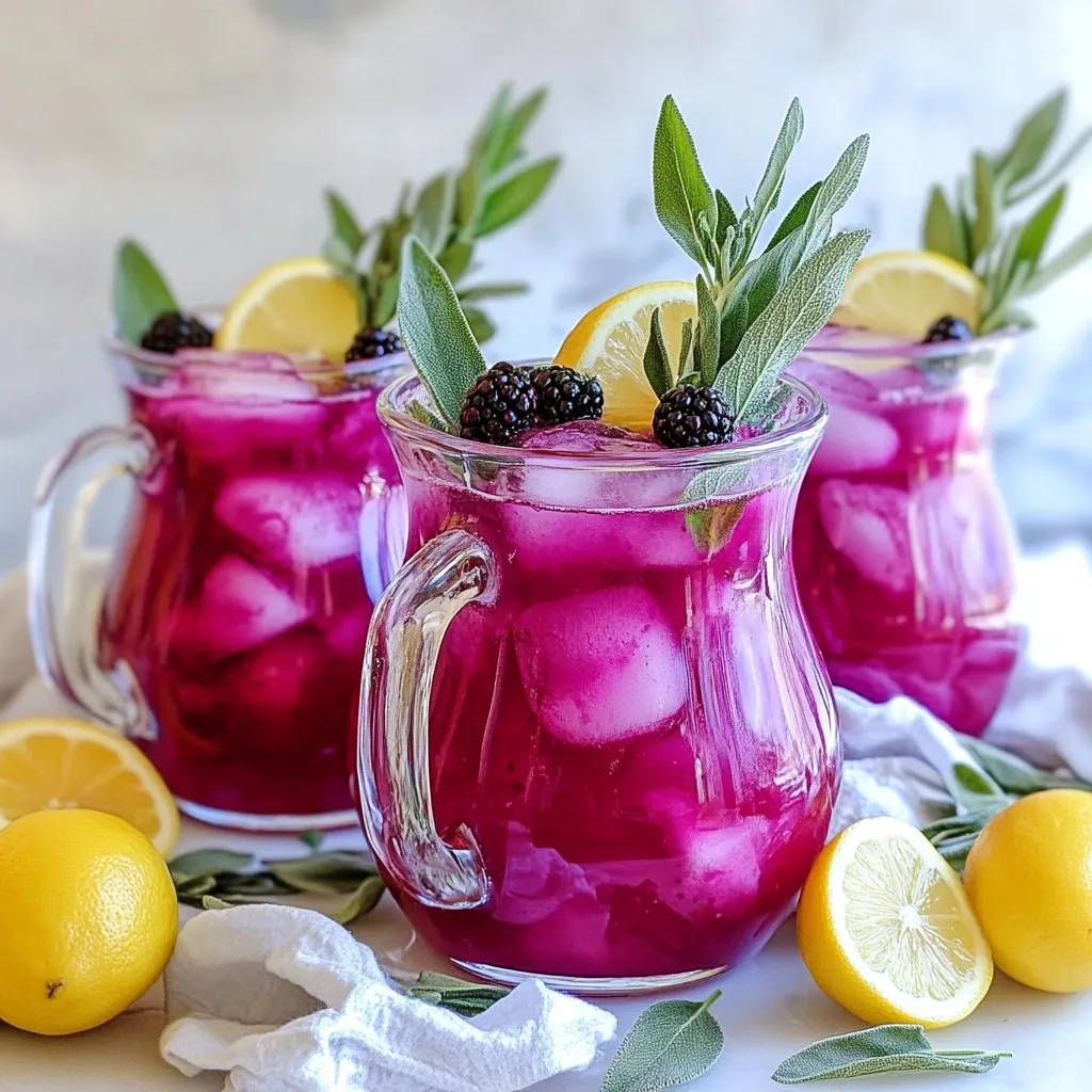 To make a tasty Blackberry Sage Lemonade, gather these fresh and simple ingredients: - 1 cup fresh blackberries, rinsed - 1/4 cup fresh sage leaves, finely chopped - 1 cup granulated sugar - 1 cup freshly squeezed lemon juice (about 5-6 medium lemons) - 4 cups cold water - Ice cubes for serving - Optional garnishes like lemon slices and extra sage sprigs These ingredients are easy to find. Fresh blackberries give a sweet and tart flavor. Sage adds a nice herbal note that makes this drink unique. The sugar balances the tartness of the lemons. Fresh lemon juice is key for that classic lemonade taste. Cold water helps to make it refreshing. You can add ice cubes to keep your drink cool. The garnishes are fun and make your drink look pretty. {{ingredient_image_2}} First, grab a medium saucepan. In it, combine 1 cup of fresh blackberries, 1/4 cup of finely chopped sage leaves, and 1 cup of granulated sugar. Pour in 1 cup of water. Place the saucepan on medium heat. Stir as it heats up. The sugar will dissolve in about 5 to 7 minutes. You will see the blackberries soften and release their juices. Once it simmers, take it off the heat. Let it steep for 10 minutes. This lets the sage add its rich flavor to the syrup. Now, take a fine mesh sieve. Place it over a pitcher. Pour the blackberry-sage mixture into the sieve. Use the back of a spoon to press down on the solids. This step helps to extract as much liquid as possible. Discard the leftover solids. You will have a vibrant liquid that smells amazing. To the pitcher, add 1 cup of freshly squeezed lemon juice. This is about 5 to 6 medium lemons. Next, add 3 cups of cold water to the mix. Stir well to combine everything. Now, take a taste. If it needs more sweetness, add sugar slowly. If it’s too sweet, dilute it with more water until it’s just right. Refrigerate the lemonade for at least 1 hour. This chilling time lets the flavors meld together. When ready to serve, fill glasses with ice cubes. Pour the chilled blackberry sage lemonade over the ice. For a lovely touch, garnish each glass with a lemon slice and a sprig of fresh sage. This makes for a bright and refreshing drink! To make your blackberry sage lemonade just right, focus on sweetness. You can adjust the sugar to fit your taste. If you want it sweeter, add more sugar slowly. If it’s too sweet, just mix in more cold water until it tastes great. Adding lemon zest will bring out fresh flavors. Use a grater to get the yellow part of the lemon peel. Mix this zest into your lemonade after adding the lemon juice. This step brightens the drink and adds a zesty touch. Serving your lemonade in clear glassware makes it pop. The deep purple color looks stunning against the glass. You can also use colorful straws to add a fun vibe. For garnishing, add a lemon slice on the rim of each glass. It looks pretty and gives a hint of flavor. A sprig of fresh sage can sit next to the lemon for a lovely touch. Enjoy the refreshing look of your lemonade before you sip! Pro Tips Use Fresh Ingredients: For the best flavor, ensure that your blackberries and sage are fresh. This will enhance the taste of your lemonade significantly. Adjust to Your Taste: Don’t hesitate to tweak the sweetness or tartness of your lemonade. Start with less sugar and add more to suit your personal preference. Chill Before Serving: Allow the lemonade to chill in the refrigerator for at least an hour. This helps the flavors to meld and results in a more refreshing drink. Garnish Creatively: Use vibrant garnishes like lemon slices and sage sprigs for a beautiful presentation. It makes the drink more appealing and enhances the overall experience. {{image_4}} You can change the berries in this drink. Try using raspberries or blueberries instead of blackberries. Each berry brings a unique flavor to the lemonade. Raspberries add a tart note, while blueberries offer a sweeter touch. Both options are just as refreshing. You can swap out the sage for other herbs too. Mint adds a cool and fresh flavor. Basil gives a slightly sweet and peppery twist. Both herbs work well with lemon, making your drink even more exciting. If you want a different sweetener, honey or agave syrup works great. Honey adds a floral note, while agave is smooth and mild. Both blend well into the lemonade, making it sweet but not overpowering. For those who watch their sugar, low-sugar options exist. You can use sugar substitutes or natural sweeteners. These alternatives keep the drink tasty without too many calories. Adjust to your taste to find the perfect balance. Blackberry Sage Lemonade can last about 5-7 days in the fridge. To keep it fresh, store it in an airtight container. This helps to prevent any odors from mixing in. Always give it a quick stir before serving, as ingredients may settle. If you notice any separation, just mix it up again. You can make ice cubes with the lemonade to keep drinks cold without watering them down. Just pour the lemonade into an ice cube tray and freeze. Once frozen, store the cubes in a bag. Another fun option is to pour the lemonade into popsicle molds. This gives you a refreshing treat on hot days. You can blend in some whole blackberries for a fun twist. Enjoy your Blackberry Sage Lemonade in various forms! To make your Blackberry Sage Lemonade sweeter, start by tasting it after mixing. If it needs more sweetness, add sugar gradually. You can also try honey or agave syrup for a different flavor. Mix well after each addition to see how it changes. Always taste before adding more. This way, you find the right balance for your palate. You can use dried sage, but the flavor will change. Dried sage is stronger than fresh, so use less. Start with a teaspoon and adjust to taste. Fresh sage gives a bright, herbal note that dried sage cannot match. If you want that rich flavor, fresh is best. You can find ready-made Blackberry Sage Lemonade at local grocery stores or health food shops. Look for brands like Simply Lemonade or Whole Foods’ 365 brand. Some farmers' markets may also sell homemade versions. Always check the ingredients for the best flavor and quality. You now have a clear guide to making Blackberry Sage Lemonade. This drink blends fresh blackberries and sage for a unique flavor. Follow the steps for the syrup and garnishes to impress your guests. Remember to taste and adjust sweetness to your liking. Don't hesitate to explore variations with other berries or herbs. Enjoy your refreshing drink, knowing you made it from scratch!