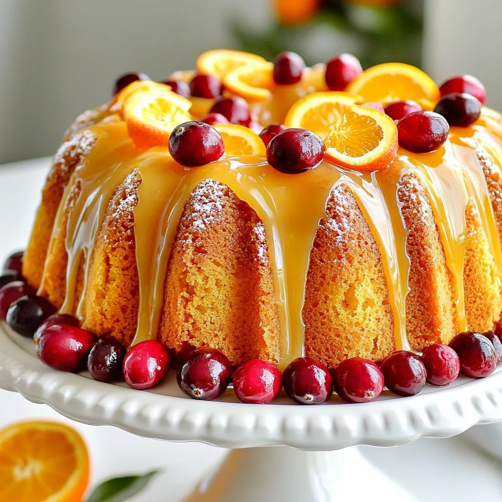 For this delightful cranberry orange bundt cake, you will need: - 2 cups all-purpose flour - 1 ½ cups fresh cranberries, roughly chopped - 1 cup granulated sugar - ½ cup unsalted butter, softened - ½ cup Greek yogurt - 3 large eggs, at room temperature - 1 tablespoon freshly grated orange zest - ½ cup freshly squeezed orange juice (about 2 oranges) - 1 teaspoon baking powder - ½ teaspoon baking soda - ½ teaspoon salt - 1 teaspoon pure vanilla extract These ingredients work together to create a moist and flavorful cake. The fresh cranberries add a burst of tartness, while the orange zest brings a bright, citrusy note. To elevate your cake, make a simple glaze with: - 1 cup powdered sugar - 2 tablespoons freshly squeezed orange juice - 1 teaspoon freshly grated orange zest This glaze adds a sweet finish and a beautiful shine to your cake. You can try some fun twists on this recipe: - Add ½ cup of chopped nuts, like walnuts or pecans, for crunch. - Mix in ½ cup of chocolate chips for a sweet treat. - Substitute the cranberries with blueberries for a different flavor. These variations can make your bundt cake even more special. Experiment and find your favorite! {{ingredient_image_2}} Start by preheating your oven to 350°F (175°C). Take your bundt pan and grease it well. You can use unsalted butter or non-stick spray. Make sure to cover every nook. This step helps the cake slide out easily later. In a large bowl, add the softened butter and granulated sugar. Use an electric mixer and blend on medium speed for 3-4 minutes. The mixture should look light and fluffy. Next, add the eggs one at a time. Mix well after each egg. Add the Greek yogurt, orange zest, and vanilla extract. Blend until smooth and well combined. In another bowl, whisk together the all-purpose flour, baking powder, baking soda, and salt. Gradually add this dry mix to the wet ingredients. Alternate with the freshly squeezed orange juice. Start and end with the flour mix. Stir gently to avoid overmixing. Now, fold in the chopped cranberries carefully, ensuring they are spread evenly. Pour the batter into your prepared bundt pan. Use a spatula to smooth the top. Bake the cake for 50-60 minutes. Check for doneness by inserting a toothpick in the center. It should come out clean with a few moist crumbs. Once done, let the cake cool in the pan for about 10-15 minutes. Then, invert it onto a wire rack to cool completely. For the glaze, mix the powdered sugar, orange juice, and zest in a bowl. Whisk until smooth. Once the cake is cool, drizzle the glaze over the top. Let it flow down the sides for a lovely finish. Enjoy your beautiful cranberry orange bundt cake! To get a great bundt cake texture, start with room temperature ingredients. This includes your eggs and butter. Mixing these well helps the cake rise nicely. Cream the butter and sugar until fluffy. This step adds air and lightens the cake. When adding flour, mix gently. Overmixing can make your cake dense. Lastly, fold in the cranberries with care. You want them spread out, not crushed. One big mistake is not greasing the bundt pan well. If you skip this, your cake may stick. Also, check your oven's temperature. An oven that is too hot can burn the cake. Another common error is not letting the cake cool long enough before removing it. Give it about 10-15 minutes in the pan. This helps it set and keeps it from breaking apart. For serving, place the cake on a pretty stand. This makes it look special. Surround it with fresh cranberries and orange slices. This adds color and charm. When you drizzle the glaze, let it run down the sides. This gives it a nice finish. You can also slice the cake while still on the stand. This keeps the pieces neat and tidy. Enjoy every bite with a cup of tea or coffee! Pro Tips Freshest Ingredients: Use fresh cranberries for the best flavor and texture. If you can’t find fresh cranberries, frozen ones can work, but do not thaw them before adding to the batter. Room Temperature Eggs: Ensure your eggs are at room temperature before mixing. This helps them incorporate more easily into the batter, resulting in a lighter cake. Don’t Overmix: When combining wet and dry ingredients, mix just until combined. Overmixing can lead to a denser cake texture, which we want to avoid. Cool Completely: Allow the cake to cool completely before glazing. This ensures the glaze won’t melt and will adhere beautifully to the cake. {{image_4}} You can swap a few ingredients for dietary needs. If you want a gluten-free option, use gluten-free flour. For a dairy-free cake, replace unsalted butter with coconut oil and Greek yogurt with almond yogurt. If you're vegan, use flax eggs instead of chicken eggs. Just mix one tablespoon of ground flaxseed with three tablespoons of water for each egg. This keeps the cake moist and fluffy. You can add new flavors to this cake. Try adding a teaspoon of cinnamon or nutmeg for warmth. If you love chocolate, mix in some dark chocolate chips with the cranberries. For a tropical twist, add shredded coconut or pineapple bits. This makes the cake even more fun and exciting! Adding nuts gives the cake a nice crunch. Walnuts or pecans work great. Chop them up and fold them in with the cranberries. You can also add other fruits. Diced apples or pears mix well with the orange flavor. Just make sure to adjust the sugar if you use very sweet fruits. This makes your cake unique and adds fun textures! To keep your cranberry orange bundt cake fresh, wrap it tightly. Use plastic wrap or aluminum foil to cover the cake. This helps prevent it from drying out. Store the wrapped cake in an airtight container. Place it in a cool, dry place, like your kitchen counter. If your kitchen is warm, the fridge may be better. Just be sure to wrap it well to keep it moist. You can freeze your bundt cake for up to three months. First, let the cake cool completely. Then, wrap it tightly in plastic wrap. After that, cover it in aluminum foil. This two-layer wrap helps avoid freezer burn. Label the cake with the date for easy tracking. When you're ready to enjoy it, let it thaw in the fridge overnight. Your cranberry orange bundt cake will last about three days at room temperature. If you store it in the fridge, it can last up to a week. Proper storage is key to keeping it fresh. After one week, the flavor may fade. So, enjoy your delicious cake while it’s at its best! Yes, you can make this cake ahead of time. Bake it a day or two before your event. Once cooled, wrap it tightly in plastic wrap. This keeps it fresh and moist. If you don’t have Greek yogurt, use sour cream. You can also use plain yogurt. Both options will keep the cake moist and tasty. Yes, frozen cranberries work well in this cake. Do not thaw them before adding to the batter. This helps keep the cake from turning too wet. A non-stick bundt pan works best for this cake. It helps the cake release easily after baking. Look for one with a detailed design for a pretty finish. A sunken cake can happen for a few reasons. It may be underbaked or overmixed. Always check the cake with a toothpick. If it comes out clean, it’s done. Avoid mixing too much after adding flour; this keeps the cake light. You learned about the key ingredients and steps for a delicious Bundt cake. I shared tips to avoid mistakes and achieve great texture. You also saw ways to store leftovers and variations to spice things up. Baking can be fun and rewarding. Remember, practice makes perfect. Each cake you bake teaches you something new. Enjoy your baking journey!