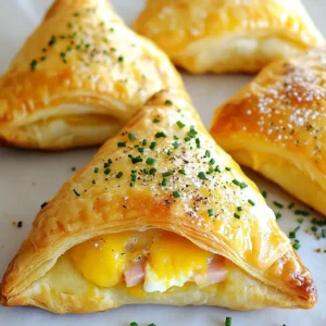 - 1 sheet of puff pastry, thawed - 1 cup cooked ham, diced into small pieces - 1 cup sharp cheddar cheese, shredded - 1/2 cup cream cheese, softened to room temperature - 1 tablespoon Dijon mustard - 1 egg, beaten (for egg wash) - 1 tablespoon fresh chives, finely chopped (optional for garnish) - Salt and freshly ground black pepper to taste The puff pastry is the star of this dish. It gives a light, flaky texture. Choose a quality brand for the best result. The cooked ham adds a rich, savory flavor. I prefer using diced ham for a better bite. Sharp cheddar cheese brings a bold taste. It melts beautifully and complements the ham. Cream cheese adds creaminess and helps bind the filling. Dijon mustard gives a slight tang, which brightens each bite. Fresh chives add color and a mild onion flavor, making them an optional but tasty garnish. If you want to change things up, you can use other meats. Turkey or chicken work well in place of ham. For cheese, try mozzarella or gouda for different flavors. If you need a dairy-free option, use a plant-based cream cheese. You can also skip the mustard if you prefer a milder taste. Feel free to add vegetables too. Spinach or bell peppers can add great color and nutrition. These simple swaps keep the recipe fresh and fun! {{ingredient_image_2}} Start by preheating your oven to 400&deg;F (200&deg;C). This step is important for getting a nice, crisp pastry. While the oven heats, prepare your baking sheet. Line it with parchment paper to stop the pockets from sticking. This makes cleanup easy too! Next, take your thawed puff pastry sheet. Place it on a lightly floured surface. Use a rolling pin to smooth out any creases. Then, grab a sharp knife or pizza cutter. Cut the pastry into four equal squares. Make sure they are even for the best cooking results! Now, it&rsquo;s time to create the filling. In a medium mixing bowl, combine the diced ham, shredded cheddar cheese, softened cream cheese, and Dijon mustard. If you like, fold in chopped chives for an extra flavor boost. Don't forget to season with salt and black pepper to taste. This mixture should be tasty and creamy! Take one square of puff pastry and place a generous spoonful of the ham and cheese mixture in the center. Be careful not to overfill it. Fold the pastry over the filling to create a triangle shape. Press the edges firmly to seal. For a fun touch, use a fork to crimp the edges! Before baking, brush the tops of each pocket with the beaten egg. This egg wash helps give the pastry a beautiful golden-brown color. It also adds a nice sheen to the finished dish, making it look extra appetizing. Place the filled pockets on your prepared baking sheet. Bake them in your preheated oven for 15-20 minutes. Watch closely for a puffed, golden-brown finish. Once baked, take them out and let them cool for a few minutes. Serve warm, and enjoy your delightful ham and cheese puff pastry pockets! To get the best puff pastry, keep it cold. Warm pastry doesn&rsquo;t puff well. Thaw it in the fridge, not on the counter. Roll it out gently to avoid tearing. Cut even squares for uniform pockets. Use a sharp knife for clean edges. You can boost the taste by adding more ingredients. Try adding diced onions or peppers. Fresh herbs like thyme or parsley work great too. For a spicy kick, consider adding jalape&ntilde;os. These add-ins make each bite exciting. They also help you personalize your pockets. A few mistakes can spoil your puff pastry pockets. First, don&rsquo;t overfill them. This makes sealing hard and causes leaks. Second, remember to crimp the edges well. This keeps the filling inside while baking. Lastly, skip the egg wash at your own risk. It gives a shiny, golden finish. Pro Tips Perfect Puff Pastry: Ensure your puff pastry is fully thawed and cold before rolling it out. This will help maintain its flaky texture during baking. Flavor Boost: Experiment with different types of cheese or add herbs like thyme or rosemary to the filling for an extra layer of flavor. Sealing Techniques: For a stronger seal, brush a little water along the edges of the pastry before crimping. This helps the edges stick together better during baking. Serving Suggestions: Pair these pockets with a tangy dipping sauce, like a honey mustard or a spicy aioli, for a delightful contrast of flavors. {{image_4}} You can change up the cheese in your ham and cheese puff pastry pockets. Try using mozzarella for a milder flavor. Swiss cheese adds a nice nutty taste. If you like a kick, pepper jack works great too. Each cheese brings its own fun twist to the dish. Mix and match cheeses for even more flavor! You can make these pockets even better by adding veggies. Spinach, bell peppers, or mushrooms all work well. Chop them small so they fit nicely in the pockets. You can also add spices for more flavor. A little garlic powder or paprika can really spice things up. Fresh herbs like basil or parsley can add a bright taste too. Want to try something new? You can make sweet puff pastry pockets! Instead of ham and cheese, use sweet cream cheese mixed with fruit. Berries or apples are great choices. Add a sprinkle of sugar and cinnamon for an extra treat. Bake as usual for a fun dessert. Sweet or savory, these pockets are sure to please! Store any leftover ham and cheese puff pastry pockets in an airtight container. This keeps them fresh. You can keep them in the fridge for up to three days. Make sure they cool completely before sealing them up. This step helps avoid sogginess. To reheat, preheat your oven to 350&deg;F (175&deg;C). Place the pockets on a baking sheet. Heat them for about 10-15 minutes. This method keeps the pastry crisp. You can also use a microwave, but it may make the pastry less crunchy. If you prefer the microwave, heat in short bursts of 30 seconds. You can freeze these pockets for up to two months. Before freezing, place them in a single layer on a baking sheet. Once frozen, transfer them to a freezer-safe bag. This prevents them from sticking together. When ready to eat, no need to thaw. Just bake them at 400&deg;F (200&deg;C) for about 20-25 minutes or until golden brown. Yes, you can use other meats. Chicken or turkey work great too. You can even use leftover roast beef. Just make sure to chop it small, like the ham. To reheat, preheat your oven to 350&deg;F (175&deg;C). Place the pockets on a baking sheet. Heat them for about 10-15 minutes. This keeps the pastry crispy and the filling warm. Absolutely! You can prepare the filling and fill the pastry squares. Then, cover and chill them in the fridge for a few hours. Bake them just before serving for the best taste. Many sauces go well with these pockets. Try honey mustard for a sweet touch. Barbecue sauce adds a smoky flavor. Ranch dressing also makes a tasty dip. We explored making delicious ham and cheese puff pastry pockets. We covered all the ingredients, from key details to possible substitutions. The step-by-step guide helps you prep, fill, and bake perfectly. You learned tips to enhance flavor and avoid common mistakes. We even looked at variations and storage tips to keep your pockets fresh. Now, it's time to create your tasty treats. Enjoy your cooking journey!