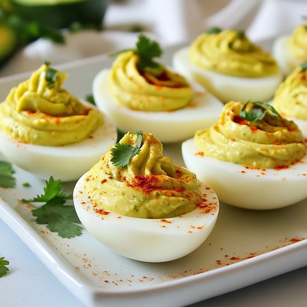 To make spicy avocado deviled eggs, gather these simple ingredients: - 6 large eggs - 1 ripe avocado, halved and pitted - 2 tablespoons creamy mayonnaise - 1 teaspoon Dijon mustard - 1 teaspoon fresh lime juice - 1 small jalapeño, finely chopped - Salt and freshly ground black pepper to taste - Smoked paprika for garnish - Fresh cilantro leaves for garnish These ingredients make a rich and creamy filling. The avocado adds a nice twist to this classic dish. The jalapeño gives it a spicy kick. Feel free to adjust the spice level based on your taste. The lime juice brightens the flavors and adds freshness. Using fresh cilantro as a garnish adds a lovely touch. This list ensures your deviled eggs will impress everyone! {{ingredient_image_2}} - Start by placing the eggs in a pot. Cover them with cold water by one inch. - Bring the water to a rolling boil on medium heat. - Once boiling, cover the pot and take it off the heat. Let the eggs sit for 12 minutes. - While the eggs cook, prepare an ice bath. Fill a bowl with cold water and ice. - After 12 minutes, move the eggs to the ice bath. Cool them for 5-10 minutes. - Once cool, tap each egg on a hard surface to crack the shell. Peel them under running water for ease. - Cut the peeled eggs in half lengthwise and pop out the yolks into a bowl. - Add the ripe avocado, creamy mayonnaise, Dijon mustard, lime juice, and jalapeño to the yolks. - Mash everything together with a fork until smooth and well-blended. - Use a spoon or piping bag to fill each egg white half with the mixture. - Create a lovely mound for a nice look. - Lightly dust the eggs with smoked paprika for color. - Top each with a fresh cilantro leaf for garnish. - Use fresh eggs. Fresh eggs peel better and have a nice texture. - An ice bath is key. It stops cooking and helps with easy peeling. - Adjust the jalapeño. If you want more heat, keep some seeds in. - Serve on a bright platter. This makes the deviled eggs stand out. - Add lime wedges. They add color and a zesty touch to your spread. Pro Tips Use Fresh Ingredients: Always opt for the freshest avocados and eggs for the best flavor and texture in your deviled eggs. Customize the Heat: Adjust the amount of jalapeño according to your spice tolerance. You can also experiment with different peppers for varied flavors. Perfect Peeling: Peeling eggs under running water can help remove the shell more easily, especially if your eggs are very fresh. Make Ahead: These deviled eggs can be prepared a few hours in advance. Just keep them covered in the fridge until serving to maintain freshness. {{image_4}} You can change up the taste of your deviled eggs easily. Adding herbs or spices makes a big difference. For example, try fresh dill or chives for a bright flavor. You can also mix in a little garlic powder or smoked paprika for depth. If you have dietary needs, substitute the mayonnaise with Greek yogurt. This swap reduces fat and adds protein. You can also use hummus for a creamy, vegan option. Don't be afraid to experiment with flavors that you love! The toppings can really elevate your deviled eggs. You can add crispy bacon bits for a savory crunch. Another great option is fresh chives, which add a mild onion note. For something fun and colorful, try pickled jalapeños or diced bell peppers. When it comes to presentation, think outside the box! Use a cupcake stand or a colorful platter. You can even create a themed display for holidays or parties. Your guests will be impressed by the creativity and taste! To keep your spicy avocado deviled eggs fresh, store them in the fridge. Place them in an airtight container. Cover each egg with plastic wrap if you want extra protection. This helps avoid drying out. They stay fresh for about 2 days. After that, they may lose flavor and texture. Deviled eggs are best served cold. If you have leftovers, just enjoy them straight from the fridge. You can also bring them to room temperature before serving. Avoid reheating them in the microwave, as it can make them tough. Freezing deviled eggs is not recommended. The texture changes and the flavors may not taste right. Enjoy your delicious deviled eggs fresh! To hard boil eggs, place them in a pot. Cover them with cold water by one inch. Heat the pot on medium until the water boils. As soon as it boils, cover the pot and take it off the heat. Let the eggs sit in the hot water for 12 minutes. This way, you do not overcook them. To avoid green yolks, cool the eggs quickly. After the time is up, put them in an ice bath. This stops the cooking process. The green color comes from overcooking, so timing and cooling are key. Yes, you can make deviled eggs ahead of time. You can boil and peel the eggs a day before. Store the peeled eggs in cold water in the fridge. This keeps them fresh and easy to use. For the filling, mix the yolks with the other ingredients. Cover the mixture and keep it in the fridge. Fill the egg whites just before serving to keep them fresh and tasty. If you want to skip mayonnaise, try using Greek yogurt. It gives a nice creaminess and adds protein. Another option is sour cream, which adds a tangy flavor. You can also use mashed avocado for a richer taste. Each of these options gives a different flavor but keeps the texture creamy. Experiment with what you like best! You learned how to make tasty deviled eggs using simple steps and fresh ingredients. We covered cooking, filling, and serving ideas. Remember to adjust spice levels to fit your taste. Don't forget to try different flavors and toppings to make your eggs unique. Storing leftovers properly keeps them fresh for later. Enjoy creating these fun treats for any gathering!