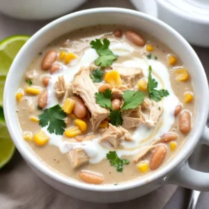 - Chicken and Base Ingredients - 1 lb boneless, skinless chicken breasts - 1 tablespoon olive oil - 1 medium onion, finely diced - 3 cloves garlic, minced - 2 cans (15 oz each) white beans (cannellini or navy beans), drained and rinsed - 1 can (4 oz) diced green chilies - 2 cups chicken broth - 1 cup corn kernels (fresh, frozen, or canned) - Spices and Seasonings - 1 teaspoon ground cumin - 1 teaspoon chili powder - &frac12; teaspoon smoked paprika - Salt and pepper to taste - Optional Garnishes and Serving Suggestions - 1 cup heavy cream - Fresh cilantro, chopped (for garnish) - Lime wedges (for serving) When I think about making creamy white chicken chili, I start with the right ingredients. The base is simple: chicken, beans, and broth. I love using boneless, skinless chicken breasts. They cook quickly and shred easily. Next, I add olive oil to a pot and heat it up. The onion and garlic bring a lot of flavor. You can&rsquo;t go wrong with these two. They form a great base for the chili. Now, let's talk about spices. Ground cumin and chili powder add warmth. Smoked paprika gives it a nice smoky flavor. Don&rsquo;t forget to season with salt and pepper to bring out all the goodness. For creaminess, heavy cream is key. It makes the chili rich and smooth. Finally, I love adding fresh cilantro and lime. They add a pop of freshness at the end. Gather these ingredients, and you&rsquo;re on your way to a delicious meal! {{ingredient_image_2}} First, heat the olive oil in a large pot over medium heat. When the oil shimmers, add the diced onion. Cook the onion for about 3-4 minutes. It should be soft and fragrant. Next, add the minced garlic. Saut&eacute; it for 1-2 minutes, stirring often. You want the garlic to be aromatic, not brown. Now, season the chicken breasts with salt and pepper. Place them in the pot with the onions and garlic. Pour in the chicken broth, making sure the chicken is submerged. Bring this mixture to a gentle simmer. Then, reduce the heat to low and cover the pot. Let it simmer for about 20 minutes. The chicken should reach an internal temperature of 165&deg;F. Carefully remove the chicken and let it rest for a few minutes. After the chicken cools, shred it using two forks. While you do this, return to the pot. Add the rinsed white beans, diced green chilies, ground cumin, chili powder, smoked paprika, and corn. Stir well to mix everything together. Continue to simmer uncovered for 5-10 minutes. This lets all the flavors meld nicely. When the chili is hot and fragrant, stir in the heavy cream. Add the shredded chicken back into the pot. Heat it for another 5 minutes, stirring gently. Avoid boiling to keep the cream from separating. Taste your chili and add more salt or pepper if needed. Now, it&rsquo;s ready to serve! Enjoy it hot, garnished with chopped cilantro and lime wedges for extra zest. How to Achieve Perfectly Shredded Chicken To get the best shredded chicken, cook it until it reaches 165&deg;F. After cooking, let it rest for a few minutes. Use two forks to pull the chicken apart gently. This method gives you nice, even pieces. Best Practices for Using Heavy Cream When adding heavy cream, do it at the end of cooking. Stir it in gently and avoid boiling. Boiling can cause the cream to separate, ruining the texture. Use fresh heavy cream for the best taste. Adjusting Flavors and Spice Levels Taste your chili before serving. If you want it spicier, add more chili powder or diced green chilies. For a milder flavor, reduce the spices. You can also balance heat with a bit of lime juice or extra cream. Ideal Pairings for Creamy White Chicken Chili This chili pairs well with cornbread or tortilla chips. You can serve it with a fresh salad for a light meal. A cold drink like iced tea or lemonade complements the dish nicely. Recommended Toppings for Extra Flavor Add toppings to enhance flavor. Fresh cilantro adds a nice pop. Lime wedges bring brightness. You can also sprinkle cheese or diced avocado on top for creaminess. Pro Tips Use Rotisserie Chicken: For a quicker option, substitute cooked rotisserie chicken instead of raw chicken breasts. Just shred it and add it to the pot after saut&eacute;ing the onions and garlic. Adjust the Spice Level: If you prefer a spicier chili, add more diced green chilies or a pinch of cayenne pepper. Adjust according to your taste! Make it Dairy-Free: To make a dairy-free version, replace the heavy cream with coconut milk or a plant-based cream alternative. Garnish Creatively: Experiment with garnishes like avocado slices, jalape&ntilde;o rings, or crispy tortilla strips for added texture and flavor! {{image_4}} You can swap chicken for turkey if you want a leaner option. For a different taste, try using shredded pork or cooked shrimp. Each protein adds unique flavor and texture to your chili. For a healthier choice, use low-fat milk instead of heavy cream. Greek yogurt can also add creaminess while boosting protein. If you want to cut carbs, use cauliflower rice instead of beans. To make this dish vegan, replace chicken with chickpeas or tofu. Use vegetable broth instead of chicken broth. For creaminess, coconut milk works well. You still get a rich flavor without any animal products. You can add more veggies to boost nutrition. Consider bell peppers, zucchini, or spinach. These veggies add color, texture, and flavor. Plus, they make the dish even healthier! If you like heat, add jalape&ntilde;os or cayenne pepper. For a smoky flavor, use chipotle peppers. Adjust the spice to match your taste. Remember, you can always start with a little and add more as needed! How do you store leftovers? After you enjoy your creamy white chicken chili, let it cool first. Then, place it in an airtight container. You can keep it in the fridge for up to four days. What are the best containers for storage? Glass containers are great for storing chili. They are easy to clean and don&rsquo;t absorb odors. Plastic containers work too, just make sure they are BPA-free. What are some tips for freezing? If you want to save chili for later, freezing is a good option. Use freezer-safe bags or containers. Be sure to leave some space at the top for expansion. This chili can last for about three months in the freezer. How do you thaw and reheat chili? To thaw, move the chili from the freezer to the fridge the night before. This way, it will thaw slowly and safely. When ready to serve, reheat in a pot over medium heat. Stir it often until it's hot. If it seems thick, add a splash of chicken broth or water to help. Yes, you can use frozen chicken! Just add an extra 10-15 minutes to the cooking time. Make sure the chicken reaches 165&deg;F to ensure safety. If you use frozen chicken, it may release more water. Adjust your broth accordingly to keep the chili creamy. If you want a lighter option, use half-and-half or whole milk. A non-dairy option is coconut milk, which adds a slight sweetness. You can also use Greek yogurt for creaminess but add it at the end to prevent curdling. This chili has a mild spice level. The diced green chilies add a gentle heat. If you like more spice, add extra chili powder or diced jalape&ntilde;os. You can also serve hot sauce on the side for those who want a kick. Cannellini or navy beans are the best choices. They are creamy and hold their shape well in the chili. If you want a different texture, you can also use great northern beans. The key is to drain and rinse them before adding to the pot. This blog post covered how to make creamy white chicken chili. We went over the key ingredients, steps to cook, and tips for the best results. You learned about variations, storage, and answered common questions. Making this dish is fun and easy. Feel free to experiment and adjust it to your taste. Enjoy your chili with friends and family, and remember, the best meals are shared with those you love.