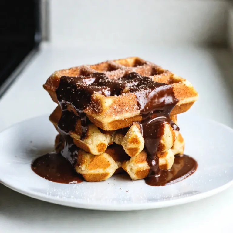 - 1 cup all-purpose flour - 1 tablespoon baking powder - 1 teaspoon ground cinnamon - 2 tablespoons granulated sugar - 1 cup whole milk - 1/4 cup unsalted butter, melted - 1 large egg - 1 teaspoon vanilla extract To make these churro waffles, you need just a few basic ingredients. The flour provides the main structure. Baking powder helps the waffles rise. Ground cinnamon and sugar give them that classic churro flavor. Whole milk adds creaminess, while melted butter brings richness. The egg helps bind everything together, and vanilla extract adds a nice touch. - 1/2 cup granulated sugar - 2 teaspoons ground cinnamon The magic happens with the cinnamon sugar coating. Mix the sugar and cinnamon in a dish. This step gives the waffles their sweet, crunchy outer layer. Coating them while warm makes the sugar stick better. - Chocolate sauce - Caramel sauce - Whipped cream For a fun twist, consider adding toppings. Drizzle chocolate or caramel sauce over the waffles. A dollop of whipped cream makes them extra special. You can go wild with your favorites! {{ingredient_image_2}} 1. Start by preheating your waffle iron. This ensures even cooking. Follow the manufacturer's guide for the best results. 2. In a medium bowl, mix the dry ingredients. Combine 1 cup of flour, 1 tablespoon of baking powder, 1/2 teaspoon of salt, 1 teaspoon of cinnamon, and 2 tablespoons of sugar. Whisk thoroughly. 3. In a separate bowl, combine the wet items. Whisk together 1 large egg, 1 cup of whole milk, 1/4 cup of melted butter, and 1 teaspoon of vanilla extract. Make sure the butter isn't hot. 1. Carefully pour the wet mixture into the dry ingredients. Stir gently until just combined. A few lumps are okay; don't overmix. 2. Lightly coat the waffle iron with non-stick spray. This helps prevent sticking. 3. Pour enough batter onto the waffle iron to cover the surface. This is usually about 1/2 to 3/4 cup, depending on your iron. Close the lid and cook. It takes about 4-5 minutes for a golden finish. 1. While the waffles cook, prepare the cinnamon sugar. In a shallow dish, mix 1/2 cup of sugar and 2 teaspoons of cinnamon. 2. Once the waffles are done, remove them from the iron. Quickly dip each waffle in the cinnamon sugar mixture. Make sure both sides are coated well. 3. For a great look, stack the churro waffles on a colorful plate. Dust with extra cinnamon sugar and drizzle chocolate or caramel sauce on top. You can also add whipped cream for a fun touch. To make the best churro waffles, avoid overmixing the batter. Mix just until you see no dry flour. Small lumps are okay. This keeps your waffles light and fluffy. For a golden brown finish, keep an eye on the cooking time. Each waffle iron is different. Typically, it takes about 4-5 minutes. The waffles should look crisp and golden when done. Choose a good waffle iron for even cooking. A Belgian-style iron gives you thick, fluffy waffles. Non-stick spray is key to easy removal. Spray it lightly before adding the batter. This helps the waffles release easily and keeps them intact. Pick the right sauces for drizzling. Chocolate or caramel sauce pairs perfectly with churro waffles. You can also try both! Adding extra toppings makes it fun. Consider whipped cream, fresh fruit, or nuts. A sprinkle of cinnamon sugar on top adds a nice touch. Enjoy your delicious creation! Pro Tips Use Room Temperature Ingredients: Ensuring your egg and milk are at room temperature helps to create a smoother batter, resulting in fluffier waffles. Don’t Overmix the Batter: Mixing the batter until just combined will keep the waffles tender. A few lumps are okay! Experiment with Toppings: While chocolate or caramel sauce is delicious, consider adding fresh fruit, whipped cream, or even a scoop of ice cream for an extra indulgent treat. Keep Waffles Warm: If cooking multiple batches, keep the finished waffles warm in a low oven (around 200°F) until ready to serve without losing their crispiness. {{image_4}} You can make your churro waffles even more fun. Try adding chocolate chips to the batter. The melted chocolate will add a great taste. You can also mix in nutmeg or cardamom for a new spice twist. Both spices pair well with cinnamon. They will give your waffles a unique flavor. Want to make your churro waffles gluten-free? Use gluten-free flour. Many brands work great for this recipe. For those who avoid dairy, swap whole milk with almond or oat milk. These options still give a creamy texture. Both changes let everyone enjoy these tasty treats. Churro waffles are great on their own, but you can get creative. Try making churro waffle ice cream sandwiches. Just add a scoop of your favorite ice cream between two waffles. You can also top your waffles with fresh fruit. Berries or banana slices add freshness and color. These options make your dish even more exciting and delicious. To keep your churro waffles fresh, store them properly. Place them in an airtight container. Make sure they cool down first. This way, they won’t get soggy. You can refrigerate them for up to three days. If you want to save them for later, freezing is a great option. Wrap each waffle in plastic wrap. Then, place them in a freezer bag. They can last up to three months in the freezer. Just remember to label the bag with the date. When you’re ready to enjoy your waffles again, reheating is key. The best method is using a toaster or an oven. Preheat your oven to 350°F (175°C). Place the waffles on a baking sheet and heat for about 5-7 minutes. This will help keep them crispy. If you use a microwave, be careful. Microwaving can make them soft. Heat for only about 10-15 seconds. If you want them crispier, you can finish them in a toaster after microwaving. In the fridge, churro waffles last about three days. After that, they may lose their taste and texture. If you freeze them, they can stay good for up to three months. Just remember, the sooner you eat them, the better they taste! Yes, you can make the batter ahead of time. Just mix the dry and wet ingredients separately. Store the dry mix in an airtight container. You can keep the wet mix in the fridge for up to two days. When ready to cook, combine them and stir gently. This method saves time and helps you enjoy fresh churro waffles faster. You know the waffles are done when they are golden brown. Look for steam to stop coming from the waffle iron. Most waffle irons have a light that indicates when they are ready. If you’re unsure, open the iron slightly to check the color. Perfect waffles should be crisp on the outside and soft inside. Yes, you can make churro waffles without a waffle iron. You can use a skillet or griddle instead. Just pour the batter into the pan and cook on medium heat. Flip them when bubbles form on the surface. Cook until both sides are golden brown. This method gives you a different shape but keeps the delicious taste. This post covered making delicious churro waffles from scratch. You learned about key ingredients, step-by-step cooking, and helpful tips. I also shared ways to personalize your waffles with toppings and flavors. Remember, mastering these steps leads to a fun treat for everyone. Embrace the creativity in your cooking, and enjoy every bite of these tasty waffles!