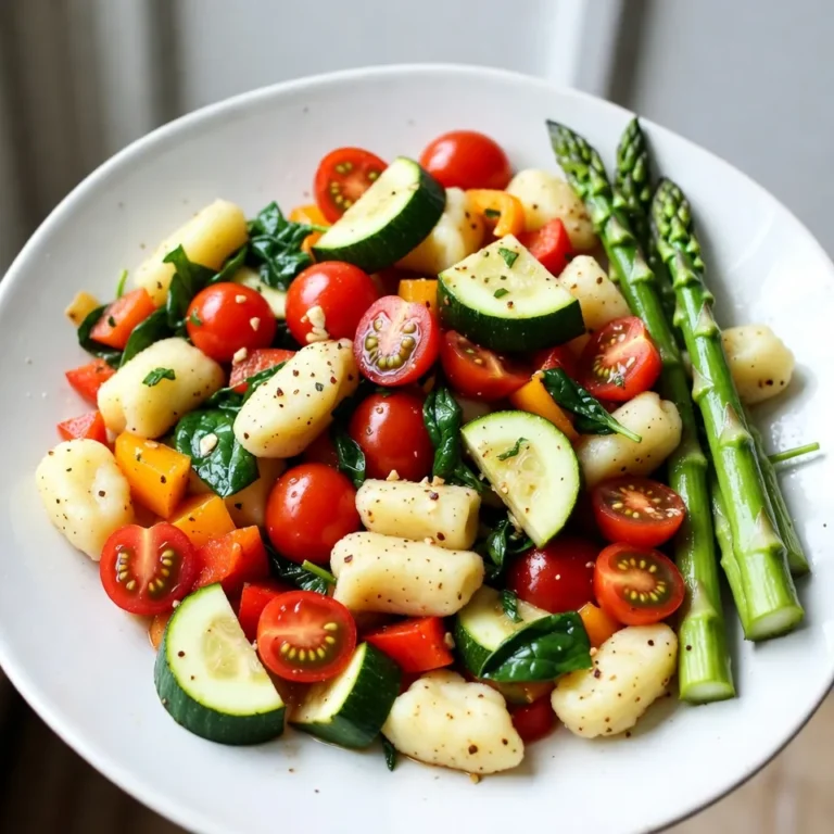 - 1 package (16 oz) potato gnocchi - 1 cup cherry tomatoes, halved - 1 bell pepper, chopped - 1 medium zucchini, sliced - 1 cup asparagus, trimmed - 1 cup fresh baby spinach - 3 cloves garlic, minced - 2 tablespoons extra virgin olive oil - 1 teaspoon Italian seasoning blend - Salt and pepper - 1/4 cup grated Parmesan cheese (optional) - Fresh basil leaves for garnish Gather these ingredients to make your one-pan gnocchi primavera. The gnocchi are the star here, soft and fluffy. Cherry tomatoes add a sweet burst. The bell pepper gives crunch and color. Zucchini brings a mild taste that works well. Asparagus adds a nice green touch, while spinach wilts down to add more nutrients. The seasonings elevate the dish. Garlic gives a lovely aroma. Three cloves will do the trick. Extra virgin olive oil adds richness and helps cook the veggies. Italian seasoning brings warmth and depth. A sprinkle of salt and pepper boosts all the flavors. For those who love cheese, adding Parmesan can make it even better. Finally, fresh basil leaves on top give a bright finish. Using fresh, high-quality ingredients makes a big difference in taste. So, choose ripe tomatoes and vibrant greens. Your one-pan meal will shine with fresh flavors! {{ingredient_image_2}} First, find a large skillet. Heat two tablespoons of extra virgin olive oil over medium heat. Once the oil shimmers, add three cloves of minced garlic. Sauté the garlic for about thirty seconds. You want it fragrant but not brown. Next, add your chopped bell pepper, sliced zucchini, and cut asparagus. Stir these veggies for five to seven minutes. They should be tender and bright. This step brings out their natural flavors and colors. Now it’s time to add flavor! Toss in one cup of halved cherry tomatoes and one package of potato gnocchi. Stir everything together gently. Season the mix with one teaspoon of Italian seasoning, salt, and pepper to taste. This blend really ties the dish together. Pour in half a cup of water or vegetable broth. This will help cook the gnocchi. Cover the skillet with a lid and let it simmer for about five minutes. You want the gnocchi to puff up and become fluffy. After the gnocchi are ready, remove the lid. Fold in one cup of fresh baby spinach and stir gently. The spinach will wilt quickly and add a lovely green touch to your dish. Enjoy the bright flavors and the ease of this one-pan meal! To get the best gnocchi, watch the cooking time. You want them soft but not mushy. Cook for about 5 minutes after adding them to the skillet. If you see them floating, they are ready. Keep your veggies bright and crunchy by sautéing them just right. Don’t overcook them! The bell pepper and zucchini should stay colorful and firm. Stir them often and add them in this order: bell pepper, zucchini, and asparagus. You can make this dish even tastier with different seasonings. Try adding red pepper flakes for heat or lemon zest for brightness. Don't be shy to experiment! For protein lovers, add cooked chicken or shrimp. Just toss them in the skillet with your veggies. They will soak up all the lovely flavors. For a lovely dish, serve the gnocchi in deep bowls. Drizzle some extra olive oil on top. A sprinkle of Parmesan cheese adds a nice touch. Garnish with fresh basil leaves. They not only look great but also add a fresh taste. Enjoy making this meal as beautiful as it is delicious! Pro Tips Choosing Your Veggies: Feel free to mix and match your favorite seasonal vegetables for a personalized touch and added nutrition. Gnocchi Cooking Time: Keep an eye on the gnocchi as they cook; they are ready when they float to the surface of the liquid. Herb Variations: Experiment with different herbs like thyme or oregano to create unique flavor profiles in your dish. Make Ahead: You can prepare the vegetables in advance and store them in the fridge, making dinner prep quicker on busy nights. {{image_4}} You can change up the veggies in this dish for a fresh taste. Use seasonal vegetables like butternut squash in fall or peas in spring. You can also add more greens for nutrition. Try kale or broccoli for a nice crunch. Different colors make the dish look great. Bright orange carrots or purple eggplant can really pop! If you want a vegan dish, skip the cheese. Use vegetable broth instead of water for flavor. You can also make this dish gluten-free. Just choose gluten-free gnocchi. For low-carb options, switch to cauliflower gnocchi. This keeps the dish light but still filling. Everyone can enjoy it no matter their diet! For extra flavor, think about adding sauces. A light broth-based sauce keeps it fresh. If you like creamy sauces, try a bit of heavy cream. You can also mix in pesto for a rich taste. This will give your gnocchi primavera a whole new twist! Choose the sauce that suits your mood. To keep your gnocchi fresh, store it in an airtight container. Place it in the fridge right after your meal. It stays good for up to three days. When reheating, use a skillet over low heat. Add a splash of water or broth to keep it moist. Stir gently until heated through for the best flavor. You can freeze leftover gnocchi primavera. First, let the dish cool down. Then, place it in a freezer-safe container. Make sure to leave some space for expansion. This dish stays fresh for about two months. To thaw, move it to the fridge overnight. Reheat it in a skillet with a bit of water. This helps maintain its soft texture. For easy meals, prep your ingredients ahead of time. Chop your veggies and store them in bags or containers. This way, you can quickly throw them in the pan on busy nights. You can also cook the gnocchi in advance. Just store them separately from the veggies. When you are ready, combine and heat for a fast, tasty meal. I recommend using potato gnocchi for this dish. You can find it in any store. Look for a package labeled "potato gnocchi" in the pasta aisle. If you want to make it from scratch, that’s great too. Homemade gnocchi can add a special touch. Just keep the dough light and fluffy for the best results. One-pan gnocchi primavera lasts about three to four days in the fridge. Make sure to store it in an airtight container. Signs of spoilage include a bad smell or mold. If you see either, it’s best to throw it away. Always trust your senses when it comes to food safety. Yes, you can make this dish ahead of time. Prepare all the veggies and gnocchi as normal. Store them in the fridge, but don’t add the spinach until you are ready to serve. When you're ready, just heat it up and add the spinach. This way, it stays fresh and colorful. Enjoying a quick meal has never been easier! This recipe for one-pan gnocchi primavera highlights fresh veggies and simple steps. You learned about the key ingredients, cooking methods, and ways to personalize your dish. Remember, you can swap vegetables and adjust seasonings to suit your taste. Feel free to store leftovers for quick meals. Making this dish in advance can save time throughout your week. With these tips, you can create a colorful and tasty meal that will please everyone. Enjoy experimenting and making it your own!