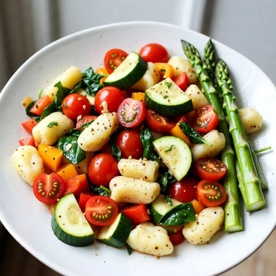 - 1 package (16 oz) potato gnocchi - 1 cup cherry tomatoes, halved - 1 bell pepper, chopped - 1 medium zucchini, sliced - 1 cup asparagus, trimmed - 1 cup fresh baby spinach - 3 cloves garlic, minced - 2 tablespoons extra virgin olive oil - 1 teaspoon Italian seasoning blend - Salt and pepper - 1/4 cup grated Parmesan cheese (optional) - Fresh basil leaves for garnish Gather these ingredients to make your one-pan gnocchi primavera. The gnocchi are the star here, soft and fluffy. Cherry tomatoes add a sweet burst. The bell pepper gives crunch and color. Zucchini brings a mild taste that works well. Asparagus adds a nice green touch, while spinach wilts down to add more nutrients. The seasonings elevate the dish. Garlic gives a lovely aroma. Three cloves will do the trick. Extra virgin olive oil adds richness and helps cook the veggies. Italian seasoning brings warmth and depth. A sprinkle of salt and pepper boosts all the flavors. For those who love cheese, adding Parmesan can make it even better. Finally, fresh basil leaves on top give a bright finish. Using fresh, high-quality ingredients makes a big difference in taste. So, choose ripe tomatoes and vibrant greens. Your one-pan meal will shine with fresh flavors! {{ingredient_image_2}} First, find a large skillet. Heat two tablespoons of extra virgin olive oil over medium heat. Once the oil shimmers, add three cloves of minced garlic. Sauté the garlic for about thirty seconds. You want it fragrant but not brown. Next, add your chopped bell pepper, sliced zucchini, and cut asparagus. Stir these veggies for five to seven minutes. They should be tender and bright. This step brings out their natural flavors and colors. Now it’s time to add flavor! Toss in one cup of halved cherry tomatoes and one package of potato gnocchi. Stir everything together gently. Season the mix with one teaspoon of Italian seasoning, salt, and pepper to taste. This blend really ties the dish together. Pour in half a cup of water or vegetable broth. This will help cook the gnocchi. Cover the skillet with a lid and let it simmer for about five minutes. You want the gnocchi to puff up and become fluffy. After the gnocchi are ready, remove the lid. Fold in one cup of fresh baby spinach and stir gently. The spinach will wilt quickly and add a lovely green touch to your dish. Enjoy the bright flavors and the ease of this one-pan meal! To get the best gnocchi, watch the cooking time. You want them soft but not mushy. Cook for about 5 minutes after adding them to the skillet. If you see them floating, they are ready. Keep your veggies bright and crunchy by sautéing them just right. Don’t overcook them! The bell pepper and zucchini should stay colorful and firm. Stir them often and add them in this order: bell pepper, zucchini, and asparagus. You can make this dish even tastier with different seasonings. Try adding red pepper flakes for heat or lemon zest for brightness. Don't be shy to experiment! For protein lovers, add cooked chicken or shrimp. Just toss them in the skillet with your veggies. They will soak up all the lovely flavors. For a lovely dish, serve the gnocchi in deep bowls. Drizzle some extra olive oil on top. A sprinkle of Parmesan cheese adds a nice touch. Garnish with fresh basil leaves. They not only look great but also add a fresh taste. Enjoy making this meal as beautiful as it is delicious! Pro Tips Choosing Your Veggies: Feel free to mix and match your favorite seasonal vegetables for a personalized touch and added nutrition. Gnocchi Cooking Time: Keep an eye on the gnocchi as they cook; they are ready when they float to the surface of the liquid. Herb Variations: Experiment with different herbs like thyme or oregano to create unique flavor profiles in your dish. Make Ahead: You can prepare the vegetables in advance and store them in the fridge, making dinner prep quicker on busy nights. {{image_4}} You can change up the veggies in this dish for a fresh taste. Use seasonal vegetables like butternut squash in fall or peas in spring. You can also add more greens for nutrition. Try kale or broccoli for a nice crunch. Different colors make the dish look great. Bright orange carrots or purple eggplant can really pop! If you want a vegan dish, skip the cheese. Use vegetable broth instead of water for flavor. You can also make this dish gluten-free. Just choose gluten-free gnocchi. For low-carb options, switch to cauliflower gnocchi. This keeps the dish light but still filling. Everyone can enjoy it no matter their diet! For extra flavor, think about adding sauces. A light broth-based sauce keeps it fresh. If you like creamy sauces, try a bit of heavy cream. You can also mix in pesto for a rich taste. This will give your gnocchi primavera a whole new twist! Choose the sauce that suits your mood. To keep your gnocchi fresh, store it in an airtight container. Place it in the fridge right after your meal. It stays good for up to three days. When reheating, use a skillet over low heat. Add a splash of water or broth to keep it moist. Stir gently until heated through for the best flavor. You can freeze leftover gnocchi primavera. First, let the dish cool down. Then, place it in a freezer-safe container. Make sure to leave some space for expansion. This dish stays fresh for about two months. To thaw, move it to the fridge overnight. Reheat it in a skillet with a bit of water. This helps maintain its soft texture. For easy meals, prep your ingredients ahead of time. Chop your veggies and store them in bags or containers. This way, you can quickly throw them in the pan on busy nights. You can also cook the gnocchi in advance. Just store them separately from the veggies. When you are ready, combine and heat for a fast, tasty meal. I recommend using potato gnocchi for this dish. You can find it in any store. Look for a package labeled "potato gnocchi" in the pasta aisle. If you want to make it from scratch, that’s great too. Homemade gnocchi can add a special touch. Just keep the dough light and fluffy for the best results. One-pan gnocchi primavera lasts about three to four days in the fridge. Make sure to store it in an airtight container. Signs of spoilage include a bad smell or mold. If you see either, it’s best to throw it away. Always trust your senses when it comes to food safety. Yes, you can make this dish ahead of time. Prepare all the veggies and gnocchi as normal. Store them in the fridge, but don’t add the spinach until you are ready to serve. When you're ready, just heat it up and add the spinach. This way, it stays fresh and colorful. Enjoying a quick meal has never been easier! This recipe for one-pan gnocchi primavera highlights fresh veggies and simple steps. You learned about the key ingredients, cooking methods, and ways to personalize your dish. Remember, you can swap vegetables and adjust seasonings to suit your taste. Feel free to store leftovers for quick meals. Making this dish in advance can save time throughout your week. With these tips, you can create a colorful and tasty meal that will please everyone. Enjoy experimenting and making it your own!