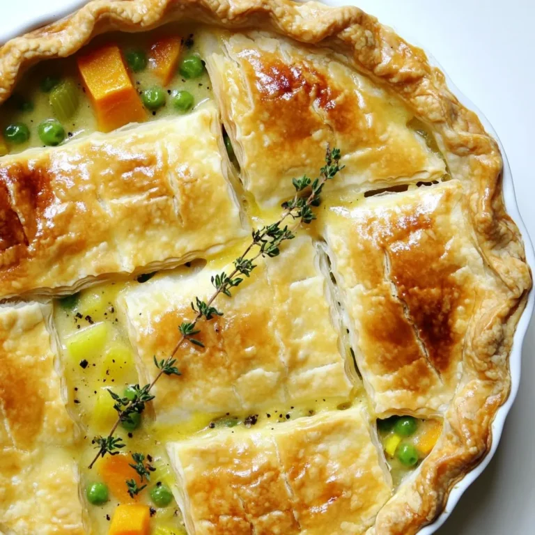To make a tasty winter veggie pot pie, you need: - 1 tablespoon olive oil - 1 medium onion, finely diced - 2 cloves garlic, minced - 2 medium carrots, peeled and diced - 2 celery stalks, diced - 1 medium potato, peeled and cut into small cubes - 1 cup frozen peas - 1 cup butternut squash, peeled and diced - 1 teaspoon dried thyme - 1 teaspoon dried rosemary - 1 cup vegetable broth - 1 cup unsweetened almond milk (or regular milk) - 1 tablespoon cornstarch mixed with 2 tablespoons water (slurry) - Salt and freshly ground black pepper to taste - 1 sheet of puff pastry or a pie crust, thawed - 1 egg, beaten (for egg wash, optional) These ingredients create a hearty filling. They come together to warm you up on cold days. You can change things up with these optional ingredients: - Mushrooms for a rich flavor - Spinach or kale for added greens - Sweet potatoes for a sweeter taste - Peppers for color and crunch Feel free to swap or add vegetables based on what you have. This pot pie can be your canvas. Good seasoning makes a big difference. Here are some tips: - Use fresh herbs if you can find them. They add bright flavors. - A pinch of nutmeg gives warmth to the filling. - Try adding a splash of soy sauce for depth. - For a kick, a dash of hot sauce works well. Seasoning is key for making your winter veggie pot pie pop. Don’t be afraid to taste and adjust! {{ingredient_image_2}} First, gather all your ingredients. You will need: - 1 tablespoon olive oil - 1 medium onion, finely diced - 2 cloves garlic, minced - 2 medium carrots, peeled and diced - 2 celery stalks, diced - 1 medium potato, peeled and cut into small cubes - 1 cup frozen peas - 1 cup butternut squash, peeled and diced - 1 teaspoon dried thyme - 1 teaspoon dried rosemary - 1 cup vegetable broth - 1 cup unsweetened almond milk (or regular milk) - 1 tablespoon cornstarch mixed with 2 tablespoons water (slurry) - Salt and freshly ground black pepper to taste - 1 sheet of puff pastry or a pie crust, thawed - 1 egg, beaten (for egg wash, optional) Chop the veggies first. This makes cooking easier and faster. Dice the onion, garlic, carrots, celery, and potato. Set them aside. Heat your skillet over medium heat. Add the olive oil and let it warm up. Once hot, add the onion and garlic. Sauté until the onion is soft, about 3-4 minutes. Now, toss in the carrots, celery, and potato. Cook these for about 5-7 minutes. You want them to soften but not get mushy. After that, add the butternut squash and frozen peas. Sprinkle in the thyme and rosemary. Stir everything together for 2 more minutes. Next, pour in the vegetable broth and almond milk. Mix well and bring it to a gentle simmer. This should take about 2-3 minutes. Once simmering, stir in the cornstarch slurry. Keep stirring until the filling thickens, about 2 minutes. Taste it and add salt and pepper to your liking. Transfer the filling to a greased pie dish. Spread it evenly. Now, take your puff pastry or pie crust and cover the filling. Trim any excess from the edges. Cut slits in the top to let steam escape. If you want a shiny finish, brush the beaten egg over the pastry. This step is optional but adds a nice touch. Now, place the pot pie in your preheated oven at 400°F (200°C). Bake for 25-30 minutes. Keep an eye on it. You want the crust to be golden brown and puffed up. When it's done, remove the pot pie from the oven. Let it cool for a few minutes before serving. This helps the filling set. Enjoy your hearty winter veggie pot pie! To get that perfect golden crust, follow these simple steps. First, make sure your oven is preheated to the right temperature, 400°F (200°C). This heat helps the pastry rise and turn golden. Before baking, brush the top of the crust with beaten egg. This gives a nice shine and color. If you want a crispier crust, keep an eye on your pot pie. Bake it until it's puffed and golden brown, usually 25 to 30 minutes. You can easily make this pot pie vegan. Swap the butter or egg wash for plant-based milk. Use a vegan pie crust instead of puff pastry. For a gluten-free option, choose a gluten-free pie crust. Make sure to check all your ingredients, like vegetable broth and cornstarch, to ensure they are gluten-free. This way, everyone can enjoy your hearty dish. To enhance the taste of your winter veggie pot pie, think about adding fresh herbs. Fresh thyme or parsley can lift the flavors. You can also mix in a splash of soy sauce or nutritional yeast for a savory depth. Consider adding a pinch of smoked paprika or chili flakes if you like a bit of heat. These flavor boosters can make your pot pie stand out even more. Pro Tips Use Seasonal Veggies: Incorporate whatever seasonal vegetables you have on hand for the freshest flavors and textures. Thicken Wisely: If you prefer a thicker filling, increase the cornstarch slightly or allow the mixture to simmer longer before adding it to the pie crust. Golden Crust: For an extra golden crust, brush the puff pastry with a mixture of beaten egg and a splash of milk before baking. Rest Before Serving: Let the pot pie rest for about 10 minutes after baking to allow the filling to set, making it easier to serve. {{image_4}} You can swap in any veggies you love. For spring, try asparagus or peas. In summer, zucchini and bell peppers shine. Fall brings hearty roots like parsnips and sweet potatoes. Winter is perfect for kale or Brussels sprouts. Just remember to cut them small. This way, they cook evenly and blend well in the pie. Adding protein boosts the pie's heartiness. Firm tofu works great. Just cube it and sauté with the onions. Another option is lentils. Cook red or green lentils until soft, then mix them in. This adds texture and makes the dish filling. Both options keep the pot pie healthy and satisfying. You can choose different crusts for your pot pie. If you need gluten-free, look for almond or rice flour crusts. These give a nice crunch and flavor. Whole wheat crust is another option. It adds a nutty taste and more fiber. Feel free to experiment with store-bought or homemade crusts. Each choice changes the dish in fun ways. After you enjoy your pot pie, let it cool down first. Place any leftovers in an airtight container. This keeps the filling fresh and prevents the crust from getting soggy. You can store it in the fridge for up to three days. If you want to save it longer, freezing is a great option. To freeze your winter veggie pot pie, follow these steps: - Make sure the pot pie is completely cool. - Wrap it tightly in plastic wrap or aluminum foil. - Place it in a freezer-safe container or bag. This way, it can stay good for up to three months. When you want to eat it, thaw it in the fridge overnight before reheating. When you are ready to enjoy your pot pie again, reheat it in the oven. Preheat the oven to 350°F (175°C). Remove any plastic wrap or foil before placing it in the oven. Bake for about 20-25 minutes, or until it is heated through. This method keeps the crust crispy and the filling warm. If you are in a hurry, you can use a microwave, but the crust may not be as crispy. Enjoy your comforting meal! Yes, you can use fresh vegetables! Fresh veggies add great taste and texture. Just make sure to chop them into small pieces. This helps them cook evenly. You may need to adjust the cooking time slightly. Fresh carrots, peas, and butternut squash work well. The pot pie is done when the crust is golden brown. You should see the filling bubbling through the slits. Bake it for 25-30 minutes at 400°F (200°C). Keep an eye on it during the last few minutes. If the crust browns too fast, cover it with foil. Absolutely! You can make the filling a day early. Just cool it down and store it in the fridge. When you’re ready to bake, spread the filling in the pie dish. Then, add the crust and bake as usual. This saves time and keeps your meal stress-free. You now have all the tools to make a great winter veggie pot pie. We covered key ingredients, cooking steps, and tips for a golden crust. Don’t forget to explore variations for added fun. When you store leftovers, you help keep your dish fresh for later. I hope you feel inspired to create your own pot pie masterpiece. Enjoy the warm flavors and the smiles it brings!