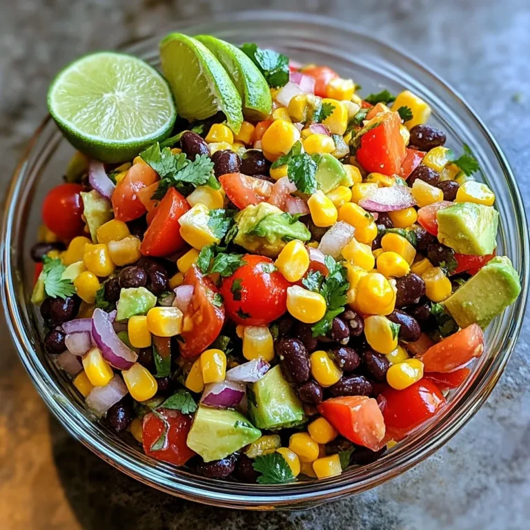 - 1 can (15 oz) black beans, rinsed and drained - 1 cup corn (choose between fresh, frozen, or canned) - 1 red bell pepper, finely diced - 1 small red onion, finely chopped - 1 cup cherry tomatoes, halved - 1 ripe avocado, diced - 1/4 cup fresh cilantro, finely chopped The black beans form a hearty base. They give protein and fiber. Corn adds sweetness and crunch. You can use fresh, frozen, or canned corn based on what you have. The red bell pepper brings a bright flavor and color. The small red onion gives a nice bite. Cherry tomatoes add juiciness and a pop of flavor. The ripe avocado provides creaminess and makes the dish rich. Finally, fresh cilantro adds a burst of freshness. - Juice from 2 limes, freshly squeezed - 2 tablespoons olive oil - 1 teaspoon ground cumin - 1/2 teaspoon smoked paprika - Salt and freshly ground black pepper, to taste The dressing is key in this recipe. Lime juice gives a zesty kick. Olive oil adds smoothness and richness. Ground cumin brings warmth and depth. Smoked paprika adds a subtle smoky flavor. Adjust salt and pepper to your taste. - 1 jalapeño, finely chopped (for an added kick) If you like spice, adding jalapeño is a great choice. It gives heat and flavor. Adjust how much you use based on your spice level. {{ingredient_image_2}} - Mixing the base ingredients In a large bowl, add the rinsed black beans, corn, diced red bell pepper, and halved cherry tomatoes. Stir gently to mix these ingredients well. - Adding the onion and avocado Next, carefully add the finely chopped red onion and diced avocado. Be gentle so you keep the avocado pieces whole. This keeps the salad fresh and pretty. - Incorporating optional jalapeño If you want some heat, now is the time to add the finely chopped jalapeño. You can adjust the amount based on how spicy you like your food. - Whisking together the dressing ingredients In a small bowl, whisk the freshly squeezed lime juice, olive oil, ground cumin, smoked paprika, and a pinch of salt and pepper. Mix until everything is well combined. This dressing adds a zing to the salad. - Drizzling and tossing the salad Drizzle the dressing over the salad mixture. Toss gently to coat all the ingredients. Be careful not to mash the avocado, so it stays intact. Add the chopped cilantro and fold it in. Taste the salad and adjust the seasoning with more salt and pepper if needed. Let the salad rest for at least 10 minutes. This allows the flavors to blend and taste even better. Serve it in a large glass bowl for a colorful display. A garnish of cilantro and lime wedges adds a festive touch. To keep avocado from browning, use lime juice. The acid slows down oxidation. You can also store it in an airtight container. Cover it with plastic wrap, pressing it against the surface. To ensure even seasoning, mix your dressing well. Whisk the lime juice, olive oil, cumin, and paprika until smooth. Taste the dressing first. Adjust salt and pepper as needed before adding it to the salad. For a creative presentation, serve the salad in a large glass bowl. This showcases the bright colors of the ingredients. Garnish with extra cilantro and lime wedges for a festive touch. Pair this salad with proteins like grilled chicken or shrimp. The fresh flavors complement hearty meals well. You can also serve it as a side dish for tacos or burritos. To add more flavor, consider extra spices like chili powder or garlic powder. Start with a small amount. You can always add more. If you like heat, adjust the jalapeño. Add more for a spicier kick. Removing the seeds also helps control the heat level. Pro Tips Freshness Matters: Use fresh ingredients whenever possible, especially the corn and tomatoes, to enhance the flavor and texture of the salad. Perfect Avocado: Choose ripe avocados that yield slightly to pressure for the best creaminess without being overly mushy. Chill for Flavor: Refrigerate the salad for 30 minutes before serving. Chilling allows the flavors to meld together beautifully. Customization: Feel free to customize this salad with other ingredients like diced cucumbers or black olives for added flavor and texture. {{image_4}} If you want to switch things up, try different beans. Kidney beans or pinto beans work great. If you want more texture, black-eyed peas are a fun choice too. For corn, you can use fresh corn on the cob, sweet frozen corn, or canned corn. Each type brings its own taste and crunch. You can also change the dressing. A vinegar-based dressing adds a nice tang. Try apple cider vinegar or red wine vinegar. Adding fresh herbs like basil or parsley gives the salad a new twist. You can also sprinkle in spices like chili powder or garlic powder for extra flavor. This salad is easy to make vegan. Simply ensure that your dressing is free from animal products. For gluten-free options, check that all your ingredients are certified gluten-free. This makes the salad suitable for many diets while keeping it delicious and fresh. To store leftovers of your Fiesta Black Bean Corn Salad, place it in an airtight container. This keeps it fresh and prevents odors from other foods. I recommend using glass containers. They are sturdy and do not stain. Plus, it's easy to see the salad inside! This vibrant salad lasts about 3 to 5 days in the fridge. It may lose some crunch over time, but the flavors still shine. Just remember to check for any signs of spoilage before enjoying it again. You can freeze black bean corn salad, but it's not the best choice. The texture of the vegetables may change after thawing. If you still want to freeze it, store it in a freezer-safe container. Just know it may be better to enjoy it fresh! How to make black bean corn salad spicier? To give your salad some heat, add jalapeño. Chop it finely and mix it in. Start with a small amount to test the spice level. You can always add more! Can I use canned corn instead of fresh corn? Yes, you can use canned corn. Just rinse it well before adding to the salad. This saves time and still tastes great. What are the health benefits of this salad? This salad is packed with nutrients! Black beans are high in protein and fiber. Corn adds vitamins and antioxidants. Avocado gives healthy fats, while veggies boost flavor and health. Is this salad good for meal prep? Absolutely! This salad is perfect for meal prep. It keeps well in the fridge for a few days. Just store it in an airtight container. How many servings does the recipe yield? This recipe yields about 4 to 6 servings. It’s enough to share with friends or enjoy throughout the week. What other vegetables can I add to this salad? You can add many veggies! Try diced cucumbers, chopped carrots, or even corn salsa for more flavor. Get creative and use what you like. Can I add cheese to the salad? Yes, cheese can be a tasty addition! Feta or cotija cheese adds creaminess and a salty kick. Just sprinkle some on top before serving. This blog post covered how to make a delicious black bean corn salad. We discussed the key ingredients, dressing, and optional additions. You learned step-by-step instructions for preparation and serving, plus helpful tips and variations. Remember, you can tailor the salad to your taste and dietary needs. It’s easy to store and perfect for meal prep. Enjoy this fresh and vibrant dish knowing it’s packed with nutrients and flavor. Try it today and impress your family and friends!