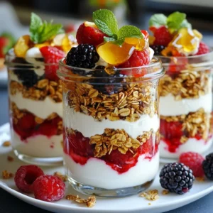 To make delicious Greek yogurt parfait jars, gather these simple ingredients: - 2 cups Greek yogurt (plain or flavored) - 1 cup granola (a nutty blend is great) - 1 cup mixed berries (strawberries, blueberries, raspberries) - 2 tablespoons honey or maple syrup (for sweetening) - 1 teaspoon vanilla extract (optional, for flavor) - A pinch of ground cinnamon (optional, for warmth) - Fresh mint leaves (for garnish) You can swap ingredients based on what you have or prefer. - Use non-dairy yogurt for a vegan option. - Choose any granola you love; look for nut-free blends if needed. - Try agave syrup or coconut sugar instead of honey. - Substitute fresh berries with dried fruits or applesauce for sweetness. - Omit vanilla and cinnamon if you prefer a lighter flavor. Fresh berries taste great and add color. They are juicy and sweet. Frozen berries work well too. They are convenient and easy to use. Just thaw them before adding. Both types will give your parfaits a fruity kick. Choose what you enjoy most! {{ingredient_image_2}} Start by rinsing the mixed berries gently under cool water. Pat them dry with a paper towel to avoid excess water. If you use strawberries, slice them into halves or quarters. This helps with even layering and makes the parfait look pretty. In a mixing bowl, add the Greek yogurt. You can use plain yogurt or a flavored one, depending on what you like. Mix in the honey or maple syrup for sweetness. If you want to boost the taste, add the vanilla extract. Stir until everything is smooth. If you like, sprinkle a pinch of ground cinnamon to add warmth and depth to the flavor. Take clean glass jars or cups, each about eight ounces in size. Start by spooning in about 1/4 cup of the creamy yogurt into the bottom as your first layer. - Tips for Even Layers For a great texture, sprinkle about 2 tablespoons of nutty granola on top of the yogurt. This adds a nice crunch. Next, layer in about 1/3 cup of mixed berries over the granola. Use a mix of strawberries, blueberries, and raspberries for a colorful look. Repeat these layers until you fill the jar. Aim for two to three layers. The top layer should be yogurt, topped with a few berries for a beautiful finish. For extra sweetness, drizzle more honey or maple syrup on top. Finally, add fresh mint leaves for color and a refreshing scent. Chill the parfaits for about 30 minutes in the fridge if you prefer a cool treat. Enjoy your delicious Greek yogurt parfaits! To make your Greek yogurt parfait jars shine, serve them on a nice platter. A wooden or marble board adds a warm touch. You can also set out extra berries and nuts on the side. This way, guests can add more if they want. Use small spoons for easy digging into the jars. It makes eating fun and neat! The type of jar you use can change how your parfait looks. Clear glass jars show off the colorful layers. Mason jars are a popular choice and they hold a good amount. Small cups work well too for a more casual vibe. You can even use dessert bowls if you want something different. Just remember, the key is to show off those lovely layers! Garnishing adds flair to your parfaits. A drizzle of honey or maple syrup on top is always a hit. Fresh mint leaves give a nice pop of green and a fresh smell. You can also sprinkle a pinch of cinnamon for extra warmth. For a fun twist, add chocolate shavings or a few nuts on top. These little touches make your parfaits look even more inviting. Pro Tips Choose the Right Yogurt: Opt for a full-fat Greek yogurt for a creamier texture and richer flavor, or use a low-fat version if you're looking for a lighter option. Layer Strategically: For the best visual appeal, alternate colors and textures when layering the yogurt, granola, and berries. This not only looks good but enhances the eating experience. Mix and Match Flavors: Don&rsquo;t be afraid to experiment with different flavored yogurts or sweeteners like agave syrup. Each variation can give your parfait a unique twist. Make Ahead: Prepare your parfaits in advance and store them in the fridge. This allows the flavors to meld together and makes for a quick grab-and-go breakfast or snack. {{image_4}} You can change the taste of your parfaits in fun ways. Try adding cocoa powder for a chocolate twist. Mix in peanut butter for a nutty kick. You can also use flavored Greek yogurt for added sweetness. Vanilla, coconut, or lemon flavors work great. These changes make your parfaits unique and tasty. If you're short on berries, use apples or bananas instead. Both fruits add natural sweetness and fiber. For a crunchier texture, try seeds like pumpkin or sunflower seeds. Nuts like walnuts or almonds also add a nice crunch. If you're avoiding dairy, use coconut yogurt as a substitute. Using seasonal fruits can make your parfaits even better. In spring, try fresh strawberries and cherries. Summer is perfect for blueberries and peaches. In fall, add sliced apples and pears. Winter is great for citrus fruits like oranges and grapefruits. These fruits not only taste great but also make your parfaits colorful and fresh. To keep your Greek yogurt parfait jars fresh, store them in glass containers. Glass helps prevent odors and keeps flavors pure. Seal the jars tightly to avoid any spills. Always place them in the fridge, not on the counter. This keeps the yogurt cold and safe to eat. Greek yogurt parfaits stay fresh in the fridge for about 2 to 3 days. After that, the berries might lose their crunch. The yogurt can still be safe to eat, but the taste may change. Always check for any off smells or changes in texture before enjoying. You can freeze your Greek yogurt parfaits, but it&rsquo;s best to do so without the granola. Granola can get soggy when thawed. To freeze, layer yogurt and berries in a freezer-safe jar. Leave some space at the top, as the yogurt will expand. When ready to eat, thaw overnight in the fridge. Add fresh granola just before serving for the best crunch! Yes, you can make Greek yogurt parfaits ahead of time. I suggest preparing them the night before. This way, they can chill in the fridge overnight. This allows the flavors to mix well. Just keep the granola separate until you are ready to eat. This keeps it crunchy. If you want to skip honey or maple syrup, try using agave syrup. You can also use stevia or coconut sugar. These options add sweetness without changing taste much. You can even use mashed bananas for a natural sweetness. Adjust the amount based on your taste. Absolutely! You can make these parfaits gluten-free by choosing gluten-free granola. For a vegan option, use plant-based yogurt. Almond, coconut, or soy yogurt works well. You can also swap honey with agave syrup. This keeps your parfait tasty and suitable for your diet. In this article, we explored making delicious Greek yogurt parfaits. We discussed ingredients, substitutions, and the choice between fresh and frozen berries. Step-by-step, I guided you through preparation, mixing, and layering. We also covered tips for presentation and unique variations to try. Finally, I shared best practices for storage and answered common questions. Enjoy creating your parfaits! They are healthy, fun, and customizable. You can impress friends and family with your tasty creations. Dive in and enjoy every layer!