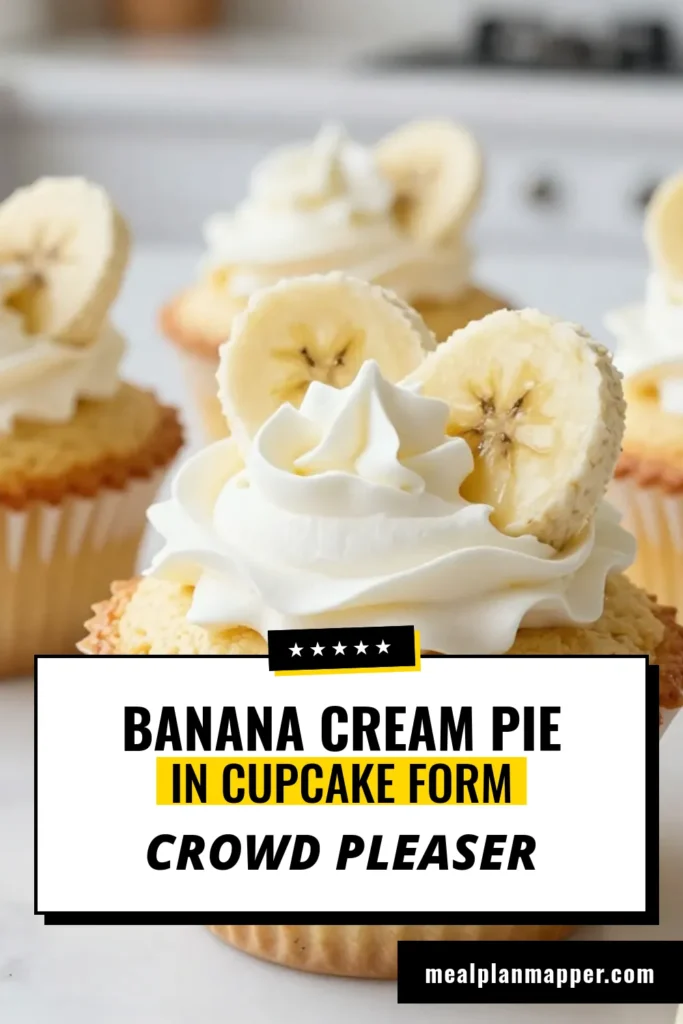 Indulge in these delightful Banana Cream Pie Cupcakes! This easy banana cupcake recipe transforms moist banana cupcakes into a scrumptious dessert topped with whipped cream. Perfect for any occasion, these homemade banana cupcakes are sure to impress your guests. Get ready to elevate your cupcake desserts with whipped cream and fresh banana slices on top. Try this recipe today and enjoy a sweet treat! #BananaCreamPieCupcakes #EasyBananaCupcakeRecipe #CupcakeDesserts #HomemadeCupcakes