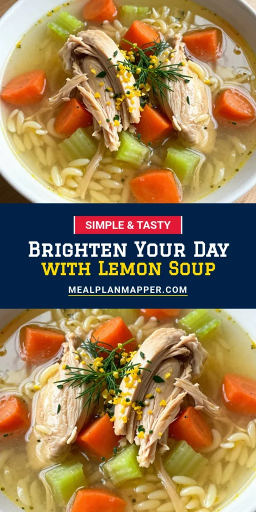 Discover the deliciously zesty Greek lemon chicken soup—a perfect blend of flavors in this easy lemon chicken soup recipe. Packed with healthy chicken soup with orzo, it's a Mediterranean chicken soup that the whole family will love. Enjoy the freshness of lemon, tender chicken, and orzo pasta in every bowl! Save this healthy recipe to brighten your meal prep today! #GreekLemonChickenSoup #ZestySoup #HealthyEating #MediterraneanRecipes